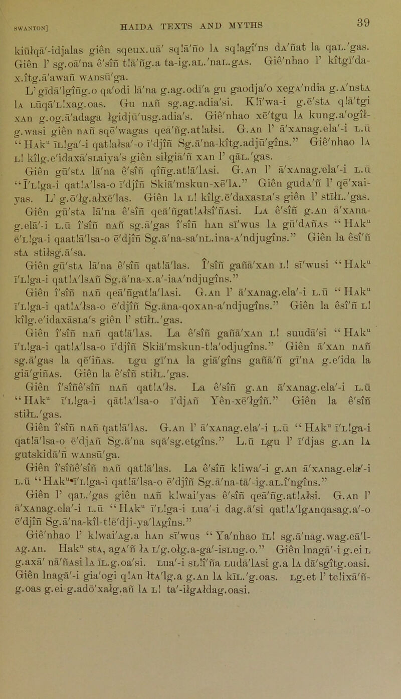 kintqa'-idjalas gien sqeux.uii' sqla'iTo 1a sqlagi'ns dA'nat la qaL. gas. Gien V sg.oa'na e'sm thl'ng.a ta-ig.aL.'naL.gAS. Gie/nhao 1’ kitgl'da- x.itg.a'awan wAiisu'ga. L’ gTda'lgifig.o qa'odi la'na g.ag.odi'a gii gaodja'o xegA'ndia g.A'nstA 1a Lilqa'idxag.oas. Gii iiAfi .sg.ag.adia'si. Kll'wa-i g.estA qlatgi xAii g.og.a'adaga }gidju'usg.adia'.s. Gie'nhao xe'tgu 1a kung.a'ogil- g.wasi gien iiAn sqe'wagas qea'fig.atlalsi. G.aii 1’ a'xAiiag.ela'-i e.u “ l-lAk iLlga'-i qat!alsa'-o I'djm Sg.a'na-kitg.adju'gms.” Gie'nhao 1a l! kilg.e'idaxa'sLai}'a's gien silgia'n xaii 1’ qaL.'gas. Gien gu'stA lii'na e'sin qihg.atla'lAsi. G.An 1’ a'xAnag.ela'-i l.u “I'ldga-i qatlA'lsa-o I'djin Skiil'mskun-xe'lA.” Gien gudA'h 1’qe'xai- yas. L’ g.o'lg.aixe'las. Gien 1a l! kilg.e'daxasLa's gien 1’ stltn.'gas. Gien gu'stA la'na e'siii qea'ngatlAhsi'nAsi. La e'sin g.Aii a'xAiia- g.ela'-i L.u I'sin nAfi sg.a'gas I'sin liAu si'wus La gu'dAfiAs HaIc e'Llga-i qaat!a'lsa-o e'djm Sg.a'na-sa'uL.ina-A'ndjugins.” Gien la esi'fi stA stilsg.fi'sa. Gien gu'stA la'na e'sin qatla'las. I'sm ganii'xAii l! si'wusi ‘HAk“ I'Llga-i qatlA'lsAn Sg.a'na-x.a'-iaA'ndjugins.” Gien i'sin iiAu {jea'ngatla'lAsi. G.aii 1’ a'xAnag.ela'-i L.u “ H.Ak“ i'Llga-i qatlA'Lsa-o e'djin Sg.ilna-qoxAii-a'ndjugius.” Gien la esi'n l! kilg.e'idaxiisLa's gien 1’ stilL.'gas. Gien I'sih iiAfi qatla'Us. La e'siii gafia'xAn l! suuda'si “ Ha1v“ I'Llga-i qatlA'Isa-o i'djiii Skia'mskun-tla'odjugins.” Gien a'xAii iiAii sg.a'gas la qe'iiiAs. Lgu gl'iiA la gia'gms ganii'fi gl'iiA g.e'ida la gifi'gihAS. Gien la e'siii stilx.'gas. Gien i'siiie'siii iiAii qatlA'ls. La e'siii g.An a'xAiiag.ela'-i L.u “ HaL I'Llga-i qatlA'lsa-o I'djAii Yen-xe'lgiii.” Gien la e'sin stilx.'gas. Gien i'sin iiAii qatla'Lvs. G.An 1’ ii'xAiiag.ela'-i L.u “ HAk“ I'Llga-i qatla'lsa-o e'djAii Sg.a'na sqa'sg.etgins.” L.u Lgu 1’ I'djas g.An 1a gutskida'ii wAiisu'ga. Gien i'siiie'siii nAii qatla'las. La e'siii kliwa'-i g.An a'xAnag.ela‘'-i L.u “HAk»i'Llgad qatla'lsa-o e'djiii Sg.a'na-ta'-ig.aL.i'ngins.” Gien 1’ qaL.'gas gien iiAii klwai'yas e'siii qea'iig.atlAlsi. G.An 1’ a'xAnag.ela'-i l.u “H.Ak“ I'Llga-i Lua'-i dag.a'si qatlA'lgAnqasag.a'-o e'djiii Sg. a'na-kil-1 le'dj i-j^a'lAgins. ” Gie'nhao 1’ klwai'Ag.a liAn si'wus “Ya'nhao IlI sg.a'nag.wag.ea'l- Ag.An. Hak stA, agA'ii 1a L'g.olg.a-ga'-isLug.o.” Gien Inaga'-i g.ei l g.axa' nil'iiAsi 1a iL.g.oa'si. Lua'-i sLli'iia Luda'lAsi g.a 1a da'sgitg.oasi. Gien Inaga'-i gia'ogi qlAii ItA'lg.a g.An 1a klL.'g.oas. Lg.et P tclixa'n- g.oas g.ei g.ado'xalg.aii 1a l1 ta'-ilgAldag.oasi.