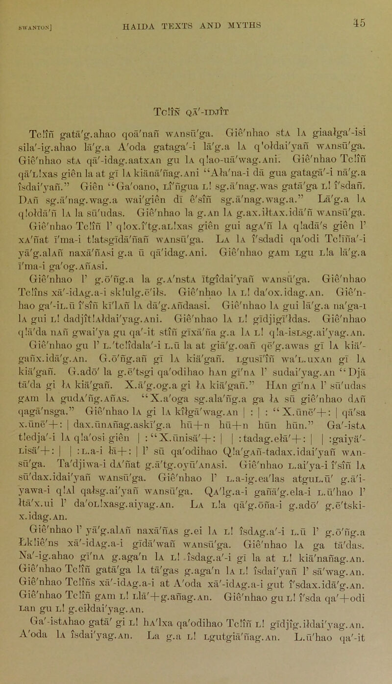 Tc!in qa'-idjit Tcliii gata'g.ahao qofi'nan wAnsu'ga. Gie'nhao stA 1a giaatga'-isi sila'-ig.ahao lil'g.a A'oda gataga'-i la'g.a 1a q'oWai'yan wAnsu'ga. Gie'nhao stA qa'-idag.aatxAn gu 1a qlao-ua'wag.Aiii. Gie'nhao Tclin qa'Llxas gien la at gl 1a kiiina'nag.Ani “Ala'na-i dfi gua gataga'-i na'g.a i^idai'3’ah.” Gien “Ga'oano, Li'rigua iJ sg.a'nag.was gata'ga l! I'sdah. DAfi sg.a'nag.wag.a wai'gien dl e'sifi sg.il'nag.wag.a.” La'g.a 1a qloldii'n 1a la su'udas. Gie'nhao la g.An 1a g.ax.iltAx.idil'n WAnsu'ga. (jie'nhao TcIiii 1’ qlox.i'tg.aLlxas gien gui ag.A'n 1a qiada's gien 1’ xA'nat I'ma-i tlatsgTdii'nan WAnsu'ga. La 1a I'sdadi qa'odi TclTiia'-i 3'a'g.alAu naxii'uAsi g.a u qa'idag.Ani. Gie'nhao gAin Lgu Lla la'g.a Tnia-i ga og.AiiAsi. Gie'nhao 1’ g.o'ng.a la g.A'nstA Itgidai'j^an WAnsu'ga. Gie'nhao Tclius xa'-idAg.a-i slvlulg.c'ils. Gie'nhao Lv l! da'ox.idag.An. Gie'n- hao ga'-in.u I'sifi ki'lAh 1a da'g.Andaasi. Gie'nhao 1a gui la'g.a na'ga-i 1a gui id dadjit!Aldai'3^ag.Aui. Gie'nhao 1a l! gldjigi'ldas. Gie'nhao qia'da iiAfi gwai'ya gu qa'-it stin glxa'na g.a 1a l! q!a-isLsg.ai'yag.An. Gie'nhao gu 1’ L.'tc!idala'-i l.u la at giil'g.oan qe'g.awas gl 1a kiii'- gafix.idfi'g.An. G.o'ng.an gl 1a kiil'gan. Lgusl'in wa'L.uxAn gl 1a kiil'gah. G.ado' la g.e'tsgi qa'odihao liAn gl'iiA 1’ sudai'yag.Aii “Dja tfi'da gi hv kiii'gan. X.a'g.og.a gi h\ kiii'gan.” Hau gl'nA 1’ su'udas gAin 1a gudA'ng.AUAS. “X.a'oga sg.ala'hg.a ga 1a su gie'nhao dAfi (lagiVnsga.” Gie'nhao 1a gi 1a kitga'wag.Aii | ; | : “X.une'-f-: | <ia'sa x.une'+: [ dax.ilnAnag.askl'g.a hu+n hu+n hun hun.” Ga'-istA t!odja'-i 1a qia'osi gien | : “X.unisa'+: | | : tadag.ehl'-f-: | | :gaiya'- Lisil'+: I I :L.a-i hi-|-: | I’ su qa'odihao Qla'gAil-tadax.idai'yan WAn- su'ga. Ta'djiwa-i dA'nat g.a'tg.03'u'AnAsi. Gie'nhao L.ai'ya-i I'sin 1a su'dax.idai'yan wAnsil'ga. Gie'nhao 1’ L.a-ig.ea'las atguL.u' g.Ti'i- 3^awa-i qlxl qatsg.ai'yan wAnsfi'ga. QA'lg.a-i gana'g.ela-i L.u'hao 1’ Ita'x.ui P da'oL!xasg.ai3'ag.An. La nla qa'g.ona-i g.ado' g.e'tski- X. idag.An. Gie'nhao P ya'g.alAfi naxa'nAS g.ei 1a l! isdAg.a'-i L.fi P g.o'ng.a Lklie'ns xii'-idAg.a-i gldii'wan WAnsu'ga. Gie'nhao 1a ga ta'das. Na'-ig.ahao gi'iiA g.aga'n 1a l! isdag.a'-i gi la at l! kiil'nanag.An. Gie'nhao Tclin gata'ga 1a ta'gas g.aga'n 1a l! isdai'yan P sa'wag.Aii. Gie'nhao Tcliiis xa'-idAg.a-i at A'oda xii'-idAg.a-i gut I'sdax.ida'g.An. Gie nhao Tclin gAm l! Lla'+g.anag.An. Gie'nhao gu l! I'sda qa'-fodi Lan gu l! g.eiWai'yag.An. Ga -istAhao gata' gi l! liA'lxa qa'odihao Tclih id gldjig.ildai'3'ag.An. A'oda 1a isdai'yag.An. La g.a id Lgutgia'nag.Aii. L.u'hao qa'-it