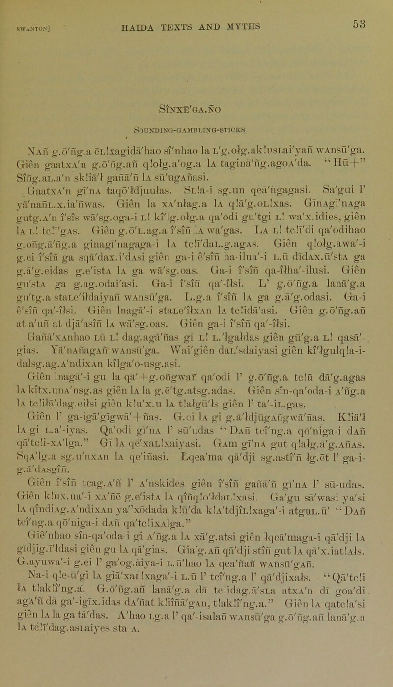 SixXE'OA.NO SOUNUING-G AMBLING-STICKS Nam g.o'fig.ii eiJxagidri'hao si'nhao la L'g.olg.ak!usLai'.yan wAnsu'ga. GiSn gaatxA'n g.o'ng.afi qlolg.a'og.a 1a tagiml'ng.agoA'da. “ Ilu+” Sing.aE.a'ii skliiL'-l gaila'fi 1a .su'ugAfiasi. GaatxA'n gfiiA taq5'kljuulas. Sida-i sg.un qea'ngagasi. Sa'giii 1’ ya'nafiux.ia'nwa.s. Gien la xA'nhig.a 1a qlfi'g.oidxas. GliiAgl'iiAga gutg.A'ii I'sis wa'sg.oga-i l! ki'lg.olg.a qa'odi gu'tgi l! wa'x.idles, gien 1a l! tcII'gAs. GiC'!! g.o'L.ag.a I'sifi 1a wa'gas. La id ttdl'di qa'odiliao g.ofig.a'fig.a ginagl'iiagaga-i Lv tell'daL.g.agAs. Gien q!oig.awa'-i g.ei I'sin ga .sqfi'dax.i'dAsi gii'ii ga-i e'sifi ha-ilua'-i L.u dTdAx.u'stA ga g.a'g.eidas g.e'istA 1a ga wa'sg.oa.s. Ga-i I'stn qa-ilha'-ilusi. Gien gfi'.stA ga g.ag.odai'asi. Ga-i I'siiT qa'-itsi. L’ g.o'ng.a lanfi'g.a gii'tg.a staLe'ildaivan wAnsu'ga. L.g.a I'siii Lv ga g.ii'g.odasi. Ga-i e'sifi qa'-ilsi. (lien Inaga'-i staLe'ilxAii 1a tcHda'asi. Gien g.o'ng.aii at a'lifi at dja'asin Lv wa'sg.oas. Gien ga-i I'sifi qa'-iisi. Gaiia'xAnhao Lu id dag.aga'nas gl id Ldlgaldas gien gu'g.a l! qasil'- gias. Yil'iiAiiagAn wAnsu'ga. Vdai'gien daidsdayyasi gien ki'}giilq!a-i- dalsg.ag.A'ndixAii kilga'o-usg.asi. Gien Inaga'-i gu la qa'+g.ongwan qa'odi 1’ g.o'ng.a tc!u dii'g.agas 1a kitx.uiu'nsg.as giiMi 1a la g.e'tg.atsg.adas. Gien sin-qa'oda-i A'ng.a 1a ttdila'dag.eilsi giCni klu'x.u Lv tlalgfi'l's gien 1’ ta'-iL.gas. (litMi L ga-iga'glgwa'-f-nas. (i.oi Lv gi g.a'JdjugAfigwa'nas. Klia'J Lv gi L.a'-iyas. Qa'odi gi'iiA L sfi'udas “ LYvn tei'ng.a qd'niga-i dAn qa'tcIi-xA'lga.” Gl 1a qe'xaLlxai^aisi. Gaiii gl'iiA gut qlatg.a'g.AfiAS. SiiA'lg.a sg.u'nxAti Lv qe'ifiasi. Lijea'ina qa'dji sg.asti'n Ig.et 1’ga-i- g.a'dAsgifi. GiC'ii i'sin tcag.A'n 1’ A'nskides gien i'sin gafifi'n gl'iiA 1’ su-iidas. Gien k!u.x.ua'-i XA'iie g.e'istA Lv ([inqlo'IdaLlxasi. Ga'gu sfl'wasi }ui'si Lv qindiAg.A'ndixAii jad’xddada klu'da klA'tdjiLixaga'-i atguL.Q' “ Dah tei'ng.a ((d'niga-i d.vn qa'tcIixAlga.” Gie'nbao sin-qa'oda-i gi A'fig.a Lv xa'g.atsi giCui }qea'niaga-i qa'dji Lv gldjig.T'ldasi gien gu 1a ijii'gias. Gia'g.An qa'dji stiii gut Lv qa'x.iatlAls. G.a}uiwa'-i g.ei P ga'og.ai^’a-i L.il'hao Lv qea'iian wAnsu'gAu. Na-i q!e-u'gi Lv gia'xaidxaga'-i l.u P tei'ng.a P qii'djixals. “Qa'tcli Lv tiakli'ng.a. G.d'iig.an lanfi'g.a da telidag.a'sLa atxA'n dl goa'di. ag^v'n da ga'-igix.idas dx'ilat Idiina'gAii, tiakli'ng.a.” (iiiui Lv qatcla'si gien Lv la ga ta'das. A'liao Lg.a P qa'-isalafi WAnsu'ga g.d'fig.afi lanil'g.a 1a tcli'dag.asi.aiyes sta a.