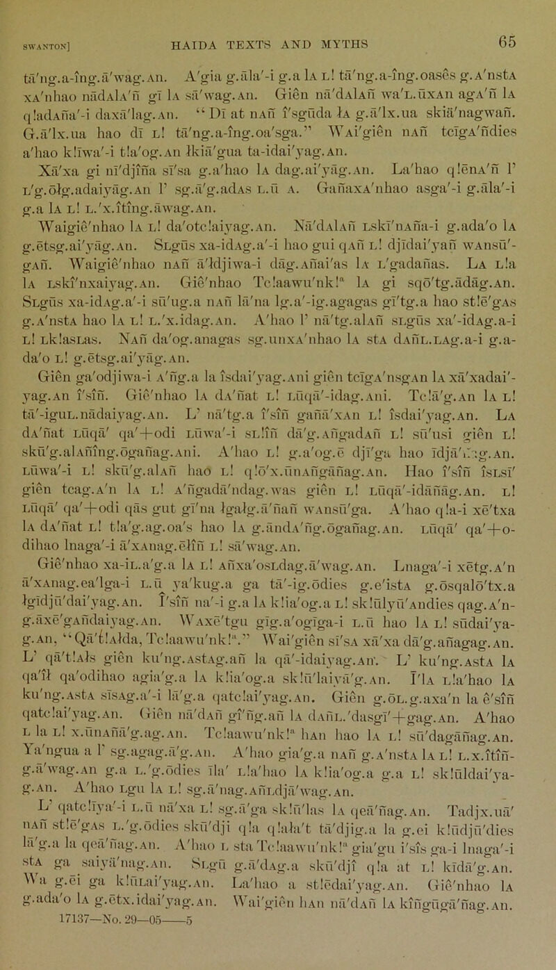 tiVng.a-ing.a'wag-.An. A'gia g.ala'-i g.a Lv l! ta'ng.a-mg.oases g.A'nstA xA'nhao naclAlA'ii gl 1a sa'wag.Aii. Gieii na'dAlAn wa'L.uxAn agA'n Lv q.'adAila'-i daxa'lag.Aii. “ Dl at iiAu I'sguda Ja g.ii'lx.ua skia'nagwan. G.a'lx.ua hao dl l! ta'ng.a-ing.oa'sga.” WAi'gien iiAfi tcIgA'ndies a'hao k!lwa'-i tla'og.An Ikia'gua ta-idai'yag.An. Xfi'xa gi ni'djina sfsa g.a'hao Lv dag.ai'yag.An. La'hao qlenA'ii 1’ Li'g.o}g.adai3’’iTg.An F sg.a'g.adAs d.u a. GanaxA'nhao asga'-i g.ala'-i g.a 1a l! L.'x.itmg.awag.Aii. Waigie'nhao Lv l! da'otcIaiyag.An. Na'dALvn Lskl'nAna-i g.ada'o 1a g.etsg.ai'yfig.An. SLgfis xa-idAg.a'-i hao gui qAu id djldai',yah wAnsu'- gAfl. Waigie'nhao iiAu ii'Mjiwa-i diig.Afiai'as 1a L'gadafias. La L!a Lv Lski'nxaiyag.Aii. Gie'nhao Tc!aawu'nk!“ 1a gi .sqo'tg.ildag.An. SLgus xa-idAg.a'-i su'ug.a ham Ifi'na Ig.a'-ig.agagas gl'tg.a hao stle'gAs g.A'nstA hao Lv n! L.'x.idag.An. A'hao F na'tg.aLvn si.gus xa'-idAg.a-i l! LklasLas. Nau da'og.anagas sg.un.xA'nhao 1a stA dAnn.LAg.a-i g.a- da'o l! g.etsg.ai'3'fig.An. Gien ga'odjiwa-i A'flg.a la isdai'^’ag.Aiii gien tcIgA'nsgAn 1a xii'xadai'- yag.AJi I'sin. Gie'nhao 1a dA'nat id uuia'-idag.Ani. TcIfi'g.An 1a l! ta'-iguL.nadaiyag.Aii. Id nfi'tg.a I'sifi gana'xAn id isdai'yag.An. La dA'nat Luqa' qa'+odi lAiwa'-i sidin da'g.AfigadAfi l! sfi'iisi gien l! sku'g.aLvning.oganag.Aiii. A'hao l! g.a'og.e dji'ga hao Idja'i/;g.An. Luwa'-i id sku'g.alAii hao l! qlo'x.finAnganag.An. liao I'sih isLsi' gien tcag.A'n Lv id A'ngada'ndag. was gien id Lfiqa'-idanag.An. l! Luqa' qa'+odi qas gut gi'na Igjidg.a'fian w.vnsu'ga. A'hao (jla-i xe'txa Lv dA'nat l! tla'g.ag.oa's hao Lv g.andA'ng.ogaiiag.An. Luqii' qa'+o- dihao Inaga'-i il'xAnag.elin id sa'wag.Aii. Gie'nhao xa-in.a'g.a 1a id Anxa'osLdag.a'wag.Aii. Lnaga'-i xetg.A'n a'xAiiag.ea'lga-i 3'a'kug.a ga tfi'-ig.odies g.e'istA g.osqalo'tx.a Igidju'dai'yag.Aii. I'sin na'-i g.a 1a klia'og.a l! skliilyfi'Andies qag.A'n- g.fixe'gAndaiyag.Aii. WAxe'tgu glg.a'ogiga-i L.O hao 1a id sudai'ya- g.An, ‘Qil {lAlda, 1 e!aawu'nk!“.” ai'gien si'sA xil'xa dii'g.anagag.An. L’ qa'tlAls gien ku'ng.AstAg.ah la qa'-idaiyag.AiV. L’ ku'ng.AstA 1a (la'il qa'odihao agia'g.a 1a klia'og.a sklu'laiya'g.An. T'Ia ida'hao 1a ku ng.AstA sISAg.a'-i la'g.a <iatc!ai'3’’ag.An. Gien g.oL.g.axa'n la e'sin qatelai'yag.Aii. Gien nfi'dAfi gi'fig.an Ia dAfiL.'dasgi'+gag.An. A'hao L la l! x.uiiAna g.ag.An. Fclaawu'nk! liAii hao Lv l! su'dagahag.Aii. 1 a'ngua a 1 sg.agag.a'g.An. A'hao gia'g.a iiAfl g.A'nstA 1a l! L.x.itih- g.a'wag.Aii g.a L.'g.odies Tla' ida'hao Lv klia'og.a g.a id skliildai'ya- g.An. A'hao Lgu 1a id sg.a'nag.Ani.dja'wag.An. L’ (latcllya'-i n.u na'xa l1 sg.fi'ga sklO'las Lv qea'nag.An. Tadjx.uri' iiAnstle'gAs L.'g.odies sku'dji qla qlala't tfi'djig.a la g.ei kludjil'dies la g.a la ijea nag.Aii. .V'hao l sta 'Fidaawu'nkl'' gia'gu i'sis ga-i lnaga'-i stA ga saiya'nag..ui. SLgu g.a'dAg.a sku'dji (jla at id kida'g.Aii. a g.ei ga kluLai'yag.Aii. La'hao a stledai'yag.Aii. Gie'nhao 1a g.adao Lv g.etx.idai'juig.An. Wai'girni liAii nfi'dAfi Lv kihgugil'nag.An. 171.37—No. 29—05 5