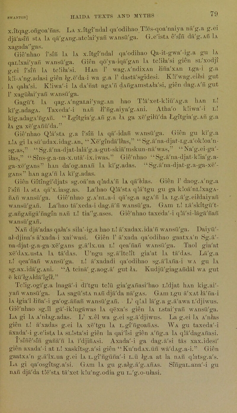 x.itqag.ongoa'nas. La x.itgi'ndal qa'odihao Tles-qoa'naiya nfi'g.a g.ei dja'asin stA 1a qa'gAiig.atdai'yan wAnsfi'ga. G.e'istA e'stii diVg.An 1a xagada'’ga.s. Gie'nhao I'sin 1a 1a x.itgi'ndal (la'odihao Qa-it-gwa'-ig.a gii 1a qaLlxai'van wAnsu'ga. Gion qo'A’a-iqii'gAn 1a tcHla'si gicn SEXodji g.ei I'sfn 1a tclila'si. Hah P Avag.A'ndixAii Jina'xAn Ega-i g.a k!i-A'ng.adasi glen Jg.e'da-i \va g.a P dastil'sgldesi. Kll'wag.eilsi gut 1a qaia'si. K!iwa'-i 1a dA'nat agA'n clAngAnistAla'si, gien dag.A'n gut P xagutai'yafi wAiisu'ga. Gagu't 1a qag.A'ngaLai'3’ag.Au hao T!a'xet-k!iu'Ag.a liAu id kl'g.adagA. Taxwla'-i iiAu ti'ng.aiya'g.Aiii. Atha'o k!iwa'-i l! kTg.adagA'ngAu. “ Lgitgia'g.Au g.a 1a ga xe'gilu'da Lgitgia'g.Au g.a 1a ga xe'gAfiu'da.” Gie'nhao Qlfi'stA g.a I'siil IA qa'-idan ivAnsu'ga. Gien gu kl'g.a l!a gi lAsu'udax.idag.An, “Xe'ginda'lla.s,” “Sg.a'na-djat-Eg.a'okloa'n- .sg.as,” “ Sg.a'na-djat-lala'g.a-gut-.skia'm.skun-na'wa8,” “ Na'g.ei-ga'- ilas,” ‘*Sins-g.a-na-x.uta'-ix.iwas.” Gie'nhao *‘’Sg.a'na-djat-k!ia'g.a- ga-xe'gAii.s” liAii da'og.aiiAfi 1a kl'g.ada.s. “Sg.a'na-djat-g.a-ga-xd- gAiis’’ liAii agA'ii 1a kfg.adas. Gien Gitingl'djats .sg.oii'na qladA'n 1a qa'ldas. Gien P daog.A'ng.a I'sin 1a stA qa'x.iasg.as. La'hao Qla'stA qla'tgu gu ga Idoa'nidxagA- uAfi WAnsu'ga. Gie'nhao g’.A'nn.a-i qil'sg.a agA'fi 1a Eg.a'g.eildai3Tin WAii.su'gAu. La'hao ta'xeda-i dag.a'n WAnsu'ga. Gaiu l! Lfi'skitgu't- g.afigAuga'nagin iiAu l! tia'V.ases. Gie'nhao taxeda'-i qlii'si-laga'nan WAIKSU'gAn. Nau dja'adas qala's sila'-ig.a hao id. fi'xadax.ida'ii wAiisu'ga. Dai3ui'- al-djina's a'xada-i xai'wasi. Gien P a'xada qa'odihao gaatxA'n Sg.a'- na-djat-g.a-ga xdgAiis g.ii'lx.ua l! qea'hafi WAnsu'ga. Taol gia'at xe'dAx.ustA 1a tii'dAS. U'ngu sg.a'ltclit gia'at Lv til'dAS. La'g.a e! (lea'nan WAiisu'ga. id il'xadadi qa'odihao sg.a'lAha-i WA gu 1a .sg.ax.ida'g.Aiii. “A tcina'g.aog.fi' gut 1a. Kudju'giagAndiil wa gut e ku'lgAlda'lgil.” 'Pelig.ogl'g.a Inaga'-i dl'tgu tc!u gia'gAnasi'hao iddjat liAn kig.ai'- yaii WAnsu'ga. La sagu'stA iiau dja'da nii'gAs. Gaiu Egu a'xAtla'na-i 1a Igia'l lina'-i ga'og.ilfian wAn.su'gAii. L’ qiAl la'g.a g.a'awa E'djiwus. Gie'nhao sg.il ga'-iklugawas 1a qexa's gien 1a Estai'3aii WAnsu'ga. La gi 1a A'nlAg.adas. L’ x.el wa g.ei sg.a'djiwus. La g.ei 1a A'nlas gien id a'xadas g.ei 1a xe'tgu 1a E.gi'ngoaiiAs. Wa gu taxeda'-i axada'-i g.e'istA 1a sElsta'si gien la qai'isi gien A'ng.a 1a qjii'dagAnasi. rsihe'.sih gafifi'n 1a i'djifiAsi. Axada'-i ga dag.a'si tiis xax.idesl' gien axada'-i at e! xaskitsg.a'si gien “Ku'ndAx.un wa'dAg.a-i.” Gien gaatxA'n g.fi'lx.ua g.ei 1a E.gi'nguna'-i E.u Ig.a at la iiau qlatsg.a's. La gi qa'osgitsg.a'si. Gaiu 1a gu g.alg.a'g.AiiAS. SingaE.ana'-i gu iiAfi dja'da tIe'stA ta'xet klu'ng.odia gu E.'g.o-ula.si.