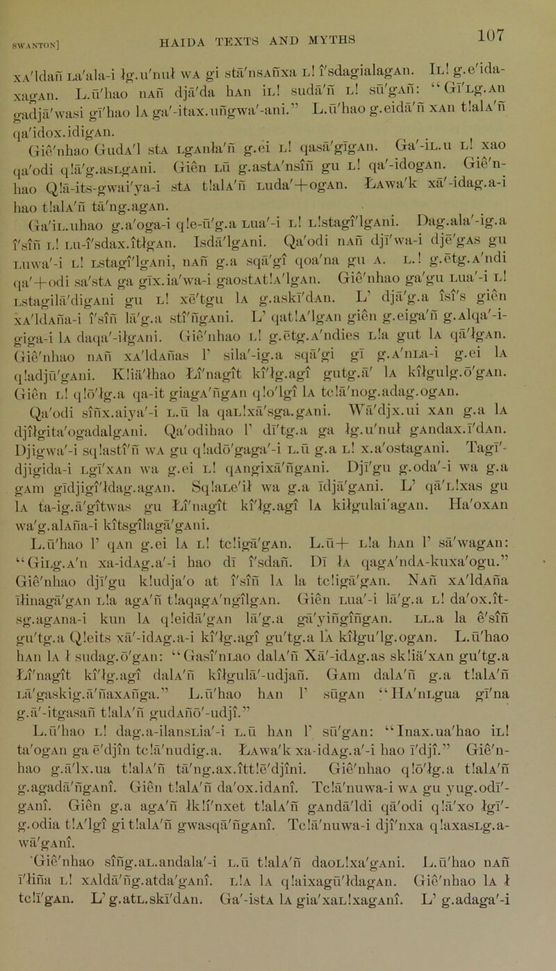 xA'lclan Da'iila-i Ijj.u'nul wA gi sbViisAnxa l! I'sdagialagAiu II! g.c'ida- xagAii. J..u'hao nAii dja'da hAn iid suda'n id su'gAii: “Gl'Lg.An gadja'wasi gl'hao 1a ga'-itax.ufigwa'-ani.” Ij.u'hao g.eida'n xAii tlaU'n (la'idox.idigAn. ({ie'nhao GiuIa'I stA DgAida'il g.ei id qasa'glgAii. Ga'-iL.u l! xao qa'odi qlti'g.asLgAiii. Gien lu g.astA'nsin gu l! qa'-idogAii. Gie'n- liao Q!a-its-gvvai'_ya-i stA tIalA'n Luda'+ogAn. IjAwa'k xa'-idag.a-i Imo tlalA'fi ta'ng.agAn. (la'iL.uhao g.a'oga-i q!e-u'g.a Lua'-i id Llstagi'lgAiii. Dag.ala'-ig.a I'sin id ui-i'sdax.itlgAn. Isdii'lgAni. Qa'odi iiAn djl'wa-i dje'gAS gu i,u\va'-i id Lstagi'lgAiii, iiAu g.a sqa gi qoa na gu a. D.! g.etg.A'udi (ja'+odi sa'stA ga gix.ia'wa-i gao.stAtlA'lgAii. Gie'nhao ga'gu Lua'-i id Dstagila'digAiii gu l! xe'tgu 1a g.askl'dAu. L’ dja'g.a isi's gieu xA'kUna-i fsin la'g.a sti'ilgAui. Id qatlA'lgAii gien g.eiga'n g.Alqa'-i- giga-i 1a daiia'-ilgAiii. Gie'nhao id g.etg.A'ndies Lla gut 1a qii'IgAn. Gie'nhao iiAn xA'ldAfias 1' aila'-ig.a sqa'gi gT g.A'iiLa-i g.ei 1a qladjri'g-Ani. KHil'Ihao Li'nagit ki'Ig.agi gutg.iV 1a kilgulg.o'gAii. Gien id. qld'Ig.a qa-it giagA'ngAii qlo'lgi 1a tcIfi'nog.adag.ogAn. Qa'odi .sihx.aijTi'-i l.u la qaLlxa'sga.gAiii. Wa'djx.ui xAii g.a 1a djilgita'ogadalgAiii. Qa'odihao 1’ dl'tg.a ga Ig.u'nul gAiidax.i'dAn. L)jig\va'-i sqiasti'n \vA gu (jlado'gaga'-i L.u g.a l! x.a'ostagAui. Tagl'- djigida-i Lgl'xAii wa g.ei id qAngixa'ngAiii. DjI'gu g.oda'-i wa g.a gAui gldjigi'Idag.agAii. SqlaLc'il wa g.a idja'gAni. Id cia'idxas gu 1a ta-ig.a'gitwas gu Li'iiagit ki'Ig.agi 1a kilgulai'agAii. Ha'oxAii wa'g.alAiia-i kitsgilaga'gAui. L.u'hao r qAii g.ei 1a l! tcliga'gAu. L.ild- ida liAii 1’ sa'wagAii: “Gii.g.A'n xa-idAg.a'-i hao dl i'sdan. Dl 1a qagA'ndA-kuxa'ogu.” Gie'nhao dji'gu kludja'o at i'sin 1a la tcliga'gAn. NAfi XA'ldAna Ilinagfi'gAn ida agA'n tlaqagA'ngilgAu. Gien Lua'-i la'g.a l! da'ox.it- sg.agAiia-i kun 1a qleidii'gAn la'g.a ga'jingingAn. LL.a la e'.sin gu'tg.a Qleits xa'-iclAg.a-i ki'Ig.agi gu'tg.a 1a kilgu'lg.ogAii. L.u'hao liAii Lv I sudag.o'gAn: “’Gasi'nLao dalA'n Xa'-idAg.a.s skliii'xAu gu'tg.a Li'nagit ki'Ig.agi dalA'ii kilgulii'-udjan. Gaui dalA'n g.a tIalA'n i.a'gaskig.a'naxAnga.” L.u'hao hAii 1’ sugAii “IlA'uLgua gi'na g.a'-itgasan tlahv'n gudAfio'-udji.” L.u'hao id dag.a-ilansLia'-i l.u Iiau V su'gAii: “Inax.ua'hao 1l! ta'ogAu ga e'djin tcla'nudig.a. LAwa'k xa-idAg.a'-i hao I'dji.” Gie'n- hao g.ii'lx.ua tIalA'n ta'ng.ax.ittle'djini. Gie'nhao qlo'Ig.a tIalA'u g.agadil'ngAni. Gien tlaU'n da'ox.idAiii. Tclil'nuwa-i wa gu yug.odl'- gAiii. Gien g.a agA'n Ikli'nxet tIalA'n gAiida'ldi qa'odi qla'xo Igl'- g.odia t'.A'lgi gitlalA'n gwasqa'ngAni. Tclii'nuwa-i dji'nxa qlaxasLg.a- wa'gAiii. Gie'nhao sing.aL.andala'-i L.u tIalA'n daoLixa'gAni. Ij.u'hao iiAn i'lina id xAldfi'ng.atda'gAni. id.A 1a qlaixagu'ldagAn. Gie'nhao 1a I tcli'gAii. L’g.atL.ski'dAii. Ga'-istA 1a gia'xaLlxagAui. L’g.adaga'-i