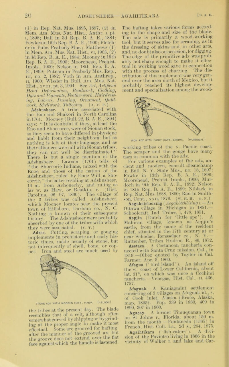 1) in Rep. Nat. May. 1895, 1897, (2) in Mem. Ain. Muis. Nat. Hist., Antlir. i, pt. I, 1898; Dali in 8d Rep. B. A. E., 1884; Eewkesin 19th Rep. B. A. E., 1900; Fletch- er in Rubs. Peabody IMus.; >Iatthe\vs (1) in Mem. Am. Mus. Xat. Hist., vi, 1903, (2) in 3d Rep.’ B. A. E., 1884; Mooney in 19th Rep. B. ,\. E., 1900; iMoorehead, l‘relpst. Inipls., 1900; Nelson in 18th Rep. B. A. E., 1899; Putnam in Peabody IMus. Rep., Ill, no. 2, 1882.; Voth in Am. Anthrop., II, 1900; Wissler in Bull. Am. Mus. Nat. Hist., .will, pt. 3,1904. See Art, Artijicial Head Deforinatioii, Hcadn'ork, Clulhiixj, l)i/CK(twl Fetdlwrirurk, Ilairdrt'sx- iiig, Lahrctx, PnlntiiKj, Ornamnd, (JuHl- ■irork, Shell irork, Tattoobuj. (a. c. k. ) Adshusheer. \ tribe associated with the Euo and Shakori in North Carolina in 1701. iVlooney { Pull. 22, B. A. E., 1894) says: “ It is doubtful if they, at least the Eno and Slioceoree, wereof Siouan stock, as they seem to have differed in physiijue and habit from their neijihhors; but as nothing is left of their lanjiiiaj^e, and as their alliances were all with Siouan tribes, they can not well be discriminated.” There is but a single mention of the Adshusheer. Lawson (1701) tells of “the Shoccorie Indians, mixed with the Euoe and those of the nation of the Adshusheer, ruled l)y Enoe Will, a Sho- corrie,” the latter residing at Adshusheer, 14 m. from Aehonecliy, and ruling as far w. as Haw, or Reatkin, r. (Hist. (5rrolina, 9(3, 97, 1800). The village ol the 3 tribes was called Adshusheer, which Mooney locates near the present town of Hillsboro, Durham co., N. C. Nothing is known of their subseipient history. The Adshusheer were probably absorbed by one of the tribes with whicli they were associated, (c. t. ) Adzes. Cutting, serapimr, or gouging implements in prehistoric and early his- toric times, made usually of stone, but not infrecpiently of shell, bone, or cop- j)er. Iron amr.Meel are much used by the tribes at the present day. The blade resembles that of a celb although often somewhat curved bychippingor bygrind- ing at the projier angle to make it most (‘ffectual. Some are grooved for hafting, after the manner of the grooved ax, but the groovB do6S not oxtond oyor tho tiat face againstwhich the handle is fastened. The hafting takes various forms accord- ing to the shape and size of the blade. The adz is primarily a wood-working tool, but it serves also for scraping, as in the dressing of skins and in other arts, and, no doubt also on occasion, tor digging. The edge of the jirimitive adz wasjirob- ably not sharp enough to make it effec- tual in working wood .save in connection with the ])rocess of charring. The dis- tribution of this implement was very gen- eral over the area north of IMexico, but it probably reached its highe.-^t develop- ment and sjiecialization among the wood- IRON ADZ WITH IVORY HAFT, ESKIMO. (MURDOCH ) working tribes of the .x. Pacilic coast. The scrajier and the gouge have many uses in common with the adz. For various examples of fbe adz, an- cient and modern, consult Jteauchamp in Bull. N. Y. .'<tate l\Ius., no. 18, 1897; Fowke in 13th Reji. B. A. E.. lS9(i; .Muorehead, Prehist. linpls., 19(K); J\lur- doch ill 9th Rep. B. .A. E., 1892; Nelson in 18th Rep. B. A. E., 1899; Niblack in Rep. Nat. AIus. 1888, 1890; Ran in Smith- son. Cout., x.\ii, 187(5. (w. H.H. o. K.) Aegakotcheising {Aegnkbtchelxing).—An Ottawa village in M{chigan_in 1851.— Schoolcraft, Ind. Tribes, i, 4i8, 1851. Aepjin (Dutch for ‘little ape’). A Alahican village, known as .Aepjin’s castle, from the name of the resident chief, situated in the 17th century at or near Bchodac, Rensselaer co., N. 5 .— Ruttenber, Tribes Hudson R.. 8(5, 1872. Aestaca. .\ Costanoan rancheria con- nected with Santa Cruz mission, Cal., in lgl9._Ol])ez quoted by Taylor in Cal. Farmer, A]>r. 5. 18(30. Afegua (‘bird inland’). An island off (hew. coast of Lower California, about laf. 31°, on which was once a Cochimi rancheria.—A’enegas, Hist. Cal., ii, 43(5, H 5 (. Afognak. A Kaniagmiut settlement consisting of 3 villages on Afognak id., s. of Cook inlet, Alaska (Bruce, Alaska, map, 1895). Poi>. 339 in 1880, 409 in 1890, 307 in 1900. Agacay. A former Timuquanan town on St .Johns r., Florida, aViout 150 in. from the mouth.—Fontaneda (1565) in French, Hist. Coll. La., 2d s., 2(54, 1875. Agaihtikara (‘ fish-eaters’). A divi- sion of the Paviotso living in 186(5 in the vicinitv of AValker r. and lake and Car-