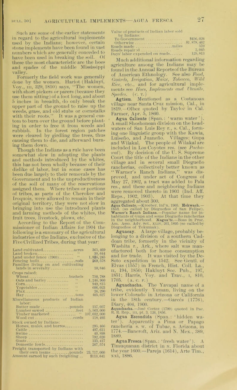 nri.i.. ;’>() I AURTCITI/rrRAL TMRI-KMENTS A(UTA KRESOA Siu'li are Hoim'nf l lie earlier s-tateiueiitP in regard (he agricultural im])lenient« used by tlie Indians-; however, certain stone inipleinents have been found in vast numbers which an* generally eoneedi'd to have been used in breaking the soil. Of these the most eharaeteristie are the hoes and spades of the middle Mississipjii valley. Formerly the field work was generally done by the women, llariot (Hakluyt, Voy., Ill, d2lt, bSlO) says, “The women, with short pickers or parers (beean.-ic they use them sitting) of a foot long, and about r> inches in breadth, do only break the upper part of the ground to raise* uii the weeds, gra.ss, and old stubs or cornstalks with tlu'ir roots.” It was a general cu.s- tom to burn over the ground before plant- ing in order to free it from weeds and rubbisb. In the forest region patches were cleared by girdling the trees, thus causing them to die, and afterward burn- ing them down. Though the Indians as a rule have been somewhat slow in adopting the plants and methods introduced by tbe whites, this has not been wholly becau.si* of their dislike of labor, but in some ca.«es has been due largely to their removals by the (iovernment and to the unproductiveness of the soil of many of the reservations a.ssigned them. Where tribes or jiortions of tribes, as jiarts of the Cherokee and Iroquois, were allowed to remain in their original territory, they were not slow in bringing into use the introduced plants and farming methods of the whites, the fruit trees, livestock, plows, etc.' According to the Re|)ort of the Com- mi.ssioner of Indian Affairs for 1904 the following is a summary of the agricultural industries of the Indians, exclusive of the FiveCivilizedTribes, during that year: Land cnltiviited acres 3(i.5,469 Land broken “ 30, 644 Land under fence (190;i) “ 1,836,24.5 Fencing bnili rod.s 269,578 Families living on and cultivating lands in .severaltv 10,846 Crops raisc'd: Wheat .bushels 7.50,788 Oats and barlev “ 1,246, 960 Corn •• 949,815 Vegetables 606,023 Fla.\ • • 26.290 Ilav tons 405.627 Miscellaneous products of Indian labor: Rutter made .pounds 1.57,0.57 Lumber sawc'd feet 5, .563,000 Timber marketed 107,032, (KK) Wood cut cords 118,-193 Stock owned bv Indians; Horses, mules, and burros. 295, 4(56 Cattle 497,611 Swine 40,898 Sheep 792,620 Goats Ul.5,417 Domestic fowls 267,574 Freight transported bv Indians with their owti teams .pounds 23, 717,000 Amount earned by such freighting .. 8113,6-11 Valm- of proil lids Ilf I mliii ii In Imr soM liy liuliaiis: To OovernniPiit S4-Vi,026 Otherwise • -JJ.sTs, 4(_)2 Kourts niiifle miles ^ S70 Roads repair-<1  :j,04.‘i Days'labor c.\ pended on roads 12.6,.sR! Much additional information regarding agriculture among the Indians may be found in the Annual Reportsof the Bureau of American Ethnology. See also /'W/, (lonrdu, frri(/atioii, Maize, Tuhacro, II ild Hire, etc., tind for agricultural inijile- ments see //oos, Inijdeinrutx arid I'leiiKih, S] tad ex. (r. t. ) Agtism. Mentioiu'd as a Costanoan villagt* near Santa Cruz mission. Cal., in 1819.—Olbez (pioted by Taylor in Cal. Farmer, Apr. 5, 1800. Agua Caliente (Span.: ‘warm water’). ■\ small Shoshonean division on the head- waters of San liUis Rev r., s. C’al., form- ing one linguistic group with the Kawia, Luiseno, and Juaneno. Villages: Cupa and Wilakal. The jieople of Wilakal are included in Los Caiyotes res. (see Pacha- iral). By decision of tlie F. S. Supreme Court the title of the Indians in the other village and in several small Diegneno rancherias, collectively better known as “ Warner’s Ranch Indians,” was dis- proved, and under act of ('longress of May 27, 1902, a tract was added to Bala res., and these and neighboring Indians were removed thereto in 1908 (Ind. Aff. Reps., 1902, 1908). At that time they aggregated about 800. Agua Caliente,—Kroehi-r, inf'n, UK).'). Hekwach.— Ibid, (so called by Diegiienos of San Felipe). ■Warner's Ranch Indians. — Popular name for in- habitant.*! of (iiipa and .‘mine Diegueho rancheria.s in the neighborhood. Xagua'tc.—Boa.s in Proc. .\m. Asso. Ad V. Sci., xi.iv, 2()1,189.6 (so called by Dieguenos of Teknmak). Aguacay. A large village, jirobably be- longing to a division of a southern Cad- doan tribe, formerly in the vicinity of Washita r.. Ark., where salt was man- ufactured both for home consumption and for trade. It was visited by the He- Soto expedition in 1542. See (lentl. of Fllvas (1557) in French, Hist. Coll. La., II, li)4, 1850; Hakluyt Soc. Pub., 197, 1851; Harris, Voy. and Trav., i, 810, 1705. (a. ('. F.) Aguachacha. The Yavajiai name of a tribe, evidently Yuman, living on the lower Colorado in .Arizona or California in the 18th century.—(farces (1770). Diary, 404, 1900. Aquachacha. —.lose Cortez (1799) i|noted in Pite. R. R. Rep.. Ill, pt. 3. 12(), 18,56. Agua Escondida (Span.: ‘hidden wa- ter’). .\[)parently a Pima or Papago raneheria s. w, of Tubac, s. Arizona, in 1774. — Bancroft, .\riz. and X. Mex., 889, 1889. Agua Fresca ( Span.: ‘fresh water’). .\ Tinuiquanan district in x. Florida about the year 1000.—Pareja (1614), Arte Tim., xxi, 1880.