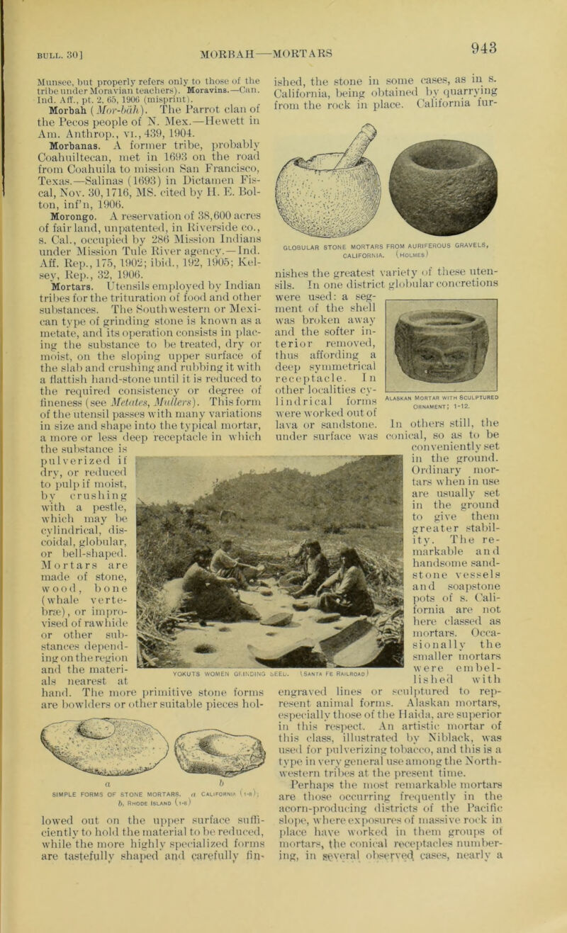 a h SIMPLE FORMS OF STONE MORTARS. d CALIFORNIA (l-s); ft, Rhode Island (i-s) lowed out oil the upper .«urfaee sufli- ciently to hold the material to he redueed, while the more highly specializ(‘d forms are tastefully shaped and carefully lin> YOKUTS WOMEN Gf.INDING SEEU. VSANTA FE RAtLROAo) Miinsoc, but properly refers only to those of the tribe under Moravian teachers). Moravins.—Can. Ind. Alt., pt. 2, 65, 1906 (misprint). Morbah (Mor-hiUi). The Parrot clan of the Pecos people of N. Mex. — Hewett iu Am. Authrop., vi.,439, 1904. Morbanas. A former tribe, jirobably Coahuiltecan, met iu 1693 ou tbe road from Coahuila to mission Han Francisco, Texas.—Salinas (1693) in Dictamen Fis- cal, Nov. 30,1716, MS. cited by II. F. Bol- ton, inf’ll, 1906. Morongo. A reservation of 38,600 acres of fair land, unpatented, in Riverside co., s. Cal., occuiiied by 286 MBsion Indians under Mission Tide River agtmcv. —Ind. Aff. Rep., 175, 1902; ibid., 192, 1905; Kel- sey, Rep., 32, 1906. Mortars. Utensils emjiloyed by Indian tribes for the trituration of food and other substances. The Southwestern or Mexi- can type of grinding stone is known as a metate, and its operation consists in ]>lac- iug the substance to be treated, dry or moist, on the sloping upper surfaiio of the slab and crushing and rubbing it with a Hattish hand-stone until it is reduced to the required consistency or degree of lineness (see Metatcs, Mullers). This form of the utensil passes with many variations in size and shaiie into the typical mortar, a more or less deep rece{)tacle in which the substance is pulverized if dry, or reduced to juilp if moist, by crushing with a pestle, which may be cylindrical, dis- coidal, globular, or bell-shaped. Alortars are made of stone, wood, bone (whale verte- bne), nr impro- vised of rawhi(h“ or other sub- stances depi'iid- ing on the region and the materi- als nearest at hand. The more primitive stone forms are bowlders or other suitable pieces bol- ished, the stone in some cases, as in s. California, being obtained by (luarrving from the rock in place. California fur- GLOBULAR STONE MORTARS FROM AURIFEROUS GRAVELS, CALIFORNIA. (holmes) nishes the greatest variety ol these uten- sils. In one district globular concretions were used: a seg- ment of the shell was broken away and the softer in- terior removed, thus affording a dee}) symmetrical reci'ptacle. I n other localities cv- lindrical forms were worked out ol lava or sandstone. In others still, the under surface was conical, so as to be conveniently set in the grouml. Ordinary mor- tars when in use are usually set in the ground to give them greater .stabil- ity. The re- markable and bandsome .sand- stone vessels and soapstone jiots of s. (Mli- fornia are not here classed as mortars. Occa- sionally the smaller mortars were embel- lished with engraved lines or sculptured to reji- resent animal forms. Alaskan mortars, especially tho.se of the Ilaida, aresuiierior in this resjiect. An artistic mortar of this class, illustrated by Niblack, was used for jiulverizing tobacco, and Ibis is a typ(> iu very general use among the North- western tribes at tbe present time. I’erhajis the most remarkabU' mortars are those occurring frccpiently in the acorn-producing districts of the Pacific slope, whereexposur(‘s of massive rock in place have worked in them groups ot mortars, the conical receiitacles number- ing, in !»pyeral observec^ cases, nearly a