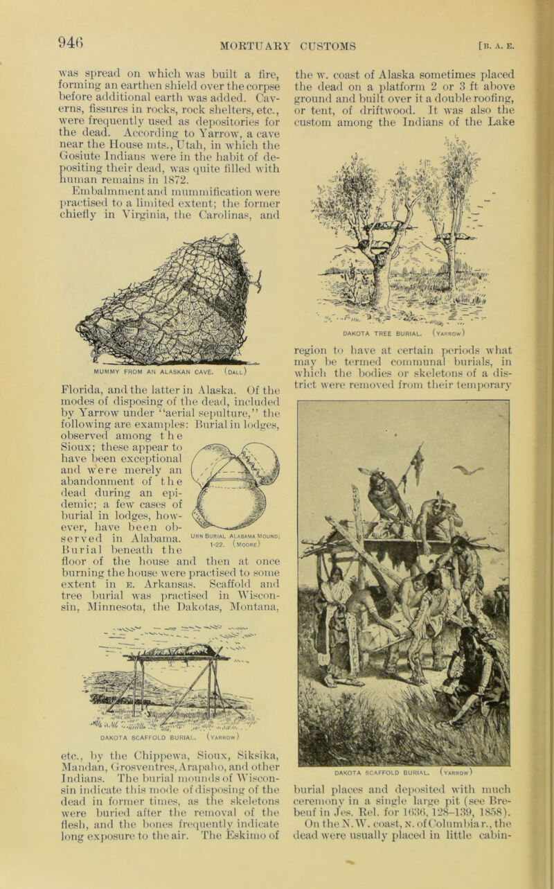 94() was spread on which was built a tire, forming an earthen shield over the corpse before additional earth was added. Cav- erns, fissures in rocks, rock shelters, etc., were frequently used as depositories for the dead. According to Yarrow, a cave near the House mts., Utah, in which the Cosiute Indians were in the habit of de- jtositing their dead, was (piite filled with human remains in 1872. Kmhalmmentand mummification were practised to a limited extent; the former chiefly in Virginia, the Carolinas, and DAKOTA TREE BURIAL. (yaRROw) region to have at certain pi'riods what may he termed communal burials, in which the bodies or skeletons of a dis- trict were removed from their temporary DAKOTA SCAFFOLD BURIAL. I YARROW burial places and deiiosited with much ceremony in a single large pit (see Bre- beuf in Jes. Ri‘1. for 1 (tiki, 128-189, 1888). On the N. W. coast, n. ofColmnhiar., tlu> dead were usually placed in little cabin- Florida, and the latter in Alaska. Of the modes of disi>osing of the dead, included by Yarrow under “aerial sepulture,” the following are examjiles: Burial in lodges, observed among t h e Sioux; these appear to have been exceptional and were merely an abandonment of the dead during an epi- demic; a few cases of burial in lodges, how- pvpiv linvp hppii nl)- served in Alabama. Burial beneath the floor of the house and then at once burning the house were practised to some extent in e. Arkansas. Scaffold and tree burial was practised in Wiscon- sin, IMinnesota, the Dakotas, IMontana. Urn BURIAL Alabama Mound; 1-22, ( Moore) DAKOTA SCAFFOLD BURIAI . (YARROW) etc., by the Chijipewa, Sioux, Siksika, Mandan, (irosventres, Arai>aho, and other Indians. The burial mounds of Wiscon- sin indicate this mode of disposing of the dead in former times, as the skeletons were buried after the removal of the llesh, and the bones frequently indicate long exjiosun' to the air. The Kskimo of the Av. coast of Alaska sometimes placed the dead on a jilatform 2 or 3 ft above ground and built over it a double roofing, or tent, of driftwood. It was also the custom among the Indians of the Lake MUMMY FROM AN ALASKAN CAVE. (dall)
