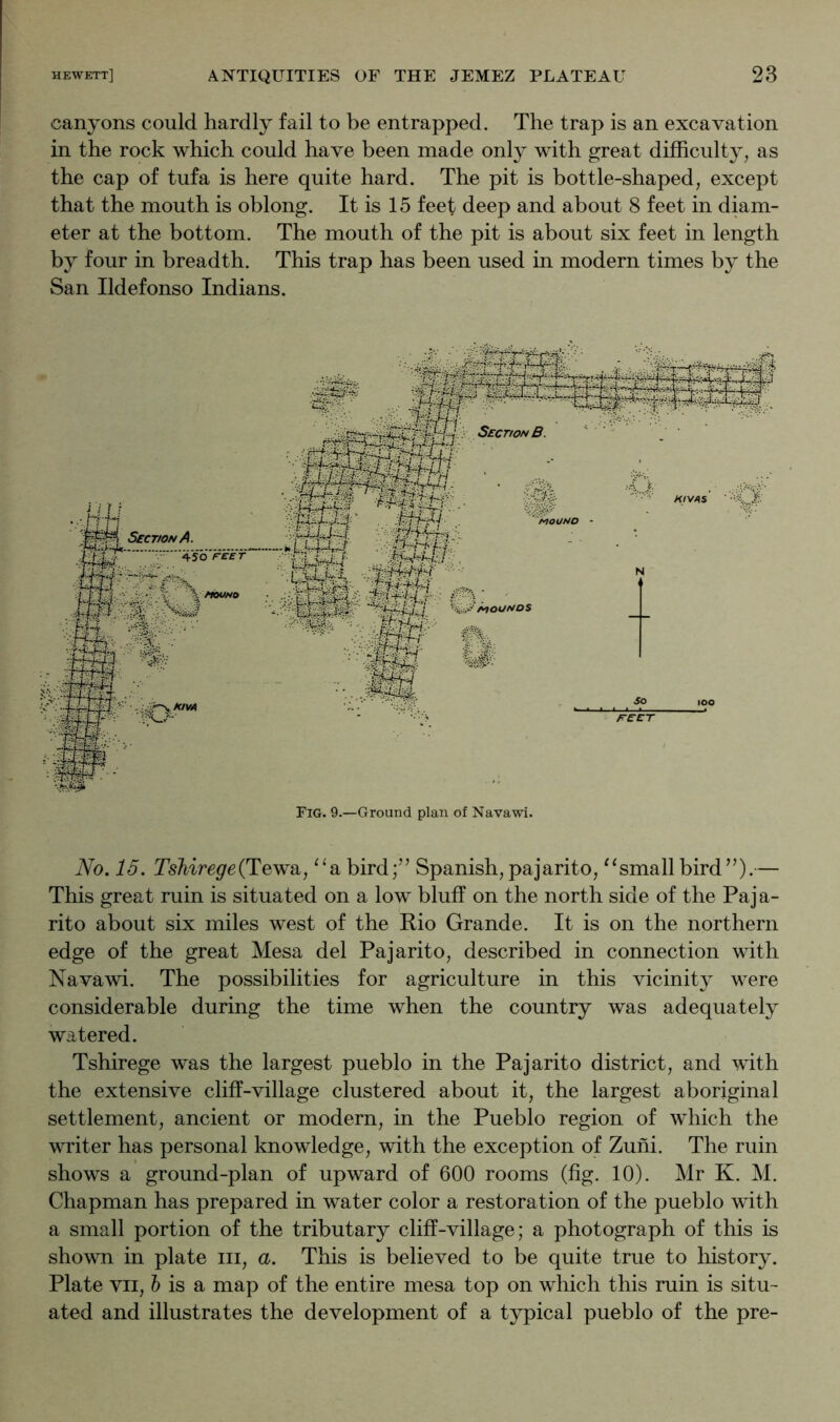 canyons could hardly fail to be entrapped. The trap is an excavation in the rock which could have been made only with great difficulty, as the cap of tufa is here quite hard. The pit is bottle-shaped, except that the mouth is oblong. It is 15 feet deep and about 8 feet in diam- eter at the bottom. The mouth of the pit is about six feet in length by four in breadth. This trap has been used in modern times by the San Ildefonso Indians. No. 15. Tshiregei^ewdi, ^‘a bird;’’ Spanish, pajarito, small bird”).— This great ruin is situated on a low bluff on the north side of the Paja- rito about six miles west of the Rio Grande. It is on the northern edge of the great Mesa del Pa jarito, described in connection with Navawi. The possibilities for agriculture in this vicinity were considerable during the time when the country was adequately watered. Tshirege was the largest pueblo in the Pajarito district, and with the extensive cliff-village clustered about it, the largest aboriginal settlement, ancient or modern, in the Pueblo region of which the writer has personal knowledge, with the exception of Zuni. The ruin shows a ground-plan of upward of 600 rooms (fig. 10). Mr K. M. Chapman has prepared in water color a restoration of the pueblo with a small portion of the tributary cliff-village; a photograph of this is shown in plate iii, a. This is believed to be quite true to history. Plate VII, is a map of the entire mesa top on which this ruin is situ- ated and illustrates the development of a typical pueblo of the pre-