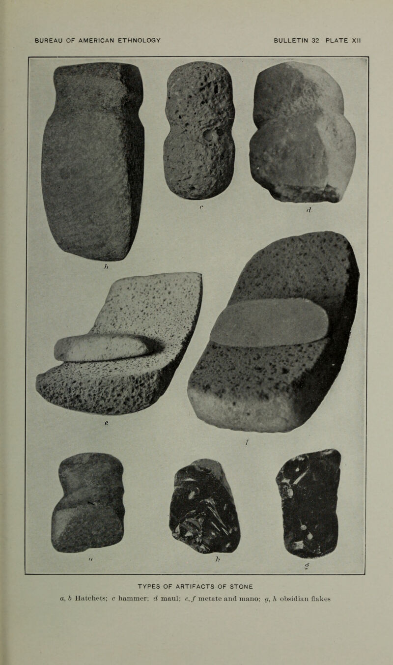 -*~Y ^Sm a;: TYPES OF ARTIFACTS OF STONE a, b Hatchets; c hammer; d maul; e,f metate and mano; g, h obsidian flakes