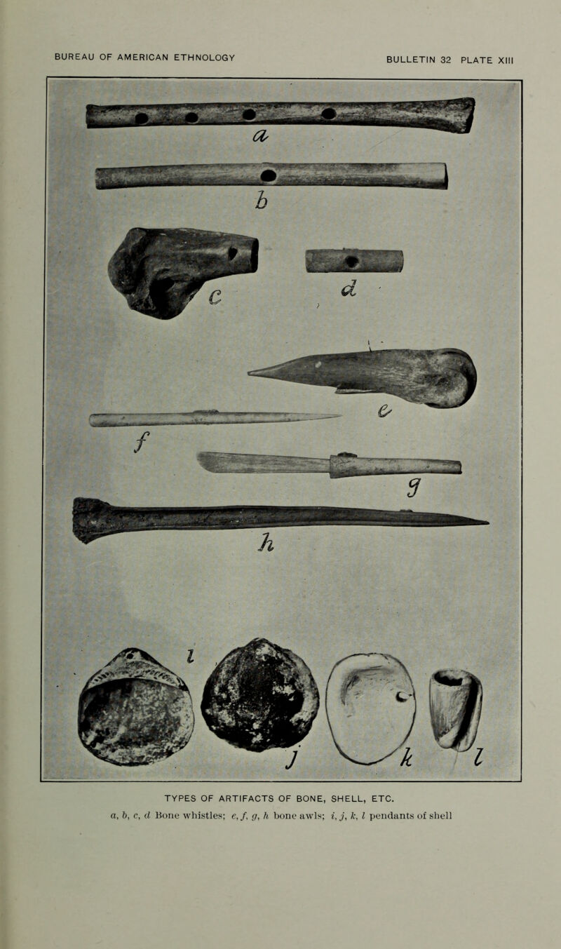 TYPES OF ARTIFACTS OF BONE, SHELL, ETC. a, b, c, d Bone whistles; e, /, g, h bone awls; i, j, k, I pendants of shell