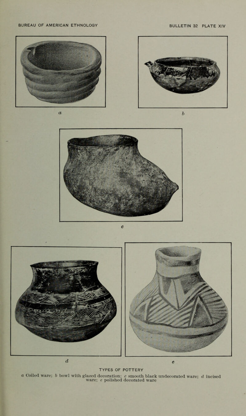 TYPES OF POTTERY a Coiled ware; b bowl Avith glazed decoration: c smooth black undecorated ware; d incised ware; e polished decorated ware