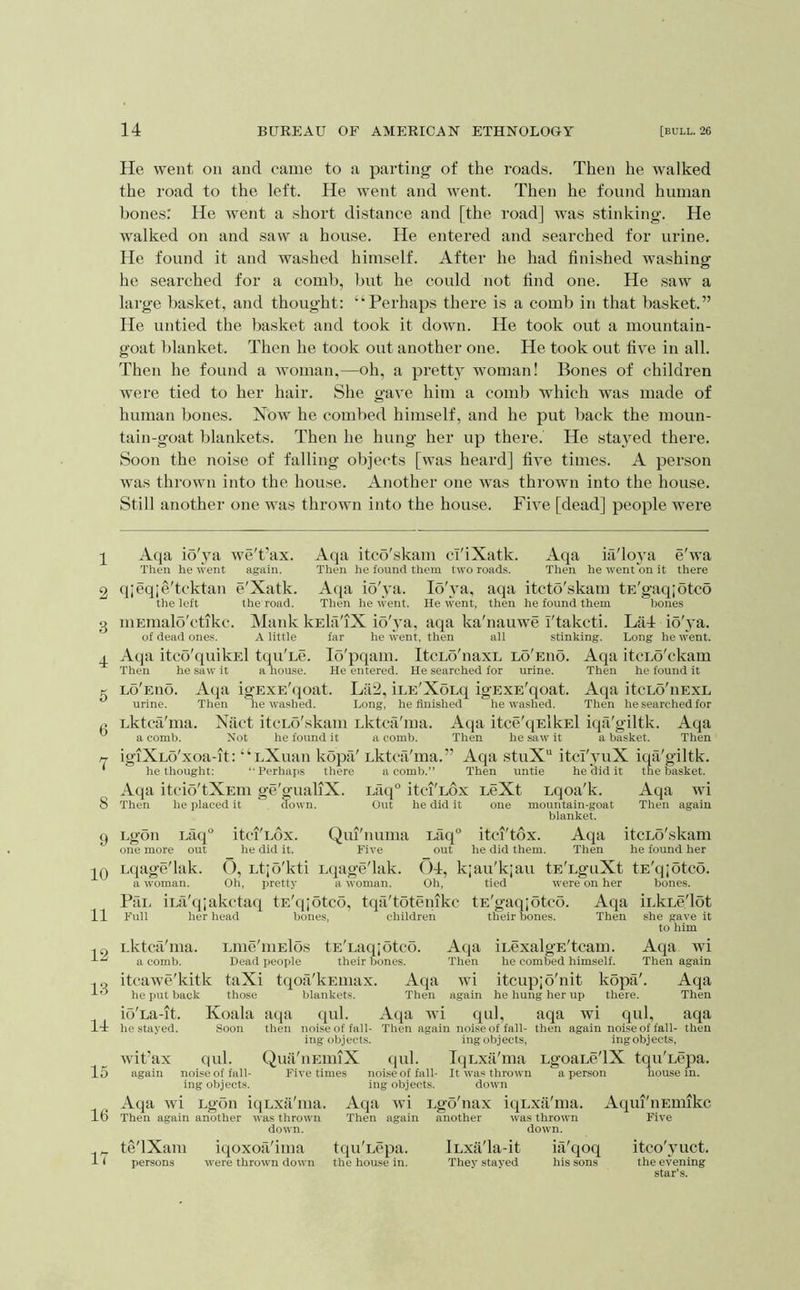 1 2 3 4 5 6 7 8 9 10 11 12 13 14 15 16 17 14 BUKEAU OF AMEKICAN ETHNOLOGY [BULL. 26 He went on and came to a parting of the roads. Then he walked the road to the left. He went and went. Then he found human hones: He went a short distance and [the road] was stinking. He walked on and saw a house. He entered and searched for urine. He found it and washed himself. After he had finished washing he searched for a comb, but he could not find one. He saw a large basket, and thought: “Perhaps there is a comb in that basket.” He untied the basket and took it down. He took out a mountain- goat Idanket. Then he took out another one. He took out five in all. Then he found a woman,—oh, a pretty woman! Bones of children were tied to her hair. She gave him a comb which was made of human bones. Now he combed himself, and he put back the moun- tain-goat blankets. Then he hung her up there. He sta}^ed there. Soon the noise of falling objects [was heard] five times. A person was thrown into the house. Another one was thrown into the house. Still another one was thrown into the hou.se. Five [dead] people were Aqa io'va we't’ax. Aqa itco'skam ci'iXatk. Aqa ia'loya e'wa Then he went again. Then he found them two roads. Then he went on it there qjeqie'tcktan e'Xatk. Aqa io'ya. I5'ya, aqa iteto'skam tE'gaqjotco the left the road. Then he went. He went, then he found them bones niEmalo'ctikc. Mank kElil'iX io'ya, aqa ka'nauwe I'takcti. La4 io'j’a. of dead ones. A little far he went, then all stinking. Long he \vent. Aqa itco'quikEl tqu'Le. Ib'pqam. ItcLo'naxL lo'euo. Aqa itcLo'ckam Then he saw it a house. He entered. He searched for urine. Then he found it lo'euo. A(ja igEXE'qoat. L;i2, iuE'XoLq igEXE'qoat. Aqa itcLo'iiEXL urine. Then he washed. Long, he finished he washed. Then he searched for Lktca'ma. Niict itcLo'skam Lktca'ma. Aqa itce'qElkEl iqii'giltk. Aqa a comb. Not he found it a comb. Then he saw it a basket. Then igiXLo'xoa-it: “LXuaii kopa' Lktca'ma.” Aqa stuX itcI'yuX iqa'giltk. he thought: “Perhaps there a comb.” Then untie he Sid it the basket. Aqa itcio'tXEui ge'gualiX. Lilq*^ itci'Lox LeXt Lqoa'k. Aqa wi Then he placed it down. Out he did it one mountain-goat Then again blanket. Lgoii Lfiq° itci'Lox. Qm'numa Lfiq° itci'tox. Aqa itcLo'skam one more out he did it. Five out he did them. Then he found her Lqage'lak. (), Ltjo'kti Lqage'lak. 04, kiau'kjau tE'LguXt tE'qjotco. a woman. Oh, pretty a woman. Oh, tied were on her bones. Pfii. iLa'qjakctaq tE'qjotco, tqa'toteiukc tE'gaqjotco. Aqa ii.kLc'lot Full her head bones, children their bones. Then she gave it to him Lktcfi'ma. Lme'iuElos tE'Laqjotco. Aqa iLexalgE'tcam. Aqa wi a comb. Dead people their bones. Then he combed himself. Then again itcawc'kitk taXi tqoii'kEiiiax. Aqa wi itcupjo'nit koptX'. Aqa he put back those blankets. Then again he hung her up there. Then io'La-it. Koala aqa qul. Aqa wi qul, aqa wi qul, aqa he stayed. Soon then noise of fall- Then again noise of fall- then again noise of fall- then ing objects. ing objects, ingobjects, wit'ax qul. Qua'iiEiuiX qul. IqLxa'ma LgoaLe'lX tqu'Lcpa. again noise of fall- Five times noise of fall- It was thrown a person house in. ing objects. ing objects. down Aqa wi Lgon iqLxil'ma. Aqa wi Lgo'nax iqLxii'ma. Aqui'uEmikc Then again another was thrown Then again another was thrown Five down. down. te'lXam iqoxoa'ima tqu'Lcpa. iLxa'la-it iii'qoq itco'yuct. persons were thrown down the hou.se in. They stayed his sons the evening star’s.