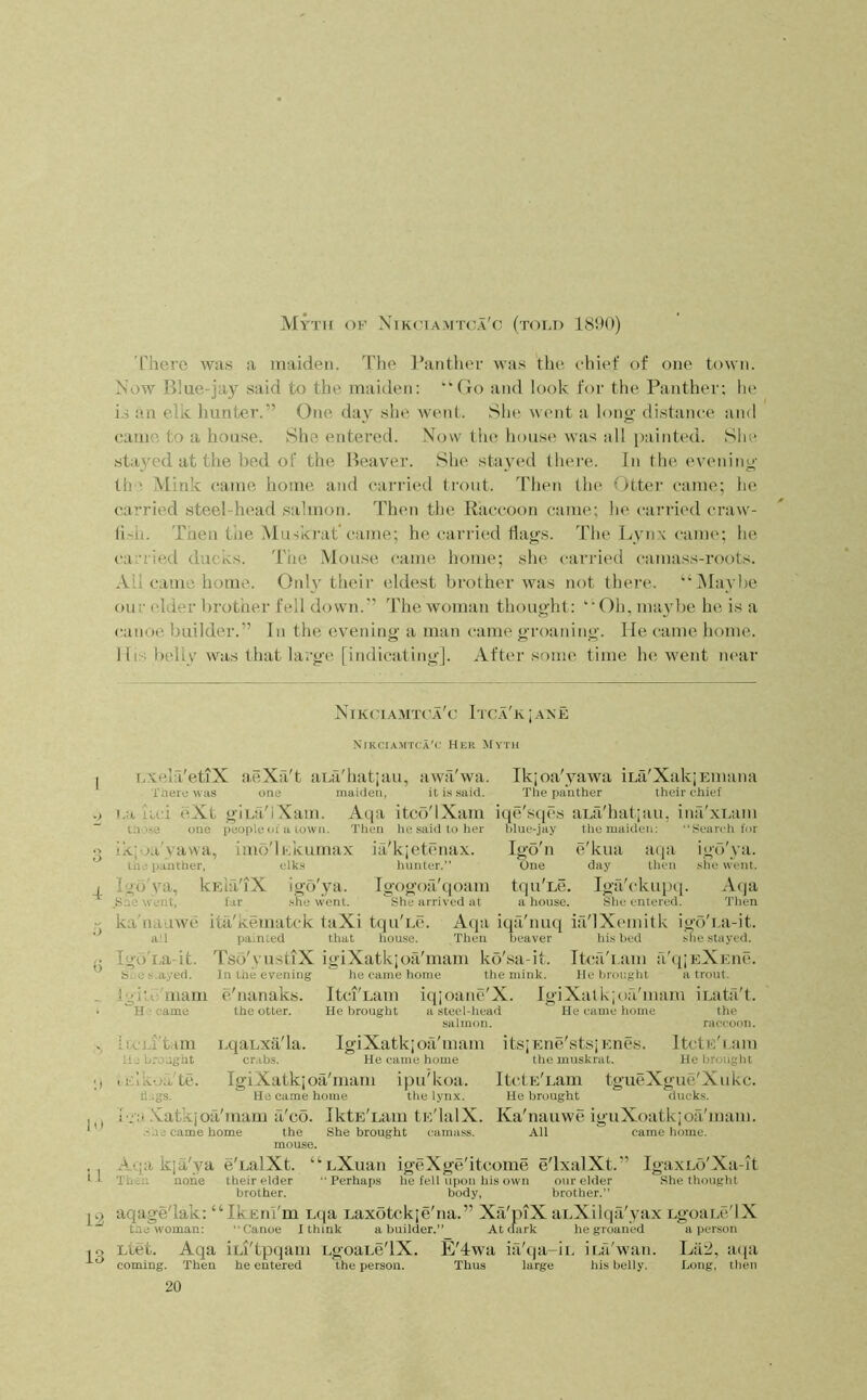Myth of Nik(hamtca'c (told 1890) rhero was a maiden. The Panther was the chief of one town. Now Blue-jay said to the maiden: “Go and look for the Panther: he is an elk hunter.” One day she went. She went a long distance and came to a house. She entei’ed. Now the house was all painted. She st.a3^ed at the bed of the Beaver. She sta\'ed there. In the evening the Mink came home and carried trout. Then the Otter came ; he carried steel-head salmon. Then tlie Riiccoon came; he carri('d craw- lidi. Then the Muskrat came; he carried flags. The Lvnx came; he carried ducks. Tiie Mouse came home; she carried cama.ss-roots. All came home. OnG their eldest brother was not there. “Mavbe our elder brother fell down.” The woman thought: “Oh, maybe he is a canoe builder.” In the evening a man came groaning. Me came home. Ills l)clG was that large [indicating]. After some time he went near NTkciamtca'c Itca'k ; and Nikciamtca'i' Her Myth ;» 10 11 12 Lxela'etiX aeXa't aLa'liatjau, awa'wa. Ikjoa'yawa iLa'XakjEinana Tnero was one maiden, iti.ssaid. The panther their chief La iu:i t'.Xt glLa'iXam. Aqa itco'lXam iqe'sqes aLa'hatiau, ina'xLam Then he said to her peopleoi a town. ikjoa'vawa, imo” the panther, Igo'va, kEiii'iX Sae went, far ka'nauwe ita'kematck taXi tqu'Lc ail painted that house. the maiden: Search for iKKumax elks igo'ya. she went. ia'kjet(‘nax. hunter.” Tgogoa'qoam She arrived at Igo'n One aqa then blue-jay e'kua day tqu'LC. Igfi'ckupq. a house. She entered. Aqa iqfi'nuq ia'lXemitk igo'La-it Then beaver his bed slie stayed. igo ya. she vv'ent. Aqa Then Igo'i.a-it. Tso'yustiX igiXatkioa'mam ko'sa-it. ItciiTam ti'qjEXEne. S.-c s.ayed. ^ilr: mam H ■ came In the evening e'nanaks. the otter. he came home ItciTam He brought a'steel-liead Ibcl.i'tam lij brought t iil 1 Aoa tc. flags. IgiXatkioa'mam He came home the mink. Ho brought a trout. iqjoane'X. IaiXatk;<):Vmam iLata't. iteel-liea' salmon. itsiEiie'stsjEnes. Itcti-'/iam LqaLxa'la. cr.ibs. IgiXatkj oa'inam i pu' koa. He came home the lynx. .Natkjoil'mam a'co. IktE'Lam tE'lalX. Ka'nauwe iguXoatkioa'mam. Lie came home the She brought camass. All came home, mouse. the muskrat. He brought ItctE'Lam tgueXgue'Xiikc. He brought ducks. Aqa kia'ya e'LalXt. “LXuan igeXge'itcome e'lxalXt. Then none their elder “ Perhap.s he fell upon his own our elder brother. body, brother.” aqage'Iak: “Ikeru'm Lqa Laxotckie'na.” Xsi'piX anXilqil'yax LgoaLc'lX tne woman: Canoe I think a builder.” At dark he groaned a person Ltet. Aqa iLi'tpqam LgoaLc'lX coming. Then he entered the person. 20 E'4wa ia'qa-ii. Thus large IgaxLo'Xa-it She thought iua'w'an. Lii2, aqa his belly. Long, then