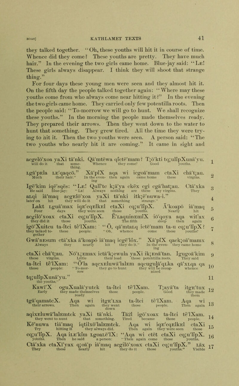 thej talked together. “Oh, these youths will hit it in course of time. Whence did they come? These joiiths are pretty. They have much hair.” In the evening the two girls came home. Blue-jay said: “Le! These girls always disappear. I think the}' will shoot that strange thing.” For four days these young men were seen and they almost hit it. On the fifth day the people talked together again: “ Where may these youths come from who always come near hitting it?” In the evening the two girls came home. They carried only few potentilla roots. Then the people said: “To-morrow we will go to hunt. We shall recognize these youths.” In the morning the people made themselves ready. The}' prepared their arrows. Then they W'ent down to the water to hunt that something. They grew tired. All the time they were try- ing to hit it. Then the two youths were seen. A person said: “The two youths who nearly hit it are coming.” It came in sight and acgelo'xoa yaXi ta'nki. Qa'mtewa qicte'mam? Tjo'kti tqjulipXuna'yu. will do it that some- Whence they come? Good youths, thing. Lga'pEla LE'qaqco.” Xa'piX aqa wi icgoa'mam ctaXi chfi'tiau. Much their hair.” In the even- then again came home these virgins, ing Ige'kim iqe'sqes: “Le! Quli'tc kpT'ya ckex cgi cga'hatjau. Ctfi'xka He said blue-jay: “Le! Always nothing are these my virgins. They anqi ia'maq acgElo'xoa yaXi ta'nki itk;e'nuwa-i.” later on hit they will do it that something strange.’’ Lakt Lguii'max ioE'cqElkEl ctaXi cqju'lipX. A'koapd ia'nuui Four days they were seen those youths. Nearly hit acgilo'xoax ctaXi cqju'lipX. E'LaquinEnnX io'qoya aqa wit’ax they did it those youths. The fifth sleep then again igo'Xuitcu ta-itci te'lXam: “ O, qa'intanq icte'mam ta-u cqju'lipX? they talked to- these people: “ Oh, whence come ' these youths? gether Gwa'nEsum cta'xka a'koapo ia'inatj icge'lox.” Always they nearly hit they do it.’’ Xfi'piX qackjoa'mamx In the even- they came home ing ctaXi cha'tjau. No'LjEinax icfii'k;ewula yaXi ikjEna'tan. these virgins. Little their load 'those potentilla roots. ta-itci te'lXam: “O'la aqcxEluwTi'lalEin aqcugula'qLka those people: “ To-mor- they go to hunt they will Tje recog- row nized Igugofi'kim They said qa'xLqa qa whence tqiulipXuna'yu.” the youths.” KawI'X oguXuala'yutck ta-itci Early they made themselves those ready tga'qamatcX. Aqa wi itgE'Lxa their arrows. Then again they went down te'lXam. Tjaya'ta itgE'tux people. Good they made them ta-itci te'lXam. Aqa wi those people. Then again aqixEluwa'lalEmtck yaXi ta'nki. Ta21 igo'xoax ta-itci te'lXam. they went to nunt that something. Tired became those people. Ke'nuwa tia'maq iqtilxo'lalEmtck. Aqa wi iqE'cqElkEl ctaXi Try hitting it they always did. Then again they were seen those cqju'lipX. Aqa iLE'kim LgoaLe'lX: “Aqa wi ctet ctaXi cqju'lipX. yohths. Then he said a person: “Then again come those youths. Cta'xka ctaXl'yax qjoa'p ia'maq acgild'xoax ctaXi cqju'lipX.” Lax They these nearly hit they do it those youths.’’ Visible 1 2 3 4 5 6 7 8 9 10 11 12 13 14 15 16 17