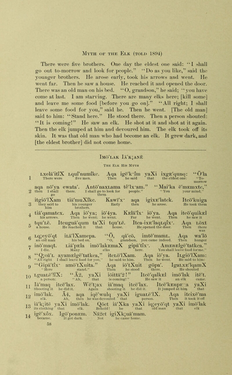 1 2 3 4 5 6 7 8 9 10 11 12 13 14 Mvth of the Eek (told 1894) There were live brothers. One day the eldest one said: “I shall go out to-morrow and look for people.'’ “Do as you like,” said the 5mung’er brothers. He arose early, took his arrows and went. He went far. Then he saw a house. He reached it and opened the door. There was an old man on his bed. “O, grandson,” he said; “3'ou have come at last. I am starving. There are many elks here; [kill some] and leave me some food [before you go on].” ‘'All right; 1 shall leave some food for }mu,” said he. Then he went. [The old man] said to him: “Stand here.” He stood there. Then a person shouted: “It is coming!” He saw an elk. He shot at it and shot at it again. Then the elk jumped at him and devoured him. The elk took off its skin. It was that old man who had become an elk. It grew dark, and [the eldest brother] did not come home. Imo'lak Ia'KjANE The Elk His Myth Lxela'itlX Lqiu'numikc. Aqa ige'k'im yaXi ixgE'qunq: “O'la There were five men. Then he said that the eldest one; “To- aqa then no ya I shall go itgio'lXam they said to him ewata'. Anto'naxLama te'lx'am. there. I shall go to look for people.” them tia'muXikc. his younger brothers. Kawi'x' Early aqa then “ Mai'ka ‘‘You igixE'latck. he arose. e'mEinxtc.'’ vour mind, Itco'kuiga He took them 10 ya. he went. Aqa itco'quikEl Then he saw it tia'qamatcx. Aqa io'ya; io'4}a. KEla'ix' his arrows. Then he went; he went. Far tqu'Le. Itcugua'qum ta'Xi tqu'Le. Itca-ixE'laqLqix’. Aqa Loxt a house. He reached it that house. He opened the door. Then there Lqjeyo'qt an old man ino'maqt. I die. “Qioa'L iLa'lXamepa his bed on. Lia'pEla Many “O, qa'co, ‘‘O, grandson, imo'lakEmaX gipa'tix' elks here. ayamElge'tatkca,” “All fight I shall leave food for you,” ‘ ‘ Gipa'tix • amo'tXuita. ” “ Here stand.” LguaLe'liX: “A2, j'aXi a person; “Ah, that la'maq itce'lax. We'tjax Shooting it he did it. Again imo'lak. A4, aqa iqe'wulq Aqa Then gopa. there. imte'mamL. Aqa wa'lo you came indeed. Then hunger AniEnElge'tatkca. ” You shall leave food forme.” io'ya. iLgio'lXam: hevvent. He said to him; IgaLXE'lqamX He shouted imo'lak ite't. He saw it an elk came. itce'lax. Itce'kEnpEna >^aXi he did it. It jumped at him that 3aXi iguaLc'lX. Aqa itcixe'ma elk. Ah, then he was devoured ‘ that person. Then it took it off ia'kiite yaXi imo'lak. Qoct iil'Xka vaXi iqie\’o'qt yaXi imo'lak its clothing that elk. Behold! he ' that old^man ’ that elk ige'xox. Igo'ponEiii. Nii2ct igiXkiua'mam. became. It got dark. Not 58 itcLo'IXam. he said to him. Aqa i5'tXuit Then he stood ioitt‘a'2 I ” Itce'qalkEl is coming!  iiVmaq shooting it he came home.