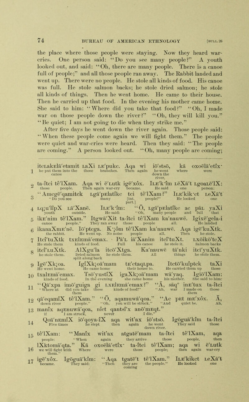 1 2 3 4 5 6 7 8 9 10 11 12 13 14 15 16 17 74 BUREAU OF AMERICAN ETHNOLOGY [BULL. 26 the place where those people were staying. Now they heard war- cries. One person said: “Do you see many people?” A youth looked out. and said: “Oh, there are many people. There is a canoe full of people;” and all those people ran away. The Rabbit landed and went up. There were no people. He stole all kinds of food. His canoe was full. He stole salmon backs; he stole dried salmon; he stole all kinds of things. Then he went home. He came to their house. Then he carried up that food. In the evening his mother came home. She said to him: “Where did you take that food?” “Oh, I made war on those people down the river?” “Oh, they will kill you.” “Be quiet; I am not going to die when they strike me.” After five days he went down the river again. Those people said: “When these people come again we will fight them.” The people were quiet and war-cries were heard. Then they said: “The people are coming.” A person looked out. “Oh, many people are coming; itcLakEla'etamit uaXi LE'pukc. Aqa wi io'stso, ka oxoela'etix' he put them into the those branches. Then again he went where were canoe down the river, ta-itci te'lXam. Aqa wi e'uutk ige'xox. iLE'kfim LeXa't Lgoaue'lX: those people. Then again war-cry Became. He said one person: “ Amcge'qamitck Lga'pElatikc tci te'lXam?” luE'kik’ct ueXa't “Do you see many [int. people?” He looked one part.] Lqju'lipX La'Xane. iLE'kfim: “O, Lga'pElatikc ac pau yaXi youth outside. He said: “Oh, many people and lull that ikE'nim te'lXam.” Itgwa'Xit ta-itci te'lXam ka'nauwe. Igixe'gela-i canoe people.” They ran away those people all. He landed ikanaXniE'ne. lo'ptcga. K'|6m te'lXam ka'nauwe. Aqa ige'kuXtk. the rabbit. He went up. No noise people all. Then he stole. Itci'tuXtk txElEina'emax. • Pa'L ia'Xanim itci'tuXt. Lxoiko'tcX kinds of food. Full his canoe he stole it. Ka'nauwe tii'nki He stole them itci'LuXtk, he stole them. AlXgu'la Dried salmon split along back itco'Xtga. he stole them. All things Salmon hacks itcI'yuXtk. he stole them. Ige'Xkjoa. IgiXkjoa'mam tE'ctaqupa. He went home. He came home their house to. txalEma'emax. Tso'yustiX igaXkjoa'mam kinds of food. In the evening she came home “Qa'xpa imo'guiga gi LXElEma'emax?” “Whereat did you take these kinds of food?” them qa'eqamiX te'lXam.” down river people.” manix if Qoa'nEimX Five times aqEnuwa qoa, I am struck. te'lXam: “Manix people: “When IXktoma'qta.” Ka we will fight with them.” ige xox. became. Where “O, aqamuwa'qoa.” “Ac “Oh, you will be struck.” “And nict qantsi'x ano'niEqt.” I die.” wit’ax io'stso. again he went down river. wit’ax atgate'mam ta-itci again they arrive those oxoela'etix ta-itci te'lXam; were those people; Itcto'kuiptck taXi He carried them up those wa'yaq. Igio'lXam: his mother. She said to him: “A, saq° iiiE'tux ta-itci ‘Ah, war I made on those them A, Ah, pEt niE'xdx. quiet be. never io'qo3^a-iX aqa he slept then Igogua'kim They said te'lXam, people. aqa then WI again ta-itci those aqa then e'Lutk war-cry Igogua'kim: They said: ‘ Aqa ‘Then tgate't they are coming te'lXam.” the people.” iLE'kikct He looked LeXa't one