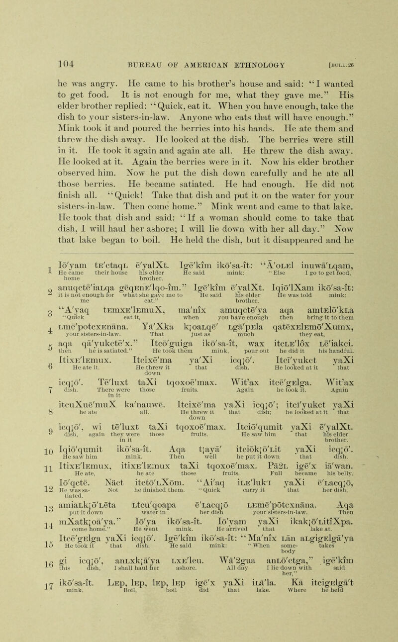 1 2 3 4 5 6 7 8 9 10 11 12 13 U 15 16 17 104 BUREAU OF AMERICAN ETHNOLOGY [BULL. 26 he was angry. He came to his brother’s house and said: “I wanted to get food. It is not enough for me, what they gave me.” His elder brother replied: ‘‘Quick, eat it. When you have enough, take the dish to }mur sisters-in-law. Anyone who eats that will have enough.” Mink took it and poured the berries into his hands. He ate them and threw the dish away. He looked at the dish. The berries were still in it. He took it again and again ate all. He threw the dish awajL He looked at it. Again the berries were in it. Now his elder bi-other observed him. Now he put the dish down carefully and he ate all those berries. He became satiated. He had enough. He did not finish all. ‘‘Quick! Take that dish and put it on the water for your sisters-in-law. Then come home.” Mink went and came to that lake. He took that disband said: “If a woman should come to take that dish, I will haul her ashore; I will lie down with her all day.” Now that lake began to boil. He held the dish, but it disapjieared and he Ige'kim iko'sa-it: He said mink: Io'3^am tE'ctaqu e'yalXt He came their house his elder home brother. anuqcte'iaLqa geqEnE'lqo-im.” Ige'kim e'yalXt. it is not enough for what she gave me to He said his elder me eat.” brother. “A'yaq tEmxE'lEinuX, ma'nix amuqcte'ya ‘‘Quick eat it, when you have enough i.me'potcxEnana. Ya'Xka kjoaLqe' Lga'pEla your sisters-in-law. That just as much aqa qa'^mkcte'x.” Itco'guiga iko'sa-it, wax then he is satiated.” He took them mink, pour out ItixE'lEiHux. Itcixe'ma va'Xi He ate it. He threw it ' that down Te'luxt taXi tqoxoe'max. A'oleI ‘‘ Else inuwa Lqam, I go to get food. Iqio'lXam iko'sa-it: He was told mink: aqa then amtElo'kua bring it to them qatexElEmo'Xumx, they eat, itcLE'lox Lc'iakci. he did it his handful. icqjO dish. icqjo dish. There were in it itcuXue'muX he ate those ka'nauwe. all. icqjo', wi dish, again they were te'luxt fruits. Itcixe'ma He threw it down tqoxoe'max fruits. Wit’ax Again Itci'j’ukct He looked at it itce'gElga. he took n. 3”aXi that Wit’ax Again yaXi that icqjo dish; itcl'yukct 5^aXi he looked at it that Itcio'qumit 3'aXi e'3’alXt. He saw him Iqio'qumit He saw him ItixE'lEmux, He ate, lo'qcte. Nact He was .sa- Not tiated. amiaukjo'Leta put it down mXatkjoa'3^a.’’ come home.” Itce'gElga yaXi icqjo' He took it that dish. taXi those in it iko'sa-it. Aqa tjaya' itciokjo'uit mink. Then well he put it down itixE'lEmux taXi tqoxoe'max. Pa2L he ate those fruits. Full itcto'uXom. “Ai'aq iuE'lukT 3‘aXi ‘‘Quick carry it that 3’aXi that ige'x became he finished them. that his elder brother. icqjo'. dish. ia'wan. his belly. e'uacqjo, her dish. lo'va He went gl. tins 1C qjo' dish, iko'sa-it. mink. Ltcu'qoapa e'Lacqjo LEine'potcxiiana. Aqa water in her dish your sisters-in-law. Then iko'sa-it. lo'vam 3’aXi ikakjo'uitiXpa. mink. He arrived that lake at. Ige'kim iko'sa-it: “Ala'nix uan aLgigElga'3a He said mink: ‘‘When some- takes body auLxkja'3a lxe'Icu. Wa'2gua aiiLo'ctga,” ige'kim I shall haul her ashore. All day I lie down with said her,” iua'la. Ka ItcigElga't lake. Where he held Lep, lEp, lEp, lEp Boll, boil ige'x 3aXi did “ that
