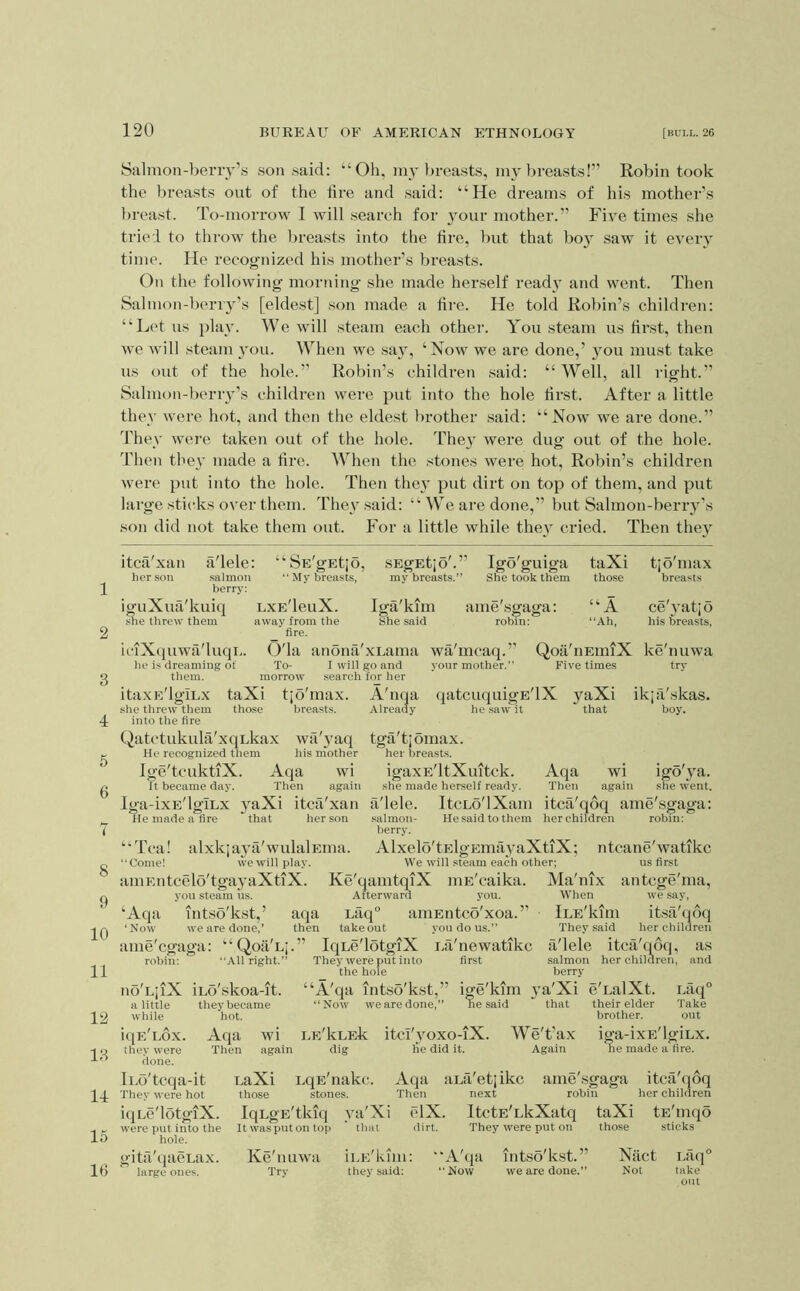 1 2 3 4 5 6 7 8 9 10 11 12 13 14 15 16 120 BUREAU OF AMERICAN ETHNOLOGY 26 Salmon-beiTv’s son said: “Oh, my breasts, nn'breasts!” Robin took the breasts out of the tire and said: “He dreams of his mother’s breast. To-morrow 1 will search for 3mur mother.” Five times she tried to throw the breasts into the tire, but that bo}^ saw it every time. He recognized his mother’s breasts. On the following morning she made herself ready and went. Then Salmon-berry’s [eldest] son made a tire. He told Robin’s children: “Let us play. We will steam each other. You steam us tii’st, then we will steam imu. When we say, ‘Now we are done,’ jmu must take us out of the hole.” Robin’s childi’en said: “ Well, all right.” Salmon-l)eriT’s children were put into the hole tirst. After a little they were hot, and then the eldest brother said: “Now we are done.” They were taken out of the hole. They were dug out of the hole. Then they made a fire. When the stones were hot, Robin’s children were put into the hole. Then the\ put dirt on top of them, and put large sticks over them. They said: “ We are done,” but Salmon-berry’s son did not take them out. For a little while the}^ cried. Then thej itca'xan a'lele: “SE'gEtjo, SEgEtjo'.” Igo'guiga taXi her son .salmon “My breasts, my breasts.” She took them those berry: iguXua'kuiq LXE'leuX. Iga'kim ame'sgaga: “A she threw them away from the She said robin: “Ah, fire. iciXquwa'luqu. O'la anona'xLama wa'mcaq.’’ Qoa'nEmiX he is dreaming of To- I will go and your mother.” Five times them. morrow search for her tjobnax breasts ce'yatjo his breasts, ke'nuwa try itaxE'lgiLx taXi tjo'raax. A'nqa qatcuquigE'lX yaXi ikja'.skas. she threw them those breasts. Already he saw it that boy. into the fire (^atctukula'xqukax wa'yaq tgaTjoinax. He recognized them his mother her breasts. Ige'tcuktiX. Aqa wi igaxE'ltXuitck. Aqa wi igo'^^a. It became day. Then again she made herself ready. Then again she went. Iga-ixE'lglLx yaXi itca'xan a'lele. ItcLo'lXam itca'qoq ame'sgaga: He made a fire that her son salmon- Hesaidtothem herchildren robin: berry. “Tea! alxkjaya'wulalEma. Alxelo'tElgEinayaXtiX; ntcane'watikc Come! we will play. We will steam each other; us first aiuEiitcelo'tgaj^aXtiX. Ke'qamtqiX niE'caika. Ma'nix antege'ina, you steam us. Afterward you. When W'e say, ‘Aqa int.so'k.st,’ aqa Laq° amEiitco'xoa.” iLE'knn it.sii'qoq ‘Now we are done,’ then takeout you do us.” They said herchildren ame'egaga: “Qoa'uj.” Ique'lotgiX ua'newatikc a'lele itca'qoq, as robin: “All right.” They were put into first salmon herchildren, and the hole berry no'LjiX iuo'skoa-it. “A'qa intso'kst,” ige'kim }a'Xi e'ualXt. Laq° a little theybecame “Now' wearedone,” he said that their elder Take while hot. brother. out iqE'Lox. Aqa wi UE'kuEk itci'yoxo-iX. We't’ax iga-ixE'lgiux. they were Then again dig lie did it. Again he made a fire, done. luo'tcqa-it eaXi uqE'nakc. Aqa aua'etjikc ame'sgaga itca'qoq They were hot those stones. Then next robin her children ique'lotgiX. IqLgE'tkiq ya'Xi elX. ItctE'ukXatq taXi tE'mqo were put into the It wasputon top ' that dirt. They were put on those sticks hole. gitfi'tiaeLax. Ke'nuwa iLE'kim: A'tia intso'kst.” Niict Lil(|° large ones. Trv they said: “Now wearedone.” Not take out