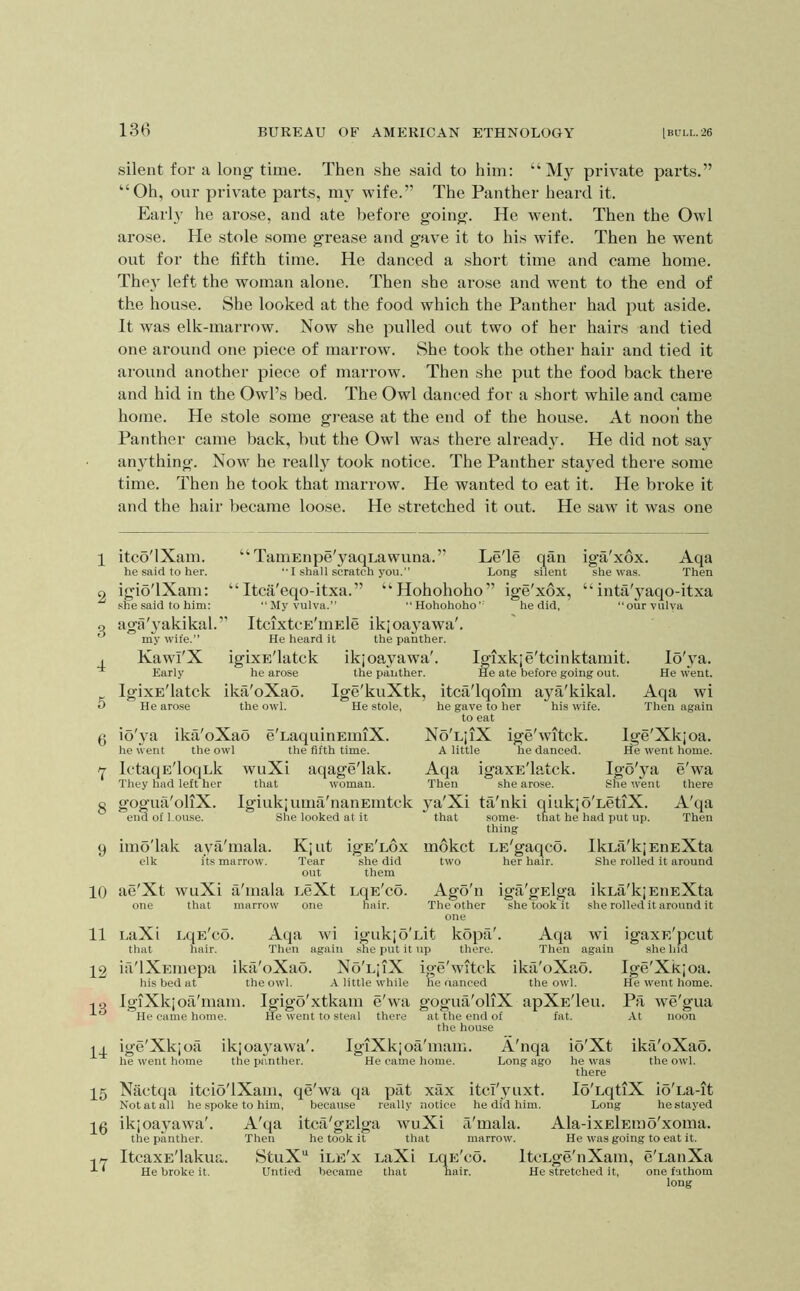 1 2 3 4 5 6 7 8 9 10 11 12 13 11 15 16 17 136 BUREAU OF AMERICAN ETHNOLOGY [BULL. 26 silent for a long time. Then she said to him: “My private parts.” “Oh, our private parts, my wife.” The Panther heard it. Early he arose, and ate before going. He went. Then the Owl arose. He stole some grease and gave it to his wife. Then he went out for the fifth time. He danced a short time and came home. They left the woman alone. Then she arose and went to the end of the house. She looked at the food which the Panther had put aside. It was elk-marrow. Now she pulled out two of her hairs and tied one around one piece of marrow. She took the other hair and tied it around another piece of marrow. Then she put the food back there and hid in the Owl’s bed. The Owl danced for a short while and came home. He stole some gi’ease at the end of the house. At noon the Panther came back, but the Owl was there already. He did not sa}^ anything. Now he really took notice. The Panther stayed there some time. Then he took that marrow. He wanted to eat it. He broke it and the hair became loose. He stretched it out. He saw it was one itco'lXam. “TaniEnpe'yaqLawuna.” Le'le qan iga'xox. Aqa he said to her. ‘T shall scratch you.” Long silent she was. Then igio'lXam: “Itdi'eqo-itxa.” “Hohohoho” ige'xox, “inta'yaqo-itxa .she said to him: ‘‘My vulva.” “Hohohoho” he did, “our vulva aga'3'akikal.’’ ItcixtcE'mEle ikjoayawa'. my wife.” He heard it the panther. Kawi'X igixE'latck ikjoayawa'. Igixkje'tcinktamit. lo'ya. Early he arose the panther. He ate before going out. He went. IgixE'latck ika'oXao. Ige'kuXtk, itca'lqoim aj'^a'kikal. Aqa wi He arose the owl. He stole, he gave to her his wife. Then again io'ya ika'oXao e'LaquinEiniX. he went the owl the fifth time. IctaqE'loquk wuXi aqage'lak. They had left her that woman. gogufi'oliX. Igiukj uma'nanEintck end of Louse. She looked at it imo'lak aya'mala. Kjut igE'uox elk its marrow. Tear she did out them ae'Xt wuXi tl'mala ueXt LqE'co. one that marrow one hair. to eat No'LjiX ige'witck. Ige'Xkjoa. A little he danced. He went home. Aqa igaxE'latck. Ig'o'jui e'wa Then she arose. She went there ya'Xi ta'nki qiukjo'LctiX. A'qa that some- that he had put up. Then thing mokct LE'gaqco. Ikua'kjEnEXta two her hair. She rolled it around Ago'n iga'gElga ikLa'kjEnEXta The other she took it she rolled it around it one LaXi LqE'co. Aqa wi igukjo'uit kopa'. Aqa wi igaxE'pcut that hair. Then again she put it up there. Then again she hid itl'lXEimepa ika'oXab. No'LjiX ige'witck ika'oXao. Ige'Xkjoa. his bed at the owl. A little while he nanced the owl. He went home. IgiXkjoa'mam. Igigo'xtkam e'wa goguil'oliX apXE'leu. Pa we'gua He came home. He went to steal there at the end of fat. At noon the house ige'Xkjoa ikjoayawa'. IgiXkjoa'mam. A'nqa io'Xt ika'oXao. he went home the panther. He came home. Long ago he was the owl. there Nactqa itcio'lXam, qe'wa qa piit xax itcl'yuxt. lo'LqtiX io'La-it Not at all he spoke to him, because really notice he did him. Long he stayed ikjoayawa'. A'qa itctl'gElga wuXi a'mala. Ala-ixElErao'xoma. the panther. Then he took it that marrow. He was going to eat it. ItcaxE'lakua. StuX“ iLE'x LaXi LqE'co. ItcLge'nXam, e'LanXa He broke it. Untied became that hair. He stretched it, one fathom long