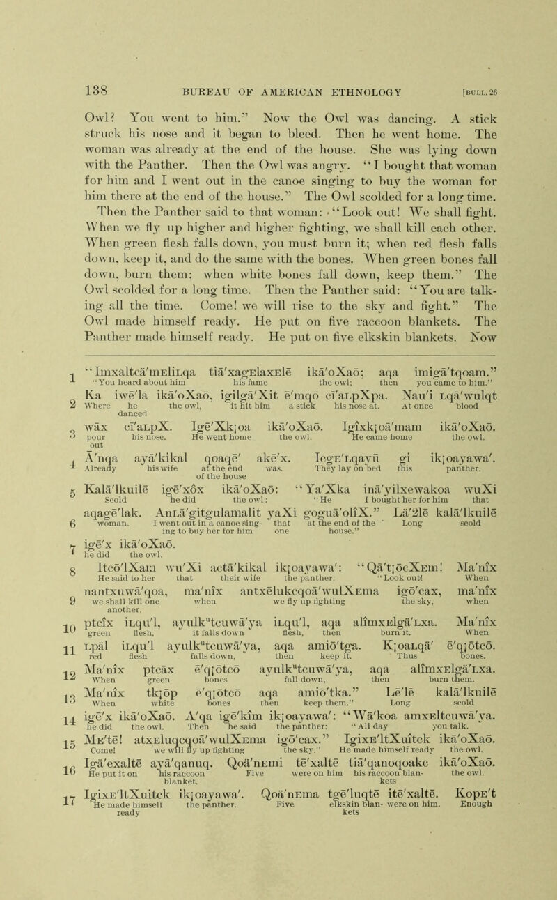 1 2 3 4 5 6 7 8 9 10 11 12 13 11 15 16 17 138 BUREAU OF AMERICAN ETHNOLOGY [bull. 26 Owl? You went to him.” Now the Owl was dancing. A stick .struck his nose and it began to bleed. Then he went home. The woman was alread}' at the end of the house. She was l3dng down with the Panther. Then the Owl was angiy. “I bought that woman for him and I went out in the canoe singing to buy the woman for him there at the end of the house.” The Owl scolded for a long time. Then the Panther said to that woman: - “Look out! We shall fight. When we fl}' up higher and higher fighting, we shall kill each other. AYhen green flesh falls down, }’-ou must burn it; when red flesh falls down, keep it, and do the same with the bones. When green bones fall down, burn them; when white bones fall down, keep them.” The Owl .scolded for a long time. Then the Panther said: “You are talk- ing all the time. Come! we will rise to the sk}^ and fight.” The Owl made himself ready. He put on five raccoon blankets. The Panther made himself ready. He put on five elkskin blankets. Now “ Im.xaltca'niEliLqa tia'xagElaxEle ika'oXao; aqa imiga'tqoam.” “You heard about him his fame the owl; then you came to him.” Ka iwe'la ika'oXao, igilga'Xit e'mqo cl'aupXpa. Nau'i Lqa'wulqt Where he the owl, it hit him a sticK his nose at. At once blood danced wax cl'aupX. Ige'Xkjoa ika'oXao. Igixkioa'mam ika'oXao. pour his nose. He went home the owl. He came home the owl. out A'nqa aya'kikal qoaqe' ake'x. IcgE'uqayu gi ikjoayawa'. Already his wife at the end was. They lay on “bed this panther, of the house scold Kala'lkuile ige'xox ika'oXao: “ Ya'Xka ina'3filxewakoa wuXi Scold ne did the owl; “He I bought her for him that aqage'lak. AiiLa'gitgulamalit yaXi gogua'oliX.” La'2le kala'lkuile woman. I went out in a canoe sing- that at the end of the ' Long ing to buy her for him one house.” ige'x ika'oXao. he did the owl. Itco'lXam wu'Xi acta'kikal ikjoa3awa': “Qa'tjocXEui! He said to her that their wife the panther: “Lookout! nantxuwa'qoa, ma'mx antxelukcqoti'wulXEina igo'cax, we shall kill one when we fly up fighting tlie sky, another, ptcix iLqu'l, a3uilk“tcuwa'3'a iuqu'l, aqa alimxElg'a'Lxa. green flesh, it falls down flesh, then Lpal iLqu'l a3ailk“tcuwa'ya, aqa amio'tga. red flesh Ma'nix ptcax green tkjop burn it. IvjoaLqa' Thus Ma'nix When ma'nix when Ma'nix When e'qjotco. bones. When Ma'nix When aqa then white ige'x ika'oXao. he did the owl. falls down, then keep it e'qjotco ayulkHcuwa'ya, bones fall down, e'qjotco aqa amio'tka.” bones then keep them.” A'qa ige'kim ikjoayawa': “Wa'koa amxEltcuwa'3a Then he said the panther: “ All day .vou talk. alimxElga'Lxa. burn them. Le'le kala'lkuile Long scold ME'te! atxEluqcqoa'wulXEma igo'cax.” IgixE'ltXuitck Come! we will fly up fighting the sky.” He made himself ready Iga'exalte aya'qanuq. Qoa'nEini te'xalte tia'qanoqoakc He put it on his raccoon Five were on him his raccoon blan- blanket. kets IgixE'ltXuitck ikjoayawa'. Qoa'iiEina tge'luq^te ite'xalte. He made himself the panther. Five elkskin blan- were on him. ready kets ika'oXao. the owl. ika'oXao. the owl. KopE't Enough
