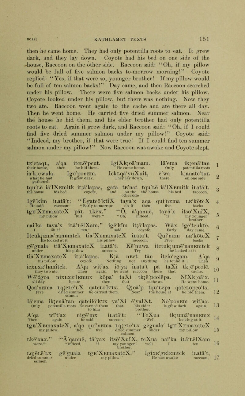 then he came home. They had only potentilla roots to eat. It grew dark, and they la}^ down. Co}mte had his hed on one side of the -house, Raccoon on the other side. Raccoon said: ‘*Oh, if my pillow would be full of live salmon backs to-morrow morning!” Coyote replied: “Yes, if that were so, younger brother! If my pillow would be full of ten salmon backs!” Day came, and then Raccoon searched under his pillow. There were five salmon backs under his pillow. Coyote looked under his pillow, but there was nothing. Now they two ate. Raccoon went again to the cache and ate there all day. Then he went home. He carried five dried summer salmon. Near the house he hid them, and his elder brother had only potentilla roots to eat. Again it grew dark, and Raccoon said: “Oh, if I could find five dried summer salmon under my pillow!” C/oyote said: “Indeed, my brother, if that were true! If I could find ten summer salmon under my pillow! ” Now Raccoon was awake and Co}'ote slept. tE'ctaqL, a'qa itcLo'pcut. their house, then he hid them. ia'kjewula. Igo'ponEin. what he had It grew dark, gathered. tqu'Le ia'lXEmitk itpl'lapas, the house his bed coyote, IgiNkjoa'inam. He came home. IckLqa'yuXuit, They lay down, la'ema ikjena'tan Only potentilla roots e'wa kjanate'tuL there on one side gata tE'nat tquTe ia'lXEmitk iLata't. and on the the house his bed raccoon, other side Ige'kim iLata't: “Egatco'ktiX taya'x aqa qui'iiEma LE'kotcX , He said raccoon; “ Early to-morrow oh if then five backs tgE'XEmaxatcX paL Lkex.” “O, a'qanue, taysl'x itso'XuiX, my pillow full were.” “Oh, indeed, *^if my younger brother, nai'ka taya'x iLfi'i.elXam,” ige'kim itja'lapas. Wax ige'tcukte. I oh if ten,” said coyote. Early day came. ItcukjEina'nanEmtck tia'XEinaxatcX iLata't. Qui'nEin LE'kotcX He looked at it his pillow raccoon. Five backs ge'guala tia'XEmaxatcX iLata't. Ke'nuwa itctukjume'nanEmtck under his pillow raccoon. Try he looked at it tiil'XEinaxatcX itjii'lapas. Kja iiEct tan itcio'cgam. A'qa his pillow coyote. Nothing not anything he found it. Then icxLXE'lEmitck. A'qa wit’ax io'ya iLata't pii taXi tkje'pcole. they two ate. Then again he went raccoon there that cache. We'2goa nixLxE'lEmux kopa' taXi tkje'pcolepa. NiXkjoa'x. All day he ate then that cache at. He went home. Qoii'nEma LqjcLc'LX tjatcLo'kTx. Q;oa'p ttpi'Lcpa qatcLopco'tx. Five dried summer he carried them. Near the house at he hid them, salmon la'ema ik;ena'tan qatcilo'kTx ya'Xi e'yalXt. No'poiiEui wit’ax. Only potentilla roots he carried them that his elder It grew dark again, to him brother. A'qa wi't’ax Then again nige mx he said iLata't: raccoon: “TcXua  Well tkjiima'nanEmx looking at it tgE'XEmaxatcX, a'qa qui'iiEma LqjeLe'Lx geguala' tgE'XEmaxatcX my pillow, then five dried summer under my pillow salmon “A'qanue, ta'yax itso'XuiX, tcXua nai'ka iLa'LelXarn “Indeed, if my younger well I ten brother. Lke'xax.” were.” LqjeLe LX dried summer salmon ge'guala under tgE'XEmaxatcX. ’ my pillow.” IgixE'gElEUltck He was awake iLata't, raccoon, 1 2 3 4 5 6 7 8 9 10 11 12 13 14 15 16 17