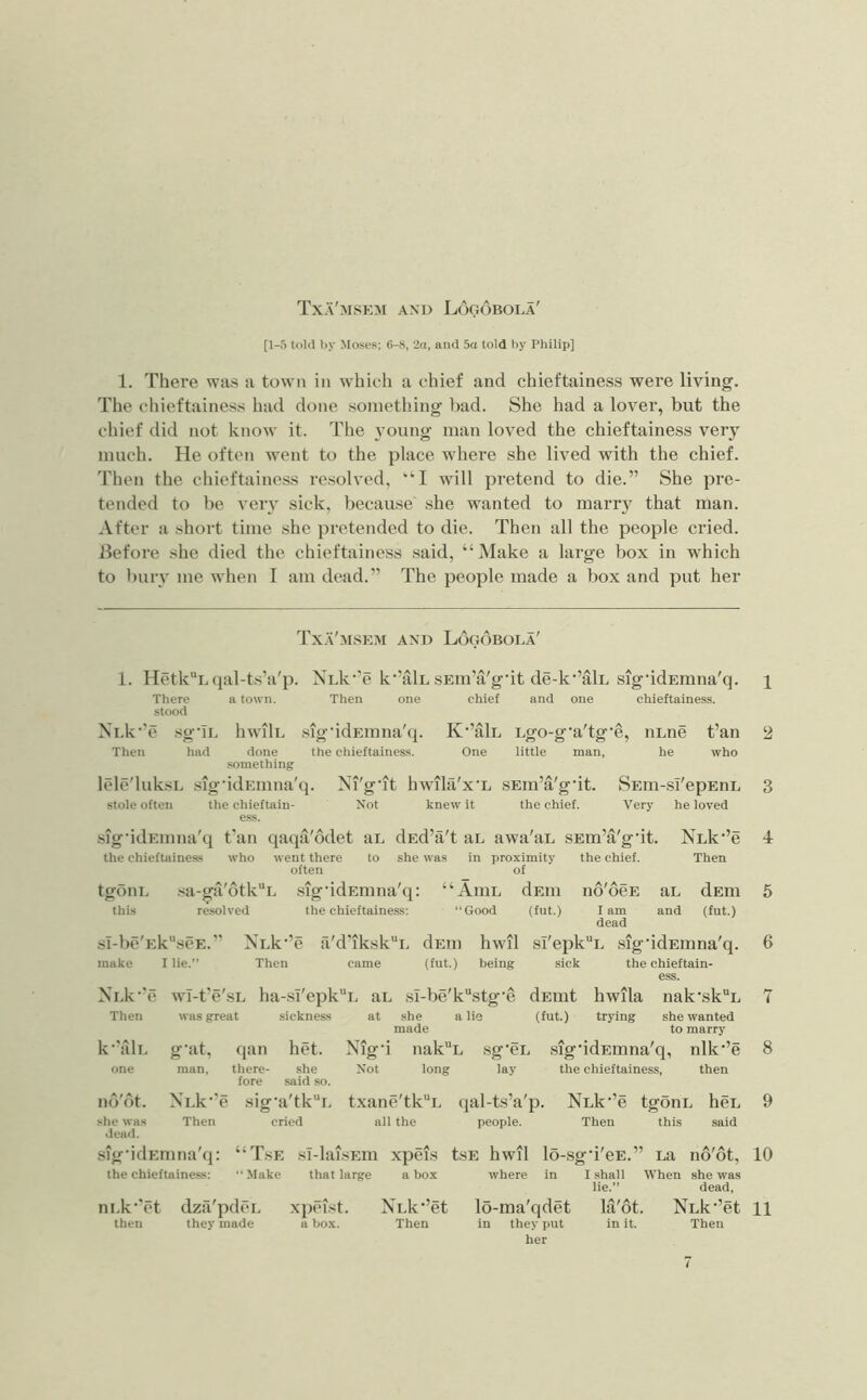 Txa'msem and Looobola' [1-5 told by Moses; 6-K, 2a, and 5a told by Philip] 1. There was a town in which a chief and chieftainess were living. The cliieftainess had done something bad. She had a lover, but the chief did not know it. The 3’oung man loved the chieftainess very much. He often went to the place where she lived with the chief. Then the chieftainess resolved, “I will pretend to die.” She pre- tended to be very sick, because she wanted to marry that man. After a short time she pretended to die. Then all the people cried, llefore she died the chieftainess .said, “Make a large box in which to bury me when I am dead.” The people made a box and put her Txa'msem and Lopoboea' 1. Hetk“Lqal-ts’a'p. Nnk’^e k”{ilL sEin’a'gdt de-k”alL sigddEmna'q. There a town. Then one chief and one chieftainess. stood XLk‘'e .sg'lE hwili. .sig’idEinna'q. K’’alL Lgo-g'a'tg‘e, iiLne fan Then had done the chieftainess. One little man, he who something lele'luksL sig'idEinna'q. Xi'g’it hwikX'x'L sEin’a'gdt. SEiu-sI'epEnL Stole often the chieftain- Not knew it the chief. Very he loved ess. sigddEmna'q fan qaqa'odet an dEd’a't an awa'aL SEm’a'gdt. XLk‘’e the chieftainess who went there to she was in proximity the chief. Then often of tgoni. .sa-ga'otk“L sigddEmna'q: “Aiiil dEiii no'ocE aL dsm this resolved the chieftainess: “Good (fut.) lam and (fut.) dead sI-be'EkseE.” NLk”e a'd'iksk“L dEin hwil sI'epkE .sig’idEmna'q. make I lie.” Then came (fut.) being sick the chieftain- ess. XEk'^o wI-fe'sL ha-sI'epkE aL .sl-be'kstg'e dEmt hwila nak‘skL Then was great sickness at she a lie (fut.) trying she wanted made to marry k‘'alL g'at, qan het. Nig'i nak“L sg'cL .sig'idEmna'q, nlk’e one man, there- she Not long lay the chieftainess, then fore said so. no'dt. Nuk^’e .sig'a'tk!. txane'tkL qal-ts’a'p. Nuk^’e tgonL hcL she was Then cried all the people. Then this said dead. sig'idEmna'q: “T.se .sI-lai.sEm xpeis tsE hwil lo-sgd'cE.” La no'ot, the chieftainess: Make that large a box where in I shall When she was lie.” dead. then they made a box. Then in they put In it. Then her 1 2 3 4 5 6 7 8 9 10