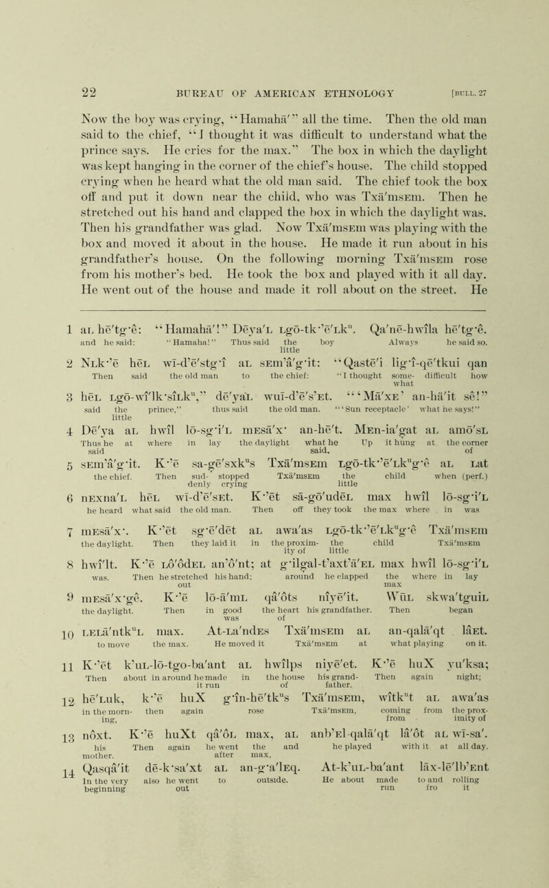 Now the hoy was crying, “Hainaha'’- all the time. Then the old man said to the chief, “J thought it was difficult to understand what the prince says. He cries for the max. The l)ox in which the daylight was kept hanging in the corner of the chief’s house. The child stopped crying when he heard what the old man said. The chief took the box off and put it down near the child, who was Txa'msEin. Then he stretched out his hand and clapped the box in which the dajdight was. Then his grandfather was glad. Now Txii'msEm was playing with the box and mov^ed it about in the house. He made it run about in his grandfather’s house. On the following morning Txa'msEiu rose from his mother’s lied. He took the box and phu^ed with it all day. He went out of the house and made it roll about on the street. He 1 an he'tg'e: “ Hamaha'l” Deya'u Lgo-tk‘’e'Lk. Qa'ne-hwila he'tg'e. !ind he said: “Hamalm!” Thus said the boy Always he said so. little 2 NLk’’e heL wl-d’e'stg‘i au sEin’a'gdt; “Qaste'i ligd-qe'tkui qan Then .said the old man to the chief: “I thought .some- difficult how what 3 hex Lgo-wi'lk‘siLk“,” de'ya'L wuI-d’e's’Et. “‘M:Vxe’ an-hii'it se!” ■said the prince,” thus .said the old man. “ ‘ Sun receptacle' whathesaysl” little 4 De'ya au hwil lo-sgd'u niEsa'x' an-he't. MEn-ia'gat au amo'sL Thus he at where in lay the daylight what he Up it hung at the corner said ' said. of 5 sEin’a'gdt. K’’e sa-ge'sxks Txa'msEin xgo-tk'’e'Lk''g'e au xat the chief. Then sud-’ stopped Txa'msEm the child when (perf.) denly crying little 6 nExna'L heL wI-d’e'sEt. K’et sa-go'udeu max hwil lo-sgd'L he heard what said the old man. Then off they took the max where in was 7 lUE.sa'x-. K-’et sg’e'det the daylight. Then they laid it aL awa'as Lgo-tk'’e'Lk“g‘e Txa'msEm in the proxim- the child Txii'msEm ity of little 8 liwi'lt. K‘’e Lo'ddEL an’o'nt; at gdlgal-t’axt’a'EL max hwil lo-sgd'L Then he stretched his hand; out around he clapped y lUEsa'x'ge. the daylight. jQ LELa'ntkL to move K’e Then max. the max. lo-a'iuL qa'ots good was the heart of luye'it. his grandfather. At-La'ndEs He moved it Txa'msEm Txii'msEm aL at the where in lay max VVui Then skwa'tguiL began an-qala'qt what playing kiEt. on it. 11 K'’et k’uL-lo-tgo-ba'ant Then about in around hemade it run 12 he'Luk, k‘’e huX g in the morn- then again ing, aL hwilpt 1 niye'et. K-’e h uX yu'ksa; in the house his grand- of father. Then again night; TH-he'tk“s Txa'insEiu, witk'd ai. awa'as rose Txii'msEm, coining from from the prox- imity of 13 nbxt. K-’e buXt qa'oL max, au his Then again he went the and mother. after max, Qasqa'it de-k’sa'xt au an-g’a'lEq. In the very also he went to outside, beginning out anb’El qala'cjt la'ot aL wi-sa'. he played with it at all day. At-k’uL-ba'ant liix-le'lb’Ent He about made to and rolling run fro it