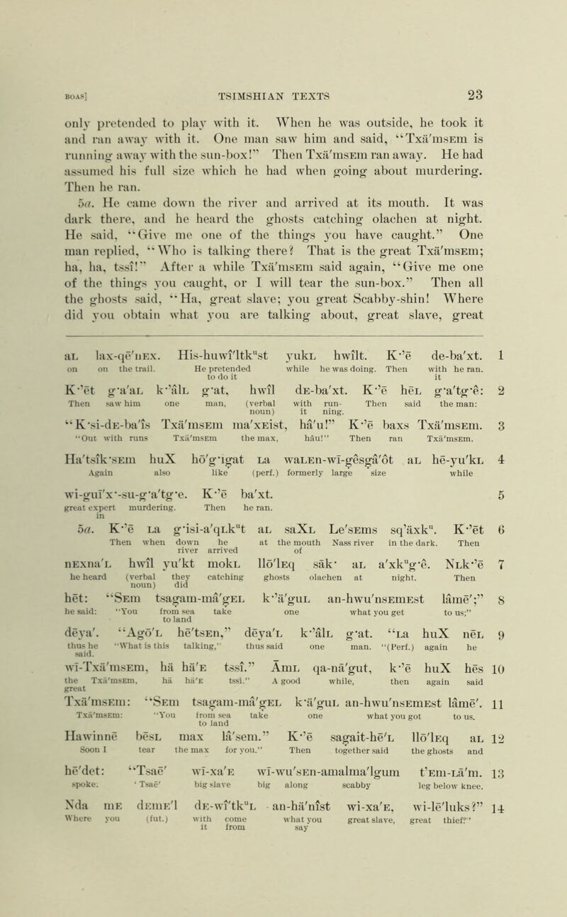 only pretendod to pUyv with it. When he was outside, he took it and ran awa}' with it. One man saw him and said, ‘■‘Txa'msEin is running- away with the sun-box!” Then Txa'msEm ran away. He had assumed his full size which he had when going- about murdering. Then he ran. ba. He came down the river and arrived at its mouth. It was dark there, and he heard the ghosts catching olaehen at night. He .said, “Give me one of the things }mu have caught.” One man replied, “Who is talking there? That is the great Txa'msEin; ha, ha, tssi!” After a while Txil'msEm said again, “Give me one of the things you caught, or I will tear the sun-box.” Then all the ghosts .said, “Ha, great slave; you great Scabby-shin! Where did you obtain what 3'ou are talking about, great slave, great ai. lax-qe'iiEx. His -huwi'ltkst yukL hwilt. K-’e de-ba'xt. 1 on on the trail. He pretended to do it while he was doing. Then with he ran. it K’et g-a'aL k •’alL g’at, hwil dE-ba'xt. K-’e hei. g-a'tg-e: 2 Then saw him one man, (verbal noun) with it run- Then said ning. the man: “K'si-dE-ba'is Txa'insEin ma'xEist, ha'u!” K-’e baxs Txii'msEm. 3 “Out with runs Txii'msEm the max, hfiu!” Then ran Txii'msEm. Ha'tsik'SEm huX ho'g'igat La waLEn-wI-gesga'ot an he-yu'kL 4 Again also like (perf.) formerly large size while wi-gul'x--su-g'a'tg'e. K’’e ba'xt. murdering. Then he ran. great expert in 0«. K'’e La g-isi-a'qLk“t aL saXL Le'sEins sq’axk. K*’et iiExna L he heard Then when down he river arrived hwil yu'kt mokL catching Nass river in the dark. Then (verbal noun) they did at the mouth of llo'lEq sak’ aL a'xk’‘g'e. NLk'’e gho.sts olaehen at night. Then het: “Seiu tsagam-ma'gEL he said: “You from .sea take to land deya'. “Ago'L he'tsEii,” thus he said. “What is this talking,’ what you get deya'L k-’silL g'at. thus said one man. wi-Txa'msEm, ha ha'E the Txii'msEm, ha hii'E great Txa'insEiii: Txii'msEm: ts.si.” tssi.” Ami. qa-na'gut, A good while. La ‘(Perf.) k'’e then to us;’ huX again k'’a'guL an-hwu'nsEiuEst lame';” 8 ncL he 9 huX hes 10 again said “Seui tsagam-ma'gEL k’a'guL an-hwu'nsEiiiEst lame'. H from sea take one '-You Hawinne Soon I he'det: spoke. besL tear 'Tsae' ‘ Tsae' to land max la'.sem.” K’’e the max for you.” Then what you got to us. ■sagait-he'L together said wI-xa'E wi-w’u'sEii-amalma'lgum big slave big along scabby Nda Where niE vou diciuE'l dE-wi'tkL an-hil'nist (fut.) with it come from what you say wi-xa E, great slave. llo'lEq aL 12 the ghosts and t’Em-Lii'm. 13 leg below knee. wi-le'luks?” 14 great thief'?’