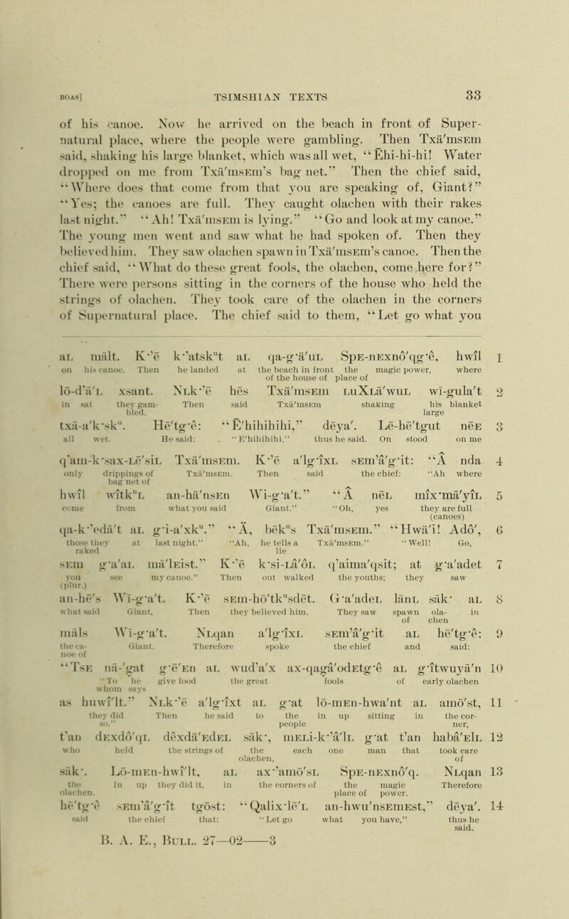 of his ranoe. Now ho arrived on the l)each in front of Super- natural place, where the people were gambling. Then Txa'msEin said, shaking his large blanket, which was all wet, “Ehi-hi-hi! Water dropped on me from Txa'msEiirs bag net.” Then the chief said, “Where does that come from that you are speaking of. Giant?” “Yes; the canoes are full. They caught olachen with their rakes last night.” “Ah! Txa'insKiu is lying.” “Go and look at my canoe.” 'I'he young men went and saw what he had spoken of. Then they believed him. They saw olachen spawn in Txa'insEin’s canoe. Then the chief said, “What do these great fools, the olachen, come .here for?” 'I'here were per.sons sitting in the corners of the house who held the strings of olachen. They took cai’e of the olachen in the corners of Supernatural place. The chief said to them, “Let go what 3^ou ai. malt. K-’e k-’atsk“t ai. (ja-g-a'iiL SpE-iiExnd'q g-e, hwil 1 on his canoe. Then he landed at the beach in front of the house of the magic power, where place of lo-d 'a'l. xsant. NLk-T‘ hos Txa'msEin LuXlJl'wUL wi-gula't 2 in sat thev gam- bled. Then said Txii'msEm shaking his blanket large txa-a'k-sk. nil wet. He'tg’e: He said; “ E'hihihihi,” , '• E'hihihihi,” deya'. thu.s he said. Le-he'tgut On stood neE on me (fam-k'sax-Ee'sii. only drippings of bag net of hwil come witkL from Txa'msEm. Txii'msEm. an-hii'nsEn what you said K-e Then a'lgTXL said sEm’a'e-dt: the chief: “A “Ah nda where Wi-g'a't. Giant.” (ia-k''eda't aL at tho.se they raked SEUl yon (plnr.) an-he's what said inals the ca- noe of g-a ar. see g'i-a'xk“.” last night.” ma'lEi.st.” my cunoo.'’ “A, ■•Ah, K'e Then beks he tells a lie k’si-Lil'oE out walked ’ “A “Oh. Txa'msEin. Txii'msEm.” neL yes mix’ma'yiL they are full (canoes) ‘ Hwil'i! Ado', “Well! Go, (j’aima'qsit; the youths; at they g'a'adet Wl-g'a't. Giant. Wl-g‘a't. Giant. K-'c Then sEm-ho'tk.sdet. they believed him. NEtjan 'Therefore a IgTXI. spoke G'a'adei. They saw sEin’a'g'it the chief lanL Spawn of aL and sak‘ ola- chen aL he'tg'e: said; d'sK as t'an who na-'gat ■ •To he whom says huwi'lt.” they (lid so.” dExdd'qL held ' g'e Ell give food NLk’c Then ai. wud’a'x ax-qaga'odEtg'e the great fools aL gTtwuya'n 10 of early olachen a'lgTxt he said dcxdii'EdEL the strings of aL to .sii k ■, the olachen. g-at the people niELi each lo-iuEn-hwa'nt in up sitting •k-’a'lL one g-at aL in fan that the olachen. lic'tg-c .■^id Lo-niEn-hwi'lt. In up they did it. ai. sEin'a'g-it the ehief tgost; that: ax - amo sL the corners of -Qalix-lc'L “ Let go SpE-iiExno'q. the place of an-hwu'nsEmEst,' what you have,” magic power. amo'st, the cor- ner, haba'ElL took care of NLqan Therefore thus he said. H. A. E., Hull. -27—02- 11 12 13 deva'. l-l 3