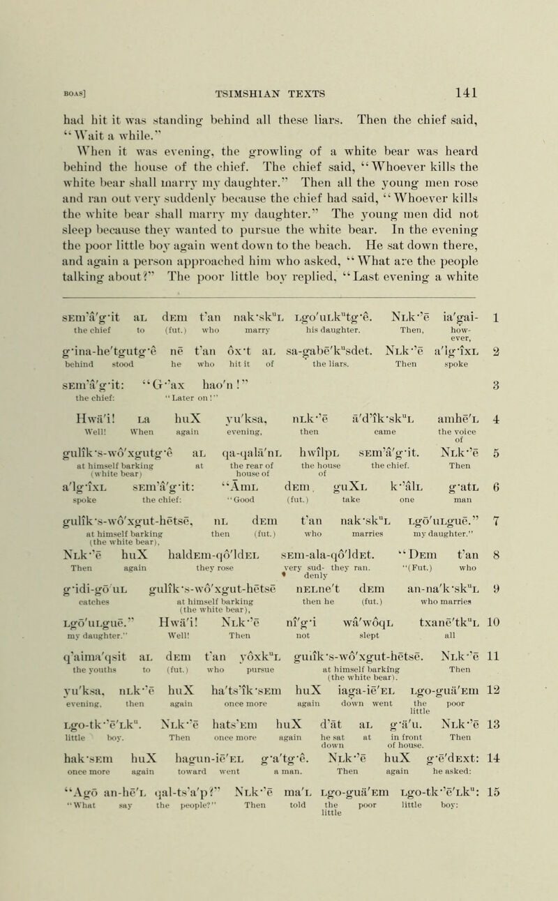 hiul hit it wii.s sitandino- behind all these liars. Then the chief said, “ Wait a while. When it was evening, the growling of a white bear was heard behind the house of the chief. The chief said, “ Whoever kills the white bear shall many mv daughter.” Then all the young men rose and ran out very suddenlv because the chief had .said, “Whoever kills the white bear shall marry my daughter.” The young men did not sleep because thev wanted to pursue the white bear. In the evening the poor little bo}' again went down to the beach. He sat down there, and again a person approached him who asked, “ What are the people talking about?” The poor little boy replied, “La.st evening a white sEiifa'gdt aL dEiii t'an nak’sk“L Lgo'uLktg’e. NLk-’e ia'gai- 1 the chief to (fut.) who marry his daughter. Then, how- ever, gdna-he'tgutg'e ne fan ox't aL sa-gabe'k“sdet. NLk-’e a'lg'ixL 2 behind stood he who hit it of the liars. Then •spoke SEin'a'gdt: “G f'ax hao 'n !” 3 the chief: “ Later on 1 ” Hwa'i! La huX yu'ksa. nLk’’e a'd’ik'skL amhe'L 4 Well! When again evening, then came the voice of gulik’s-wo'xgutg’e aL qa-qala'nL hwilpL SEm’a'gdt. NLk-’e 5 at himself barking at the rear of the hou.se the chief. Then (white bear) house of of a'lg’ixL .SEm’: a'g-it: “Aiul dEui, guXi. k-’alL g-atL 6 spoke the chief: ■ ‘Good (fut.) take one man gulik’s-wo'xgut-hetse, ni. dEin fan nak’sk” L Lgo'uLgue.” 7 at himself barking then (fnt.) who marries my daughter.” (the white bear), NLk‘'e huX haldEin-qd'ldEi. sEiu-ala-qo'ldEt. “Deiii fan 8 Then again they rose very sud- they ran. • denly “(Fut.) who g-idi-go UL g ulik-s-wo'xgut-hetse iiELne't dEm an-na'k-sk''L 9 catches at himself barking (the white bear), then he (fut.) who marries Lgo'uLgue. Hwii'i! Nxk-’e ni'g-i wa'woqL txane'tk“L 10 my daughter. Well! Then not slept all q'aima'qsit aL dEm t'an ydxk“L guiik-.s-wo'xgut-hetse. NLk-’e 11 the youths to (fut.) who pursue at himself barking (the white bear). Then yu'k.sa. nLk-'e huX ha'ts'lk-sEm huX iaga-ie'EL Lgo-giiii'Em 12 evening, then again once more again down went the poor little Lgo-tk-'e'Lk“. NLk-’e hats’Eni huX d’at aL g- a'u. NLk-’e 13 little boy. Then once more again he sat at in front Then down of house. hak'sEtu huX hagun-ie'EL g'a'tg'e. NLk‘’e huX g’e'dExt: 14 once more again toward went a man. Then again he asked: “Ago an-he'i. tjal-ts'a'p? NLk'’e ma'i. Lgo-gua'Em Lgo-tk'’e'Lk: 15 “What sav the people? Then told the poor little bov: little