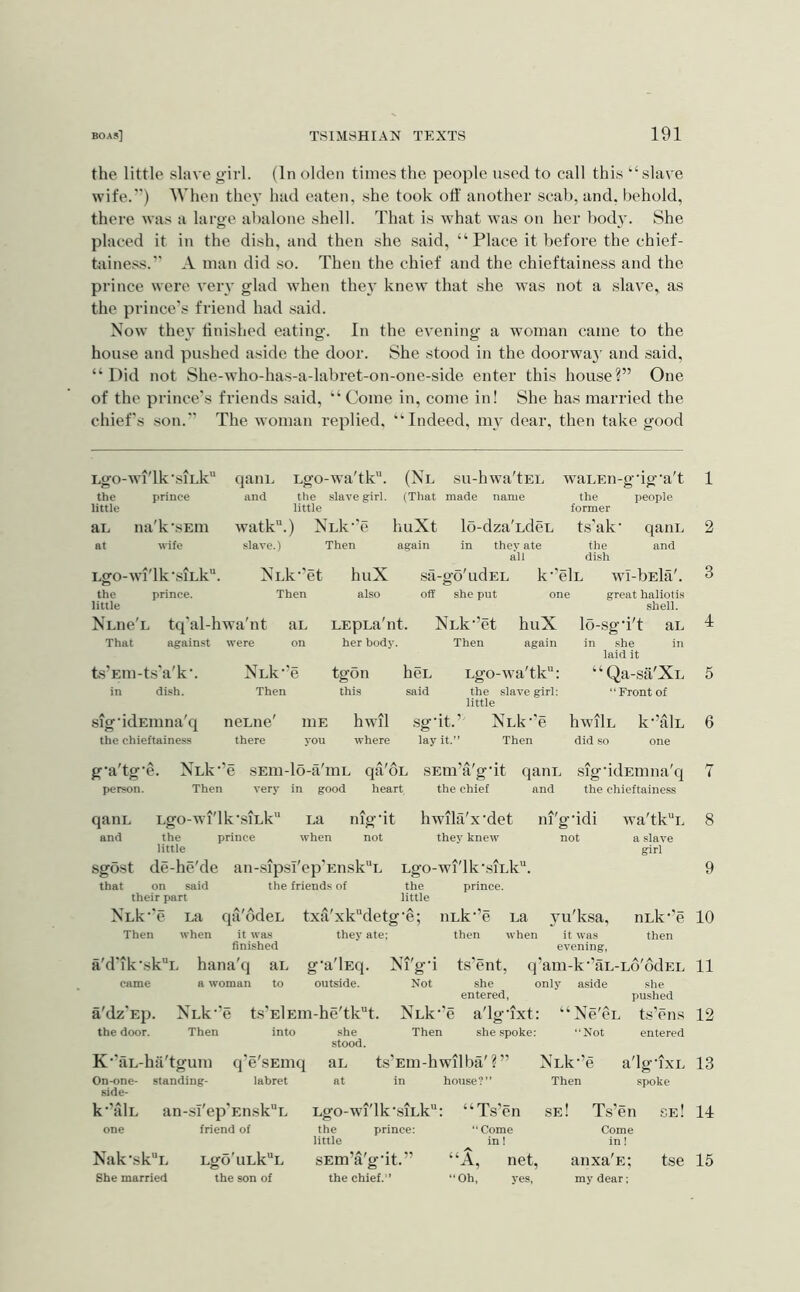 the little slave girl. (In olden times the people u.sed to call this slave wife.) When they had eaten, she took off another scab, and, behold, there was a large abalone shell. That is what was on her bod}. She placed it in the dish, and then she said, “ Place it before the chief- tiiiness. A man did so. Then the chief and the chieftainess and the prince were very glad when they knew that she was not a slave, as the prince’s friend had said. Now they ffnished eating. In the evening a woman came to the house and pushed aside the door. She stood in the doorwa}' and said, “ Did not She-who-has-a-labret-on-one-side enter this house?” One of the prince's friends said, “ Come in, come in! She has married the chief's son. The woman replied, “'Indeed, my dear, then take good Lgo-Avi'lk’sink prince na'k'SEin wife the little an at qann Lgo-wa'tk. (Nl su-hwa'tEL waLEii-gffg'a't and the slave girl. (That made name the people little former watk.) Nnk^'e liuXt slave.) Then again Lgo-wi'lk'siLk. Nnk^’et huX the prince. Then also little Xuie'E tq'al-hwa'nt an LEpLa'nt. That against were on her body. lo-dza'LdeE t.s’ak' e the di.sh k'’elL wI-bEla'. thev ate all qani. and sa-go'udEL off she put Nnk-’et Then huX again ts’Ein-ts'a'k'. in dish. sig'idEinna'q the chieftainess Nnk-’e Then tgon this nenne there niE you hwil where hen said sg-it.’ lay it.” Lgo-waTk: the slave girl: little Nnk-’e Then great haliotis shell. lo-sg'i't aL in she in laid it “Qa-sa'XE ‘‘Front of hwilL k’’alL g'a'tg’e. XLk’’e sEm-lo-a'mL qa'oL SEm’a'gfft qanL .sigddEmna'q person. Then very in good heart the chief and the chieftainess qaiiL Lgo-wi'lk'siLk'’ La and the prince when the little nigTt not hwila'x’det they knew lu'g'idi not wa'tk“L a slave girl sgost de-he'de an-.sipsi'ep'Ensk”L Lgo-wi'lkhsiLk. the friends of the prince. that on said their part XLk‘'e La qa'ddcL Then when the little it was finished a'd'ik'.skL hana'q aL came a woman to txa'xk“detg‘e; uLk‘’e La they ate; then when uLk‘’e 10 then yu'ksa, it was evening, g’a'lEq. Ni'g'i ts’ent, q’am-k'’aL-Lo'6dEL 11 outside. Not she only aside she entered, pushed a'dz'Ep. XLk'’e ts’ElEm-he'tlCt. NLk”e a'lgffxt: “Xe'cL t.s’cns 12 the door. Then into she Then she spoke: ‘‘Not entered K''aL-ha'tgum On-one- side- standing- stood. q’e'sEmq aL ts’Em-hwilba'?” NAk^’e labret at in house?” Then a'lg'ixL 13 spoke k”alL an-si'ep'En.sk“L one friend of Lgo-wi'lk •siLk: prince: u Ts’en se! Ts’en se! Id the little ‘ Come in! Nak‘skL She married Lgo'uLk“L the son of sEm’a'gfft.” the chief.’’ ■‘A, ‘Oh, net, yes, Come in! anxa'E; my dear: tse 15