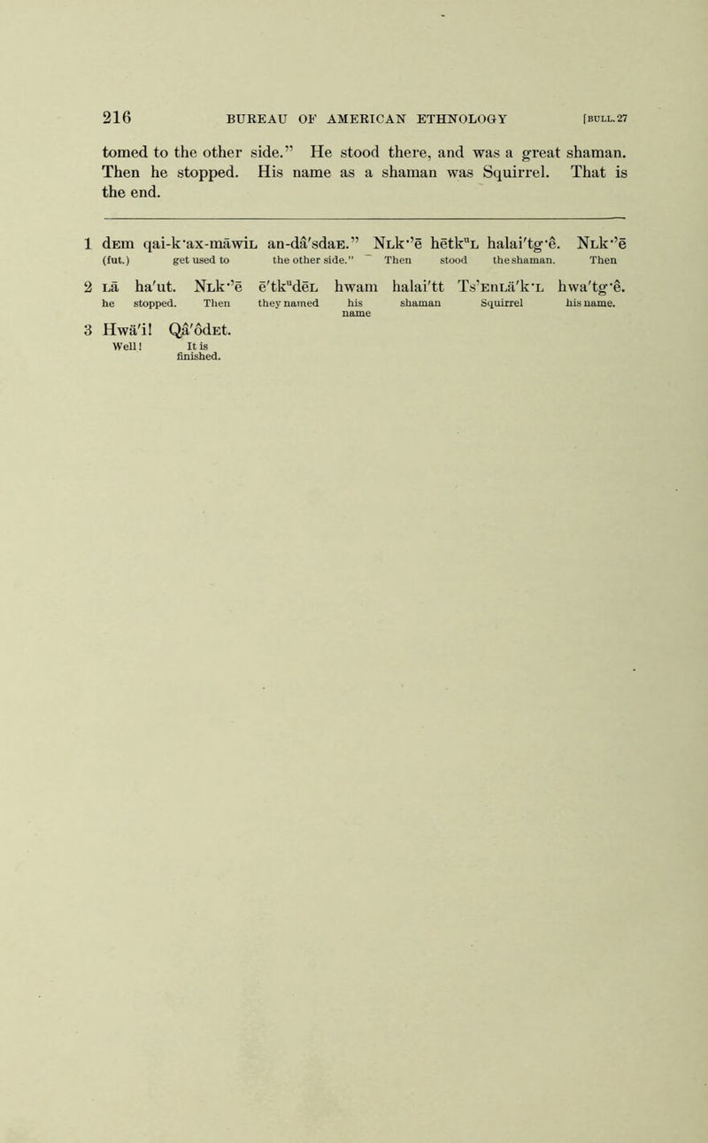 tomed to the other side.” He stood there, and was a great shaman. Then he stopped. His name as a shaman was Squirrel. That is the end. 1 dEm qai-k‘ax-mawiL an-da'sdaE.” NLk’’e hetkL halai'tg'e. NLk‘’e (fut.) get used to the other side.” ~ Then stood theshaman. Then 2 La ha'ut. NLk*’e e'tk“deL hwam halai'tt Ts’EiiLfi'k'L hwa'tg’e. he stopped. Then they named his shaman Squirrel his name. name 3 Hwa'il Qa'odEt. Well! It is finished.