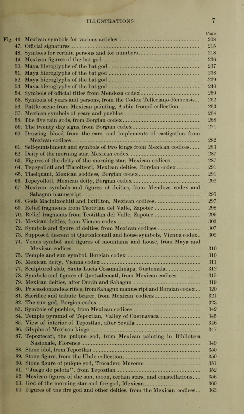 Page Fig. 46. Mexican symbols for various articles 208 47. Official signatures 215 48. Symbols for certain persons and for numbers 218 49. Mexican figures of the bat god 236 50. Maya hieroglyphs of the bat god 237 51. Maya hieroglyphs of the bat god 238 52. Maya hieroglyphs of the bat god 239 53. Maya hieroglyphs of the bat god 240 54. Symbols of official titles from Mendoza codex 259 55. Symbols of years and persons, from the Codex Telleriano-Remensis.. 262 56. Battle scene from Mexican painting, Aubin-Goupil collection 263 57. Mexican symbols of years and pueblos 264 58. The five rain gods, from Borgian codex 268 59. The twenty day signs, from Borgian codex 271 60. Drawing blood from the ears, and implements of castigation from Mexican codices 282 61. Self-punishment and symbols of two kings from Mexican codices 283 62. Deity of the morning star, Mexican codex 287 63. Figures of the deity of the morning star, Mexican codices 287 64. Tepeyollotl and Tlacolteotl, Mexican deities, Borgian codex 291 65. Tlaelquani, Mexican goddess, Borgian codex 291 66. Tepeyollotl, Mexican deity, Borgian codex 292 67. Mexican symbols and figures of deities, from Mendoza codex and Sahagun manuscript 295 68. Gods Maciulxochitl and Ixtlilton, Mexican codices 297 69. Relief fragments from Teotitlan del Valle, Zapotec 298 70. Relief fragments from Teotitlan del Valle, Zapotec 299 71. Mexican'deities, from Vienna codex 303 72. Symbols and figure of deities, from Mexican codices 307 73. Supposed descent of Quetzalcouatl and house symbols, Vienna codex. 309 74. Venus symbol and figures of mountains and house, from Maya and Mexican codices 310 75. Temple and sun symbol, Borgian codex 310 76. Mexican deity, Vienna codex 311 77. Sculptured slab, Santa Lucia Cosamalhuapa, Guatemala 312 78. Symbols and figures of Quetzalcouatl, from Mexican codices 315 79. Mexican deities, after Duran and Sahagun 319 80. Precession and sacrifice, from Sahagun manuscript and Borgian codex.. 320 81. Sacrifice and tribute bearer, from Mexican codices 321 82. The sun god, Borgian codex 323 83. Symbols of pueblos, from Mexican codices 342 84. Temple pyramid of Tepoztlan, Valley of Cuernavaca 345 85. View of interior of Tepoztlan, after Sevilla 346 86. Glyphs of Mexican kings 347 87. Tepoztecatl, the pulque god, from Mexican painting in Biblioteca Nazionale, Florence 349 88. Stone idol, from Tepoztlan 350 89. Stone figure, from the Uhde collection 350 90. Stone figure of pulque god, Trocadero Museum 351 91. “ Juego de pelota”, from Tepoztlan 352 92. Mexican figures of the sun, moon, certain stars, and constellations... 356 93. God of the morning star and fire god, Mexican 360 94. Figures of the fire god and other deities, from the Mexican codices.. 363