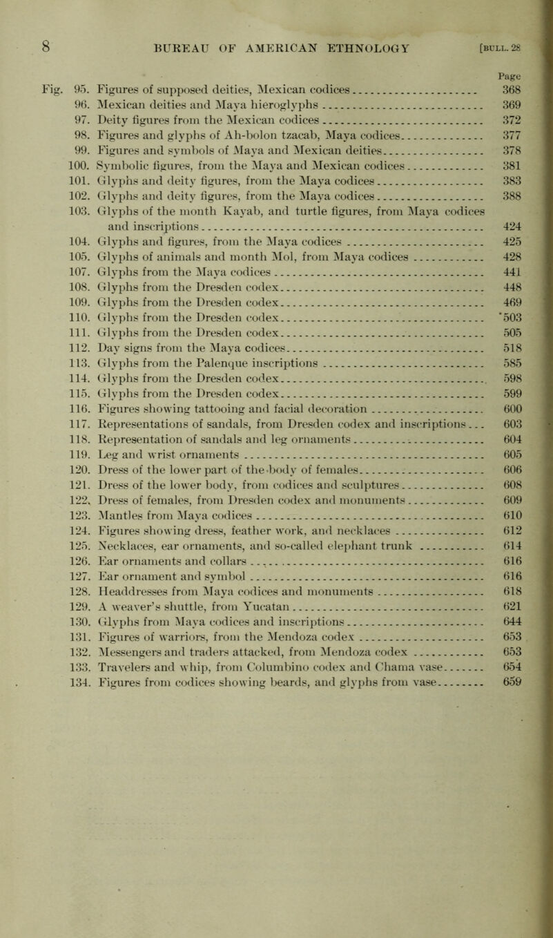 Page Fig. 95. Figures of supposed deities, Mexican codices 368 96. Mexican deities and Maya hieroglyphs 369 97. Deity figures from the Mexican codices 372 98. Figures and glyphs of Ah-bolon tzacab, Maya codices 377 99. Figures and symbols of Maya and Mexican deities 378 100. Symbolic figures, from the Maya and Mexican codices 381 101. Glyphs and deity figures, from the Maya codices 383 102. Glyphs and deity figures, from the Maya codices 388 103. Glyphs of the month Kayab, and turtle figures, from Maya codices and inscriptions 424 104. Glyphs and figures, from the Maya codices 425 105. Glyphs of animals and month Mol, from Maya codices 428 107. Glyphs from the Maya codices 441 108. Glyphs from the Dresden codex 448 109. Glyphs from the Dresden codex 469 110. Glyphs from the Dresden codex *503 111. Glyphs from the Dresden codex 505 112. Day signs from the Maya codices 518 113. Glyphs from the Palenque inscriptions 585 114. Glyphs from the Dresden codex 598 115. Glyphs from the Dresden codex 599 116. Figures showing tattooing and facial decoration 600 117. Representations of sandals, from Dresden codex and inscriptions ... 603 118. Representation of sandals and leg ornaments 604 119. Leg and wrist ornaments 605 120. Dress of the lower part of the-body of females 606 121. Dress of the lower body, from codices and sculptures 608 122» Dress of females, from Dresden codex and monuments 609 123. Mantles from Maya codices 610 124. Figures showing dress, feather work, and necklaces 612 125. Necklaces, ear ornaments, and so-called elephant trunk 614 126. Ear ornaments and collars 616 127. Ear ornament and symbol 616 128. Headdresses from Maya codices and monuments 618 129. A weaver’s shuttle, from Yucatan 621 130. Glyphs from Maya codices and inscriptions 644 131. Figures of warriors, from the Mendoza codex 653 132. Messengers and traders attacked, from Mendoza codex 653 133. Travelers and whip, from Columbino codex and Chama vase 654 134. Figures from codices showing beards, and glyphs from vase 659