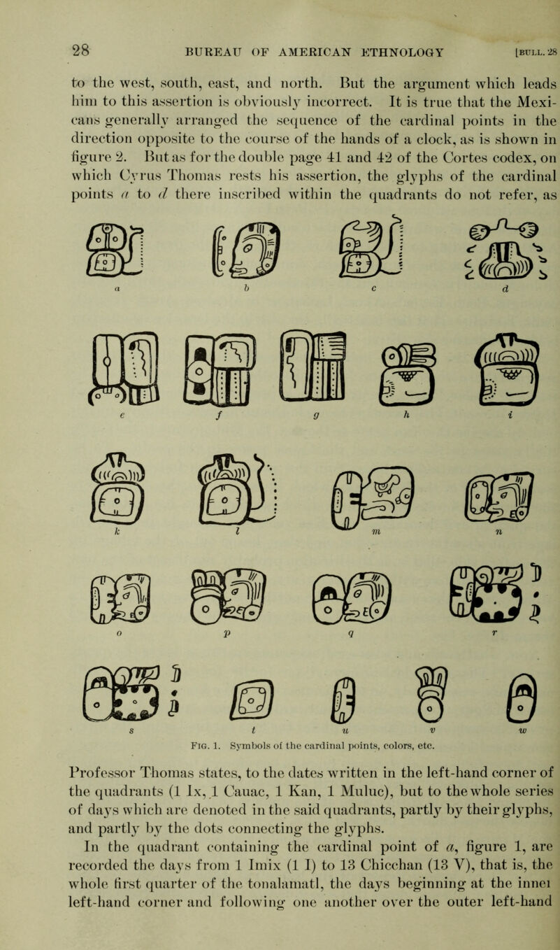 to the west, south, east, and north. But the argument which leads him to this assertion is obviously incorrect. It is true that the Mexi- cans generally arranged the sequence of the cardinal points in the direction opposite to the course of the hands of a clock, as is shown in figure 2. But as for the double page 41 and 42 of the Cortes codex, on which Cyrus Thomas rests his assertion, the glyphs of the cardinal points a to d there inscribed within the quadrants do not refer, as Professor Thomas states, to the dates written in the left-hand corner of the quadrants (1 Ix, 1 Cauac, 1 Kan, 1 Muluc), but to the whole series of days which are denoted in the said quadrants, partly by their gtyphs, and partly by the dots connecting the glyphs. In the quadrant containing the cardinal point of figure 1, are recorded the da\7s from 1 Imix (1 I) to 13 Chicchan (13 V), that is, the whole first quarter of the tonalamatl, the da}7s beginning at the innei left-hand corner and following one another over the outer left-hand