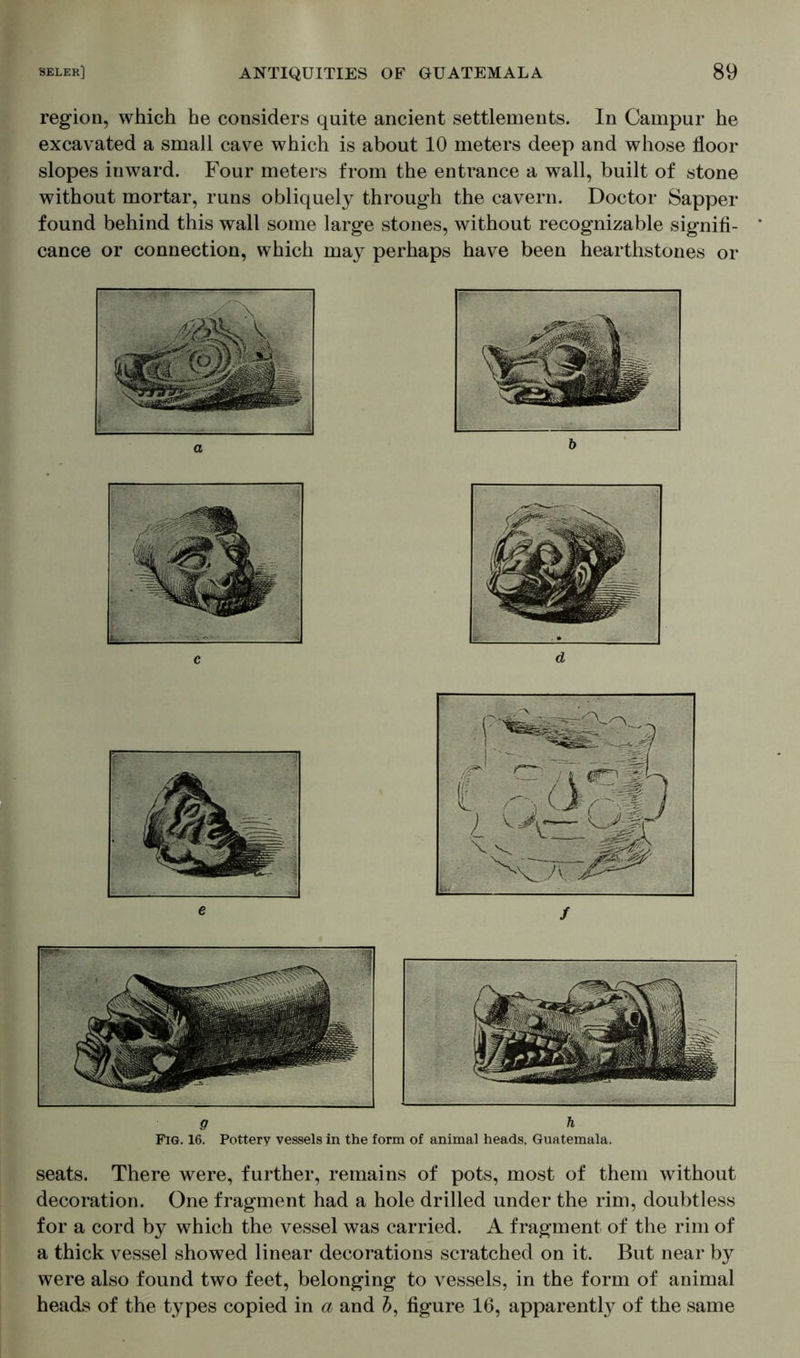 g h Fig. 16. Pottery vessels in the form of animal heads, Guatemala. seats. There were, further, remains of pots, most of them without decoration. One fragment had a hole drilled under the rim, doubtless for a cord by which the vessel was carried. A fragment of the rim of a thick vessel showed linear decorations scratched on it. But near by were also found two feet, belonging to vessels, in the form of animal heads of the types copied in a and b, figure 16, apparent^ of the same region, which he considers quite ancient settlements. In Campur he excavated a small cave which is about 10 meters deep and whose floor slopes inward. Four meters from the entrance a wall, built of stone without mortar, runs obliquely through the cavern. Doctor Sapper found behind this wall some large stones, without recognizable signifi- cance or connection, which may perhaps have been hearthstones or
