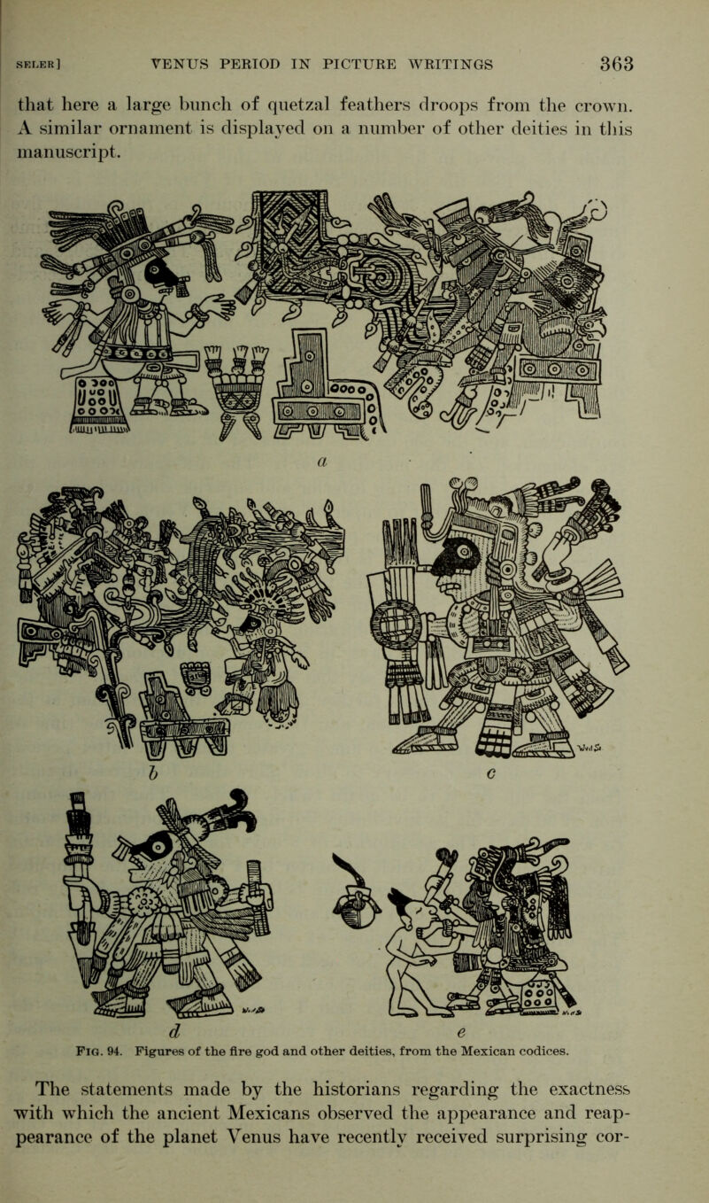 that here a large bunch of quetzal feathers droops from the crown. A similar ornament is displayed on a number of other deities in this manuscript. d e Fig. 94. Figures of the fire god and other deities, from the Mexican codices. The statements made by the historians regarding the exactness with which the ancient Mexicans observed the appearance and reap- pearance of the planet Venus have recently received surprising cor-