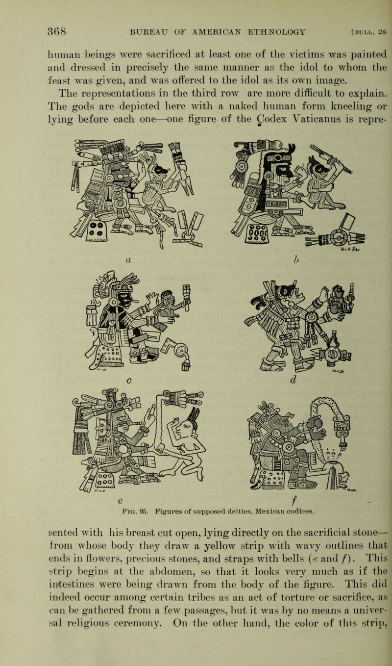 human beings were sacrificed at least one of the victims wras painted and dressed in precisely the same manner as the idol to whom the feast was given, and was offered to the idol as its own image. The representations in the third row are more difficult to explain. The gods are depicted here with a naked human form kneeling or lying before each one—one figure of the Codex Vaticanus is repre- Fig. 95. Figures of supposed deities, Mexican codices. sented with his breast cut open, lying directly on the sacrificial stone— from whose body they draw a yellow strip with wavy outlines that ends in flowers, precious stones, and straps with bells (e and /). This strip begins at the abdomen, so that it looks very much as if the intestines were being drawn from the body of the figure. This did indeed occur among certain tribes as an act of torture or sacrifice, as can be gathered from a few passages, but it was by no means a univer- sal religious ceremony. On the other hand, the color of this strip,