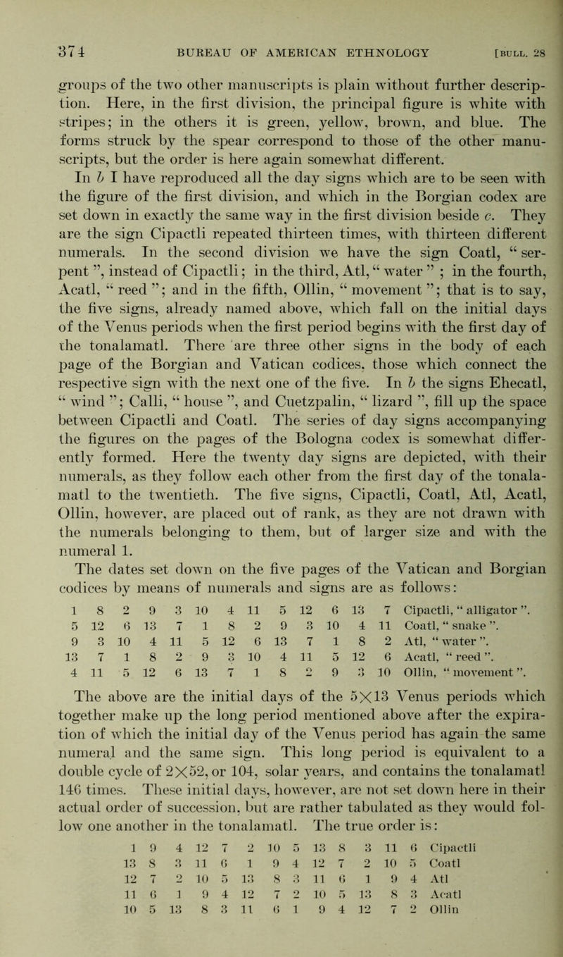 groups of the two other manuscripts is plain without further descrip- tion. Here, in the first division, the principal figure is white with stripes; in the others it is green, yellow, brown, and blue. The forms struck by the spear correspond to those of the other manu- scripts, but the order is here again somewhat different. In b I have reproduced all the day signs which are to be seen with the figure of the first division, and which in the Borgian codex are set down in exactly the same way in the first division beside c. They are the sign Cipactli repeated thirteen times, with thirteen different numerals. In the second division we have the sign Coatl, “ ser- pent ”, instead of Cipactli; in the third, Atl, “ water ” ; in the fourth, Acatl, “ reed and in the fifth, Ollin, “ movement that is to say, the five signs, already named above, which fall on the initial days of the Venus periods when the first period begins with the first day of the tonalamatl. There are three other signs in the body of each page of the Borgian and Vatican codices, those which connect the respective sign with the next one of the five. In b the signs Ehecatl, “ wind ”; Calli, “ house ”, and Cuetzpalin, “ lizard ”, fill up the space between Cipactli and Coatl. The series of day signs accompanying the figures on the pages of the Bologna codex is somewhat differ- ently formed. Here the twenty day signs are depicted, with their numerals, as they follow each other from the first day of the tonala- matl to the twentieth. The five signs, Cipactli, Coatl, Atl, Acatl, Ollin, however, are placed out of rank, as they are not drawn with the numerals belonging to them, but of larger size and with the numeral 1. The dates set down on the five pages of the Vatican and Borgian codices by means of numerals and signs are as follows: 1 8 2 9 3 10 4 11 5 12 6 13 7 Cipactli, “ alligator ”. 5 12 6 13 718293 10 4 11 Coatl, “ snake ”. 9 3 10 4 11 5 12 6 13 7 1 8 2 Atl, “water”. 13 7 1 8 2 9 3 10 4 11 5 12 6 Acatl, “reed”. 4 11 5 12 6 13 7 1 8 2 9 3 10 Ollin, “movement”. The above are the initial days of the 5X13 Venus periods which together make up the long period mentioned above after the expira- tion of which the initial day of the Venus period has again the same numeral and the same sign. This long period is equivalent to a double cycle of 2X52, or 104, solar years, and contains the tonalamatl 146 times. These initial days, however, are not set down here in their actual order of succession, but are rather tabulated as they would fol- low one another in the tonalamatl. The true order is: 1 9 4 12 7 2 10 5 13 8 3 11 6 Cipactli 13 8 3 11 6 1 9 4 12 7 2 10 5 Coatl 12 7 2 10 5 13 8 3 11 6 1 9 4 Atl 11 6 1 9 4 12 7 2 10 5 13 8 3 Acatl