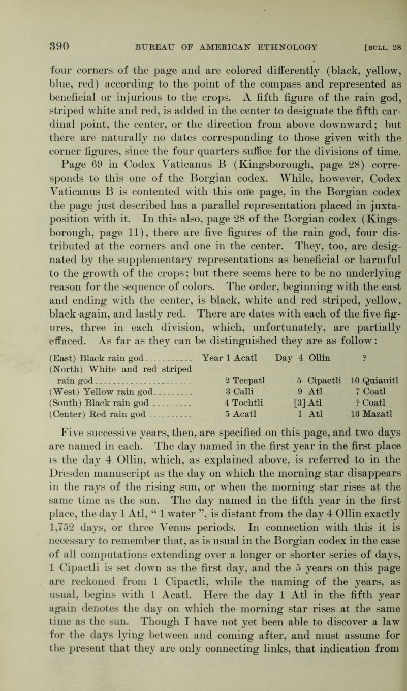 four corners of the page and are colored differently (black, yellow, blue, red) according to the point of the compass and represented as beneficial or injurious to the crops. A fifth figure of the rain god, striped white and red, is added in the center to designate the fifth car- dinal point, the center, or the direction from above downward; but there are naturally no dates corresponding to those given with the corner figures, since the four quarters suffice for the divisions of time. Page 69 in Codex Vaticanus B (Kingsborough, page 28) corre- sponds to this one of the Borgian codex. While, however, Codex Vaticanus B is contented with this one page, in the Borgian codex the page just described has a parallel representation placed in juxta- position with it. In this also, page 28 of the Borgian codex (Kings- borough, page 11), there are five figures of the rain god, four dis- tributed at the corners and one in the center. They, too, are desig- nated by the supplementary representations as beneficial or harmful to the growth of the crops; but there seems here to be no underlying reason for the sequence of colors. The order, beginning with the east and ending with the center, is black, white and red striped, yellow, black again, and lastly red. There are dates with each of the five fig- ures, three in each division, which, unfortunately, are partially effaced. As far as they can be distinguished they are as follow: (East) Black rain god Year 1 Acatl (North) White and red striped rain god 2 Tecpatl (West) Yellow rain god 3 Calli (South) Black rain god 4 Tochtli (Center) Red rain god 5 Acatl Day 4 Ollin ? 5 Cipactli 10 Quiauitl 9 Atl 7 Coatl [3] Atl ? Coatl 1 Atl 13 Mazatl Five successive years, then, are specified on this page, and two days are named in each. The day named in the first year in the first place is the day 4 Ollin, which, as explained above, is referred to in the Dresden manuscript as the day on which the morning star disappears in the rays of the rising sun, or when the morning star rises at the same time as the sun. The day named in the fifth year in the first place, the day 1 Atl, “ 1 water ”, is distant from the day 4 Ollin exactly 1,752 days, or three Venus periods. In connection with this it is necessary to remember that, as is usual in the Borgian codex in the case of all computations extending over a longer or shorter series of days, 1 Cipactli is set down as the first day, and the 5 years on this page are reckoned from 1 Cipactli, while the naming of the years, as usual, begins with 1 Acatl. Here the day 1 Atl in the fifth year again denotes the day on which the morning star rises at the same time as the sun. Though I have not yet been able to discover a law for the days lying between and coming after, and must assume for the present that they are only connecting links, that indication from