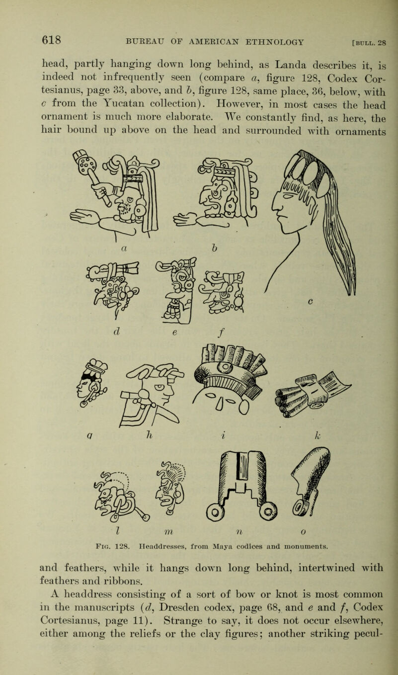 head, partly hanging down long behind, as Landa describes it, is indeed not infrequently seen (compare a, figure 128, Codex Cor- tesianus, page 33, above, and b, figure 128, same place, 36, below, with c from the Yucatan collection). However, in most cases the head ornament is much more elaborate. We constantly find, as here, the hair bound up above on the head and surrounded with ornaments Fig. 128. Headdresses, from Maya codices and monuments. and feathers, while it hangs down long behind, intertwined with feathers and ribbons. A headdress consisting of a sort of bow or knot is most common in the manuscripts (d, Dresden codex, page 68, and e and /, Codex Cortesianus, page 11). Strange to say, it does not occur elsewhere, either among the reliefs or the clay figures; another striking pecul-