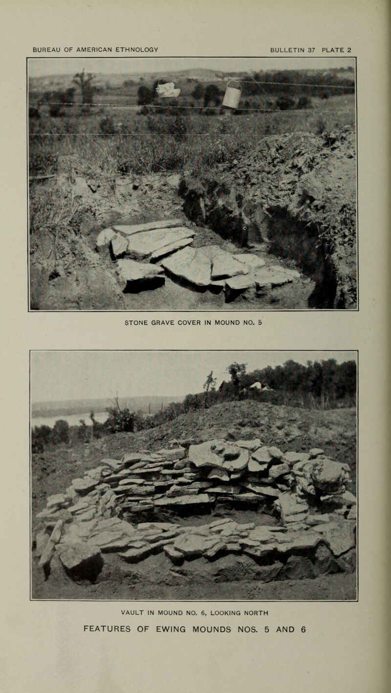 STONE GRAVE COVER IN MOUND NO. 5 VAULT IN MOUND NO. 6, LOOKING NORTH FEATURES OF EWING MOUNDS NOS. 5 AND 6