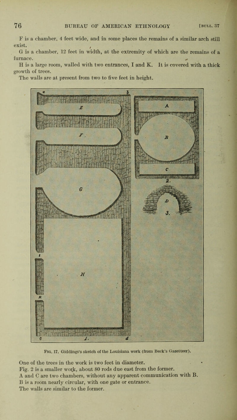F is a chamber, 4 feet wide, and in some places the remains of a similar arch still exist. ! G is a chamber, 12 feet in width, at the extremity of which are the remains of a furnace. ... H is a large room, walled with two entrances, I and K. It is covered with a thick growth of trees. The walls are at present from two to five feet in height. Fig. 17. Giddings’s sketch of the Louisiana work (from Beck’s Gazetteer). One of the trees in the work is two feet in diameter. Fig. 2 is a smaller woid?:, about 80 rods due east from the former. A and C are two chambers, without any apparent communication with B. B is a room nearly circular, with one gate or entrance. The walls are similar to the former.