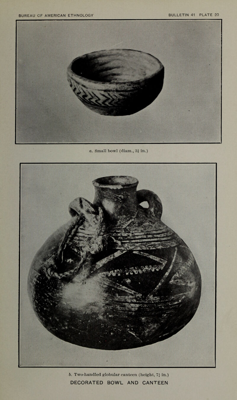 a. Small bowl (diam., 3f in.) b. Two-handled globular canteen (height, in.) DECORATED BOWL AND CANTEEN