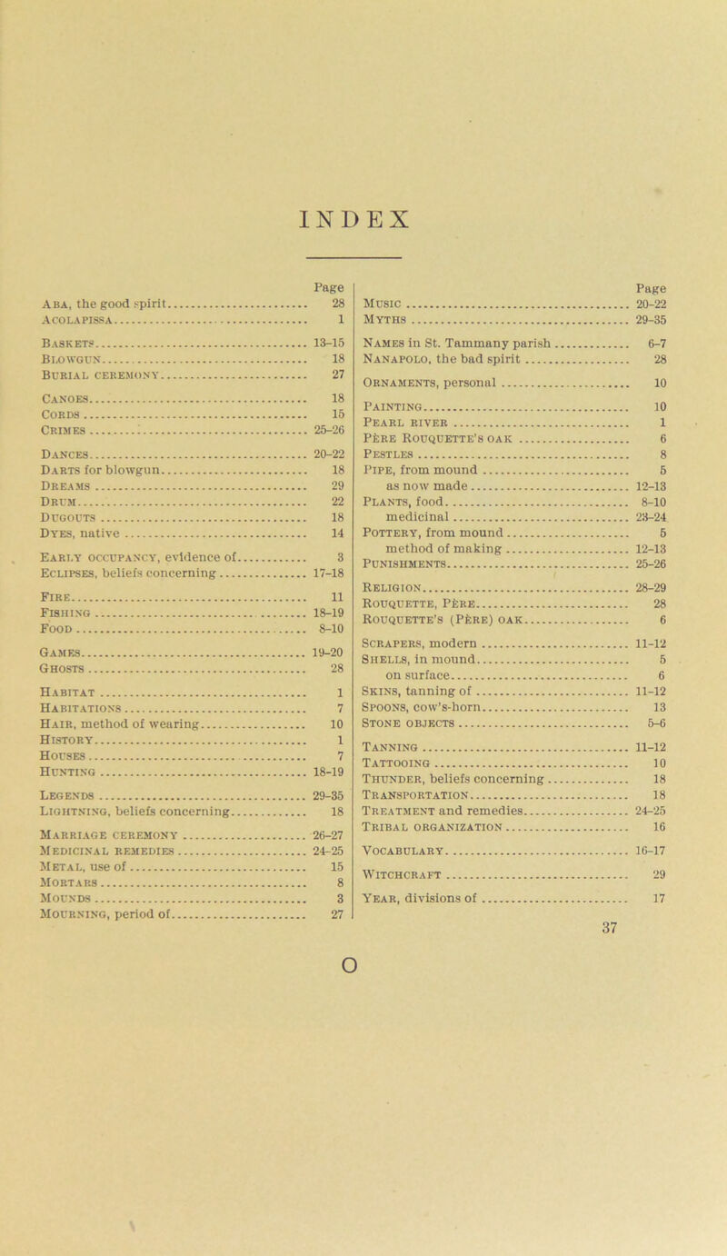 INDEX Page Aba, the good spirit 28 Acolapissa 1 Baskets 13-15 Bi.owgun 18 Burial ceremony 27 Canoes 18 Cords 15 Crimes i 25-26 Dances 20-22 Darts for blowgun 18 Dreams 29 Drum 22 Dugouts 18 Dyes, native 14 Early occupancy, evidence of 3 Eclipses, beliefs concerning 17-18 Fire 11 Fishing 18-19 Food 8-10 Games 19-20 Ghosts 28 Habitat 1 Habitations 7 Hair, method of wearing 10 History 1 Houses 7 Hunting 18-19 Legends 29-35 Lightning, beliefs concerning 18 Marriage ceremony 26-27 Medicinal remedies 24-25 Metal, use of 15 Mortars 8 Mounds 3 Mourning, period of 27 Page Music 20-22 Myths 29-35 Names in St. Tammany parish 6-7 Nanapolo, the bad spirit 28 Ornaments, personal 10 Painting 10 Pearl river 1 PfeRE ROUQUETTE’S OAK 6 Pestles 8 Pipe, from mound 5 as now made 12-13 Plants, food 8-10 medicinal 23-24 Pottery, from mound 5 method of making 12-13 Punishments 25-26 Religion 28-29 Rouquette, P£re 28 ROUQUETTE’S (PfSRE) OAK 6 Scrapers, modern 11-12 Shells, in mound 5 on surfnce 6 Skins, tanning of 11-12 Spoons, cow’s-horn 13 Stone objects 5-6 Tanning 11-12 Tattooing 10 Thunder, beliefs concerning 18 Transportation 18 Treatment and remedies 24-25 Tribal organization 16 Vocabulary 16-17 Witchcraft 29 Year, divisions of 17 37 o