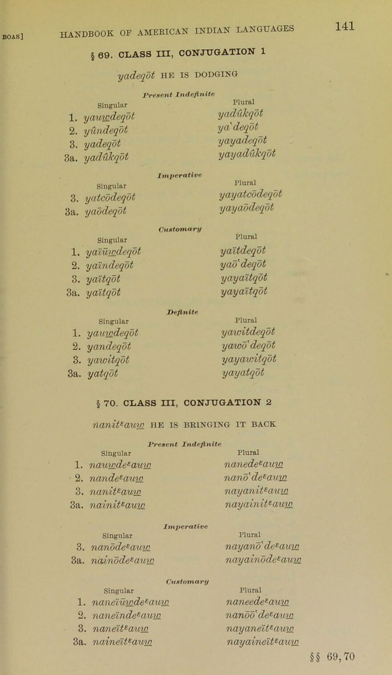 BOAS] HANDBOOK OF AMERICAN INDIAN LANGUAGES § 09. CLASS III, CONJUGATION 1 yadeqot HE IS DODGING Present Indefinite Singular 1. yauindeqot 2. yundeqdt 3. yadeqot 3a. yadukqot Plural yaduhqot yadeqot yayadeqot yayadCikqot Singular 3. yatcodeqot 3a. yaodeqot Imperative Plural yayatcodeqot yayaodeqot Singular 1. yaiumdeqot 2. yamdeqot 3. yaltqot 3a. yaltqot Customary Plural yaltdeqot yao'deqot yaya/itqdt yayaitqdt Singular 1. yauw-deqot 2. yandeqM 3. yawitqdt 3a. yatqdt Definite Plural yawitdeqot yawodeqdt yayawitqdt yayatqdt § 70. CLASS III, CONJUGATION 2 nanit^auw he is bringing it back Present Indefinite Singular 1. nauvide^aum 2. nande^aum 3. nanit^auw. 3a. nainit^aum Plural nanede^aum nano de^aum nayanit^aum nayainit^auw Imperative Singular 3. nandde^aum 3a. naindde^auw. Plural nayano' de^aum nayaindde^aum Customary Singular 1. nanemw-de^auw. 2. naneinde^aum 3. naneit^OMw. 3a. naineU^auw Plural naneede^auin nando^ de^aum nayanelt^auw. nayaineit^aum §§ 69,70