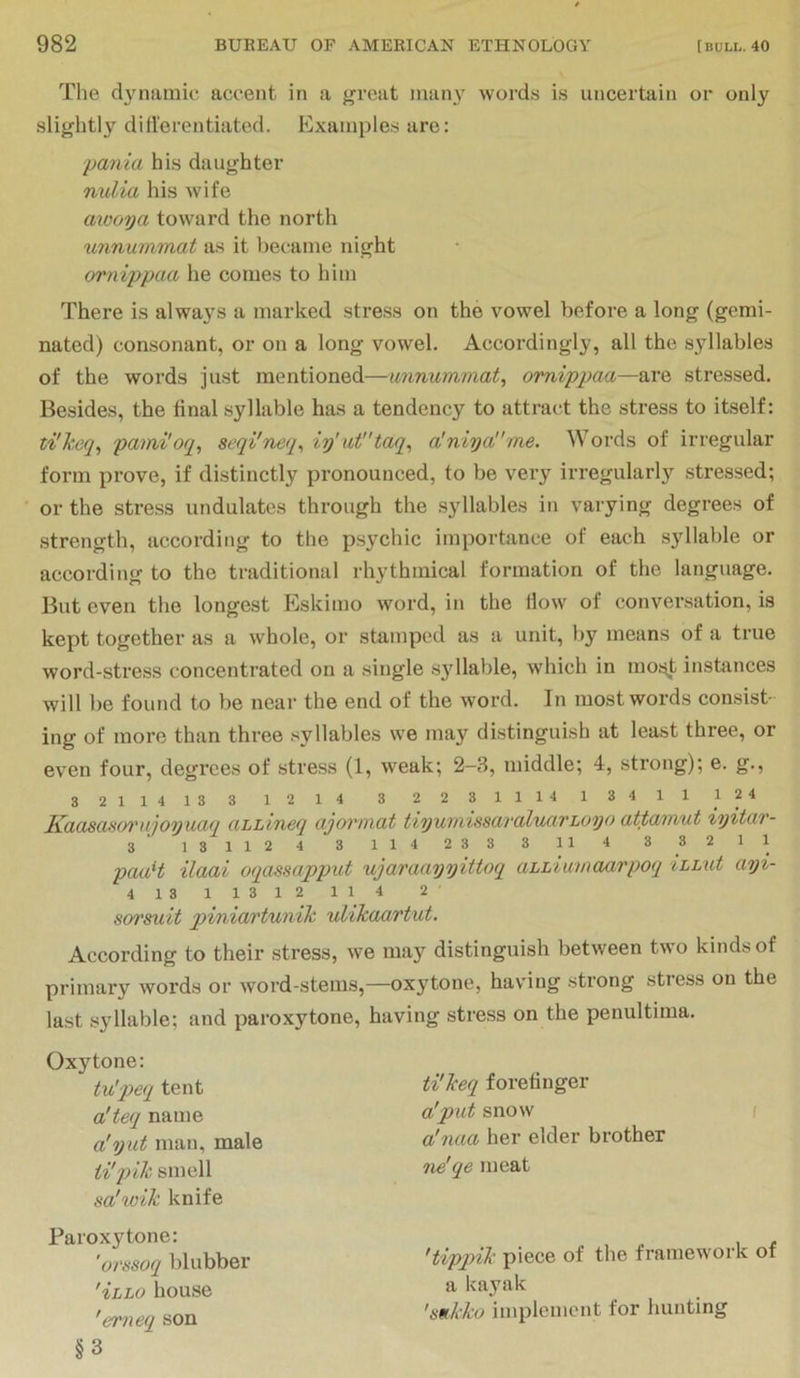 The dynamic accent in a great maii}^ words is uncertain or only slightly dill'erentiated. Examples are: pallia his daughter milia his wife aiooya toward the north unnummat as it liecame night ornippaa he comes to him There is always a marked stress on the vowel before a long (gemi- nated) consonant, or on a long vowel. Accordingly, all the syllables of the words just mentioned—unnummat^ omippaa—are stressed. Besides, the final syllable has a tendency to attract the stress to itself: ti'lceq^ pami'oq, seqi'neq^ iy'uf'taq^ a!niyame. Words of irregular form prove, if distinctly pronounced, to be very irregularly stressed; or the stress undulates through the syllables in varying degrees of strength, according to the p.sychic importance of each syllable or according to the traditional rhythmical formation of the language. But even the longest Eskimo word, in the flow of conversation, is kept together as a whole, or stamped as a unit, by means of a true word-stress concentrated on a single sydlable, which in most instances will be found to be near the end of the word. In most words consist- ing of more than three syllables we may distinguish at least three, or even four, degrees of stress (1, weak; 2-3, middle; 4, strong); e. g., 321141331214 3223111413411124 Kaasasiyi'ujoyuaq aLLineq ajovniat tiyuviissavaluavLuyo atfavvut iyitav- 3 131124 31142333114 33211 paaH ilaai oqassapput ujaraayyittoq aLLiumaarpoq iLLut ayi- 4 13 11312 114 2 sorsuit piniartunik ulikaartut. According to their stress, we may distinguish between two kinds of primary words or word-stems,—oxytone, hav’ing strong stress on the last syllable; and paroxytone, having stress on the penultima. Oxytone: tu'peq tent a'teq name a'yut man, male ti'pik smell sa\oik knife Paroxytone: 'orssoq lilubber 'itLO house 'erneq son §3 ti'keq forefinger a!put snow i a'naa her elder brother ne'qe meat 'tippik piece of the framework of a kayak 'mkku implement for hunting