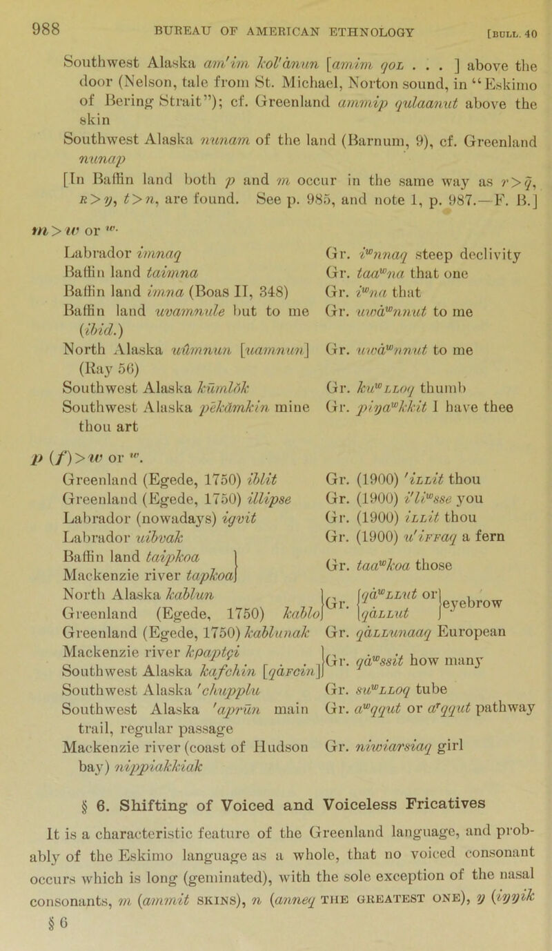 Southwest Alaska am'ini I'oVanun \amivi qoL . . . ] above the door (Nelson, tale from St. Michael, Norton sound, in “Eskimo of Berin^f Strait”); cf. Greenland ammip qulaanut above the skin Southwest Alaska nunam of the land (Barnum, 9), cf. Greenland ti'unap [In Baffin land both p and m occur in the same way as ?’>y, R>y^ t>n^ are found. See p. 985, and note 1, p. 987.—F. B.J m > w or Labrador ininaq Ballin land taimna Baffin land imna (Boas IT, 348) Baffin land uvamnule hut to me {ihid.) North Alaska uiLmnun \;uamnun\ (Ray 56) Southwest Alaska kumlok Southwest Alaska pekilmkin mine thou art Gr. i'^nnaq steep declivity Gr. taaFna that one Gr. i^na that Gr. uway^nimt to me Gr. ^i'U'd'^7in'ut to me Gr. ku'^LLoq thuml) (Tr. ■piya^kkit 1 have thee l> {f)>'iv or Greenland (Egede, 1750) ihlit Greenland (Egede, 1750) illipse Labrador (nowadays) igvit Labrador uihvak Baffin land taij)koa Mackenzie river tapkoa North Alaska kdblun Greenland (Egede, 1750) kahlo Greenland (Egede, VI50) kahlunak Mackenzie river kpaptgi Southwest Alaska kafchin {qdFcin\ Southwest Alaska 'chupplu Southwest Alaska 'ajyi'un main trail, regular passage Mackenzie river (coast of Fludson bay) nippiakkiak Gr. (1900) 'iiLit thou Gr. (1900) i'l'O^sse you Gr. (1900) ihLit thou Gr. (1900) u'lFFaq a fern Gr. taa'^koa those ,, [qaPLL'ut or , Gr. r. , eyebrow XqaLLut J Gr. qdhLunaaq European 'Gr. qd^ssit how many Gr. su^LLoq tube Gr. a^qqiit or aTqqut pathway Gr. niwiarsiaq girl § 6. Shifting of Voiced and Voiceless Fricatives It is a characteristic feature of the Greenland language, and prob- abl}'^ of the Eskimo language as a whole, that no voiced consonant occurs which is long (geminated), with the sole exception of the nasal consonants, m {ammit skins), n {anneq the greatest one), y {lyyik §G