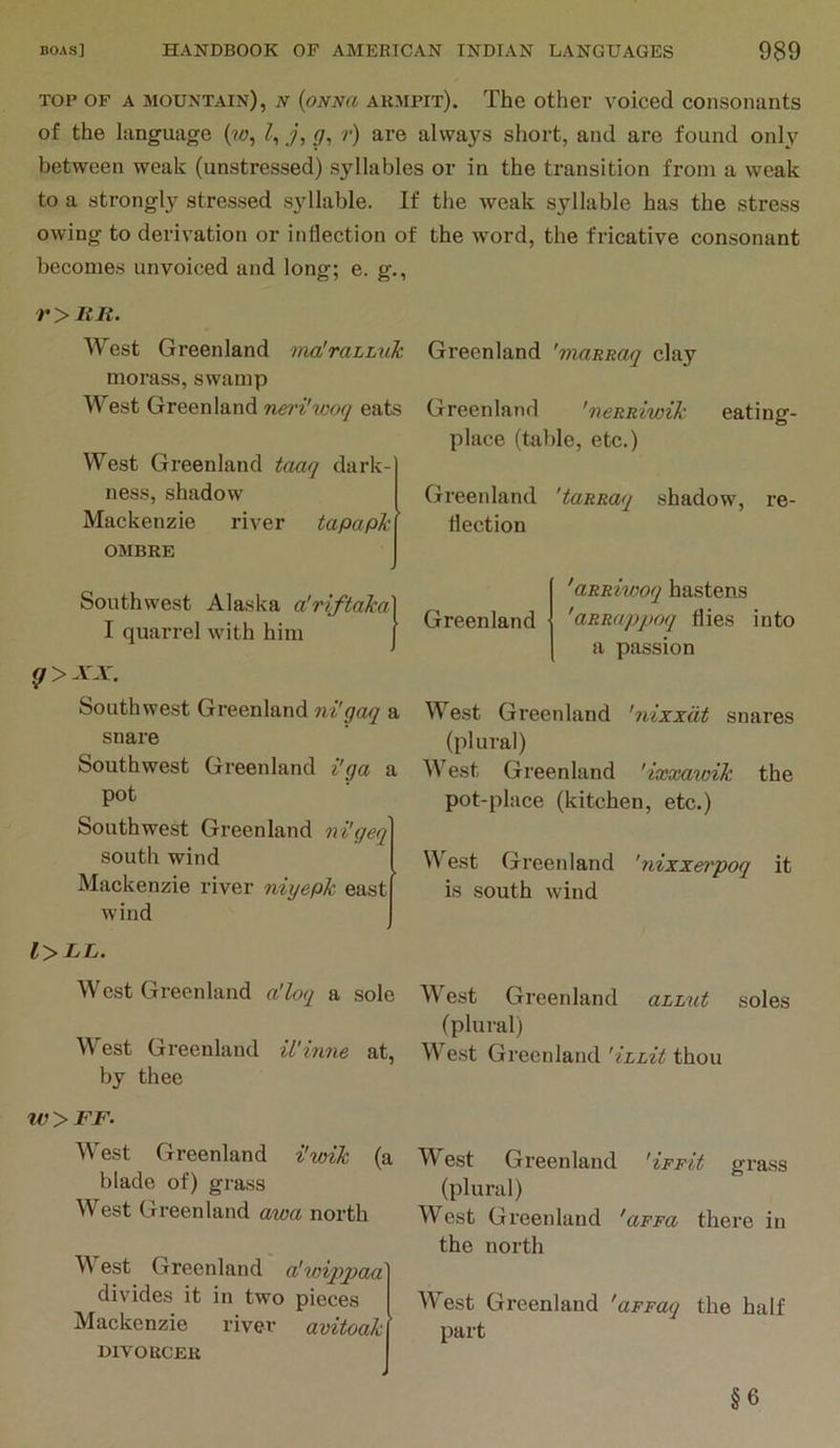 TOP OF A mountain), n {oNN(t armpit). The other voiced consonants of the language (w, I, j, g, r) are always short, and are found only between weak (unstressed) syllables or in the transition from a weak to a strongly stressed syllable. If the weak syllable has the stress owing to derivation or inflection of the word, the fricative consonant becomes unvoiced and long; e. g., r > It It. West Greenland ma'raLLuJc Greenland 'maRmq clay morass, swamp West Greenland neri'woq eats Greenland 'neuRiwik eating- place (table, etc.) West Greenland taaq dark-] ness, shadow Greenland 'taRRaq shadow, re- Mackenzie river tapapM flection OMBRE Southwest Alaska a'riftaka\ I quarrel with him j </>AX. Southwest Greenland ni'gaq a snare Southwest Greenland i'ga a pot Southwest Greenland ni'geq south wind Mackenzie river nixyepk east wind Greenland 'aRR-iwoq hastens 'aRRappoq flies into a passion West Greenland 'nixxdt snares (plural) West Greenland 'ixxawik the pot-place (kitchen, etc.) West Greenland 'nixxet'poq it is south wind 1>LL. West Greenland a'loq a sole West Greenland aLLut soles (plural) M est Gieenland ilinne at. West Greenlandthou by thee W>FF. West Greenland i'wik (a blade of) grass West Greenland awa north M est Greenland alioiqypaa divides it in two pieces Mackenzie river avitoak ’ DIVORCER West Greenland 'iffU grass (plural) West Greenland 'aFFa there in the north West Greenland 'aFFaq the half part §6