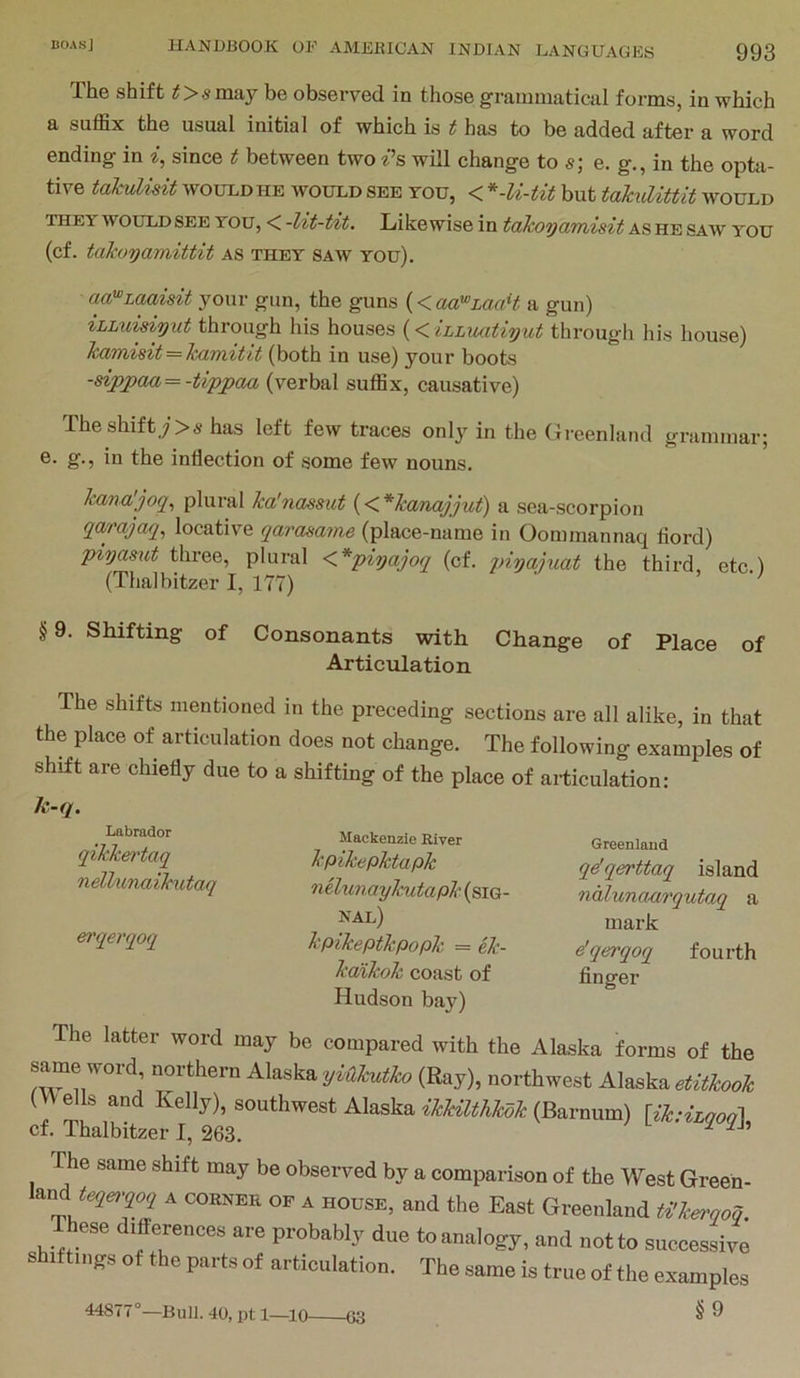 The shift z;>smay be observed in those grammatical forms, in which a suffix the usual initial of which is t has to be added after a word ending in since t between two ^’s will change to e. g., in the opta- tive tahdiMt WOULD HE WOULD SEE YOU, < but tahulittit would THEY WOULD SEE YOU, < -lit-tit. Likewise in taJcoyctmisit asjie, saw you (cf. takoyamittit as they saw you). aa^Laaisit your gun, the guns {Kau'^LaaH a gun) iLLuidyut through his {<iLLuatiyut through his house) kam,isit = Jcamitit (both in use) your boots -sippaa=--Uppaa (verbal suffix, causative) Theshift.;>shas left few traces only in the Greenland grammar; e. g., in the inflection of some few nouns. kanajoq^ plural Jcofnassut (< ^kdnajjut) a sea-scorpion qamjaq, locative qarasame (place-name in Oommannaq fiord) piyamt three, plural <*piyajoq (cf. piyajuat the third, etc) (Thalbitzer I, 177) ' §9. Shifting of Consonants with Change of Place of Articulation The shifts mentioned in the preceding sections are all alike, in that the place of articulation does not change. The following examples of shift are chiefly due to a shifting of the place of articulation: k-q. Labrador qikkertaq nellunaihutaq erqerqoq Mackenzie River kpikepktapk nelunaykutapk (sig- nal) kpikeptkpopk = ek- kdikok coast of Hudson bay) Greenland qdqerttaq island ndlunaarqutaq a mark e'qerqoq fourth finger The latter word may be compared with the Alaska forms of the same word, northern K\^^\.^yUkutko (Ray), northwest etitkook (^ffils and Kelly), southwest Alaska (Barnum) \^k:iLqoQ^ cf. Thalbitzer 1, 263. ^ The same shift may be observed by a comparison of the West Green- land A CORNER OF A HOUSE, and the East Greenland merqo~q. ese differences are probably due to analogy, and notto successive shiftings of the parts of articulation. The same is true of the examples §9 44877°—Bull. 40, pt 1—10 63