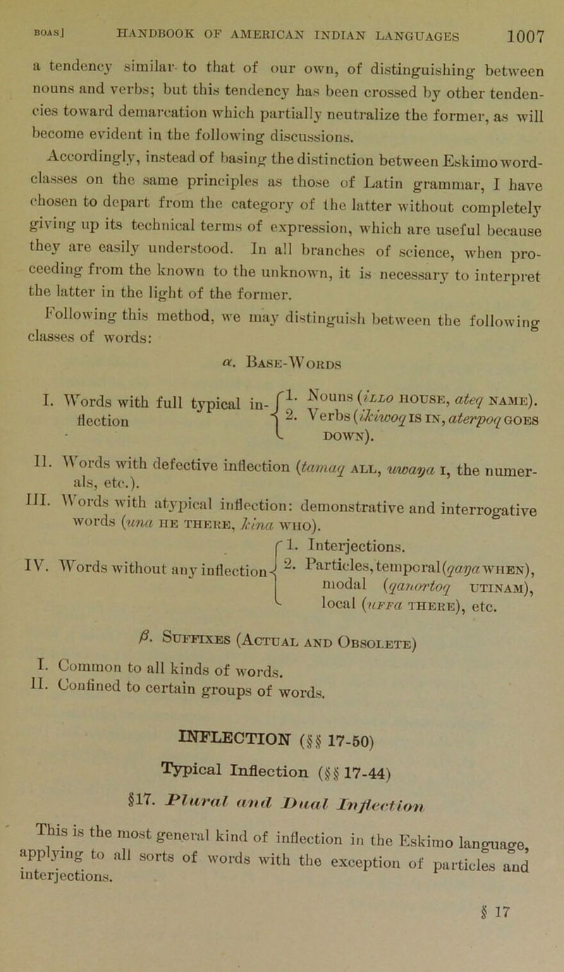 a tendency siuiilav- to that of our own, of distinguishing between nouns and verbs; but this tendency has been crossed by other tenden- cies toward demarcation which partially neutralize the former, as will become evident in the following discussions. Accoidingly, instead of basing the distinction between Eskimo word- classes on the same principles as those of Latin grammar, I have chosen to depart from the category of the latter without completely giving up its technical terms of expression, which are useful because they are easily understood. In all branches of science, when pro- ceeding from the known to the unknown, it is necessary to interpret the latter in the light of the former. Following this method, we may distinguish between the following classes of words: O'. Base-Words I. Words with full typical in-{illo house, ateq name). flection ) A down). II. Words with defective inflection {taviaq all, uwaoja i, the numer- als, etc.). III. ords with atyjiical inflection: demonstrative and interrogative words {una he there, Jdna wiio). r 1. Interjections. IV. Words without any inflection^ ^^^’^^^‘^®®5temporal((^a7?aAVHEN), modal {qanm'ioq utinam), local {uFFa there), etc. /?. Suffixes (Actual and Obsolete) I. Common to all kinds of words. II. Confined to certain groups of words. inflection (§§ 17-50) Typical Inflection (§§17-44) §17* (ifkI, JJtiiil hfijiectio'n This IS the most general kind of inflection in the Eskimo language applying to all sorts of words with the exception of particles and interjections.